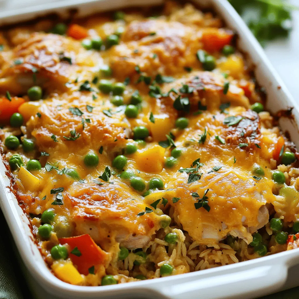 When you want to make Savory Chicken and Rice Bake, you need the right ingredients. Here’s the complete list: - 2 cups uncooked brown rice - 4 cups chicken broth - 1 lb boneless, skinless chicken thighs, cut into bite-sized pieces - 1 medium onion, diced - 2 cloves garlic, minced - 1 bell pepper (any color), diced - 1 cup frozen peas - 1 teaspoon paprika - 1 teaspoon dried thyme - 2 teaspoons olive oil - Salt and pepper to taste - 1 cup shredded cheddar cheese These ingredients create a hearty dish full of flavor. Using brown rice adds a nutty taste and a nice texture. Chicken thighs stay juicy and tender during cooking. The onion, garlic, and bell pepper bring sweetness and depth to each bite. Don’t forget the cheese! It melts beautifully on top. This dish not only fills you up but also warms your heart. For the full recipe, check out the details above. 1. Preheat the oven and gather ingredients: First, set your oven to 375°F (190°C). Gather all your ingredients to make cooking easier. You’ll need uncooked brown rice, chicken broth, chicken thighs, onion, garlic, bell pepper, frozen peas, spices, and cheese. 2. Sauté onions, garlic, and bell pepper: In a large skillet, heat 2 teaspoons of olive oil over medium heat. Add the diced onion and cook until it looks clear, about 5 minutes. Then, stir in the minced garlic and diced bell pepper. Cook for another 3 minutes until they soften. 3. Combine all ingredients in a mixing bowl: In a large mixing bowl, mix the uncooked brown rice, chicken broth, the sautéed onion mix, chicken pieces, peas, paprika, thyme, salt, and pepper. Stir the mix well to spread the rice evenly. 1. Transfer mixture to baking dish: Pour the mixture into a greased 9x13-inch baking dish. Spread it out so it cooks evenly. 2. Cover and bake for initial cooking time: Cover the dish tightly with aluminum foil. Place it in the preheated oven and bake for 30 minutes. This helps the rice absorb the broth and flavors. 3. Uncover, add cheese, and complete baking: After 30 minutes, remove the foil. Stir the mixture gently to combine. Then, sprinkle 1 cup of shredded cheddar cheese on top. Return the dish to the oven without the foil and bake for another 15-20 minutes, until the chicken is cooked and the rice is tender. 1. Let it rest before serving: Once it is done, take the dish from the oven. Let it sit for 5 minutes to cool and set. 2. Suggested serving suggestions: You can serve the bake right from the dish. For a nice touch, transfer portions to warm bowls. Add fresh parsley on top for color. This makes your meal look and taste great. If you want the full recipe, check out the Full Recipe section above. To ensure perfectly cooked rice, use the right ratio of liquid to rice. For this recipe, mix 2 cups of uncooked brown rice with 4 cups of chicken broth. This gives the rice enough moisture to cook well. Always check the rice for doneness before serving. If it seems undercooked, add a splash of broth and bake a bit longer. Best practices for seasoning include tasting as you cook. Add salt and pepper in small amounts. You can always add more, but you can't take it out once it's in. Use fresh herbs like thyme or parsley for vibrant flavor. Paprika adds a nice touch; it brings warmth without too much heat. Pair your chicken and rice bake with sides like a fresh green salad. A simple cucumber and tomato salad works great. You can also serve it with steamed broccoli for a healthy touch. This meal looks great served right from the dish. For a special touch, spoon servings into warm bowls. Garnish with fresh parsley for color. For this recipe, you need a large skillet for sautéing. A good mixing bowl is also essential for combining your ingredients. A 9x13-inch baking dish is perfect for even cooking. You might want to use a glass dish for easy monitoring. It helps to see how the food is cooking. A spatula is handy for stirring and serving, too. {{image_2}} You can change the protein in this dish easily. Instead of chicken thighs, try using chicken breast, turkey, or even shrimp. For a meat-free option, tofu or tempeh works well. Adding vegetables can boost flavor and nutrition. Consider using broccoli, carrots, or zucchini. They add color and crunch to the bake. You can also toss in spinach or kale for a nutrient kick. Herbs and spices can change this dish's taste. Try rosemary or oregano for a different twist. You can also mix in some cumin or chili powder for a warm, earthy flavor. If you want some heat, add a pinch of red pepper flakes or diced jalapeños. For a touch of sweetness, consider mixing in some corn or a drizzle of honey. For a gluten-free version, swap the brown rice with quinoa or use gluten-free rice. Check the chicken broth for gluten-free labels or make your own. If you want a vegan or vegetarian dish, use vegetable broth and replace the chicken with chickpeas or lentils. This keeps the meal filling and satisfying while aligning with plant-based diets. For the full recipe and detailed instructions, check out the Full Recipe section. After enjoying your Savory Chicken and Rice Bake, you might have some leftovers. It’s best to store them properly to keep the flavors fresh. - Refrigeration: Allow the dish to cool down first. Then, place it in an airtight container. Store it in the fridge for up to 3 days. Make sure to label the container with the date. - Freezing: For longer storage, you can freeze the leftovers. Use a freezer-safe container or heavy-duty freezer bags. Make sure to remove as much air as possible. This way, the bake can last for up to 3 months in the freezer. When it's time to enjoy your leftovers, proper reheating is key to keeping it tasty. - Reheating without drying out: Always add a splash of water or chicken broth before reheating. This helps keep the dish moist. - Microwave vs. Oven: For quick reheating, use the microwave. Heat in 1-minute intervals, stirring in between. If you prefer the oven, preheat it to 350°F (175°C). Cover the dish with foil and heat for about 20 minutes. This method will keep it crispy on top while warming it through. For the full recipe, check out the [Full Recipe] section. Can I use white rice instead of brown rice? Yes, you can use white rice. It cooks faster than brown rice. To adjust, use the same volume of white rice but reduce the chicken broth to 3 cups. Check the rice halfway through cooking to avoid overcooking. How can I make this dish in a slow cooker? To make this in a slow cooker, add all ingredients to the pot. Cook on low for 4 to 6 hours or high for 2 to 3 hours. Stir occasionally and check the chicken for doneness. What to do if the rice is undercooked? If the rice is undercooked, add a little more chicken broth. Cover and bake for an additional 10 to 15 minutes. This will help soften the rice without drying it out. Can I double the recipe for larger gatherings? Yes, you can double the recipe. Use a larger baking dish to fit all the ingredients. You might need to increase the cooking time by 10 to 15 minutes, so check for doneness. What can I substitute for chicken broth? If you don’t have chicken broth, use vegetable broth or water. You can also make a quick broth with bouillon cubes. Just mix the cubes with hot water. How to modify the recipe for a different dietary need? For gluten-free needs, use gluten-free broth and ensure your rice is certified gluten-free. For a vegetarian version, replace the chicken with mushrooms or tofu and use vegetable broth instead. This blog post covered a delicious chicken and rice dish. You learned the ingredients, step-by-step instructions, and cooking tips. We also explored variations and storage info, plus answered common questions. I hope you feel ready to try this recipe. It's tasty and flexible for your needs. Enjoy cooking and sharing this meal with your loved ones!