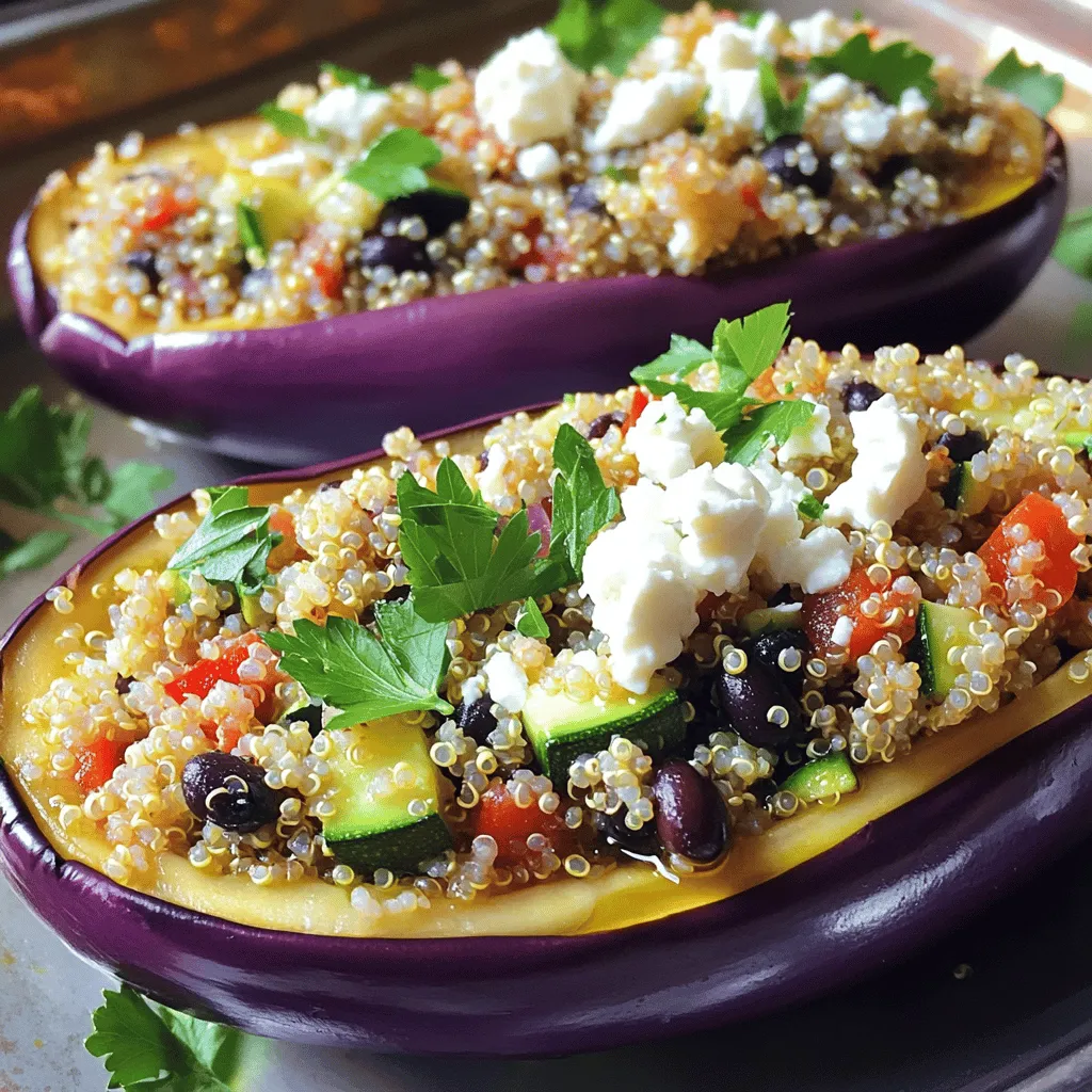 - 2 medium eggplants - 1 cup quinoa, rinsed - 2 cups vegetable broth - 1 small onion, diced - 2 cloves garlic, minced - 1 red bell pepper, finely chopped - 1 zucchini, diced - 1 can (15 oz) black beans, drained and rinsed - 1 teaspoon ground cumin - 1 teaspoon smoked paprika - Salt and pepper to taste - 1/2 cup chopped fresh parsley - 1/4 cup crumbled feta cheese (optional) - 2 tablespoons olive oil - Juice of 1 lemon In this stuffed eggplant recipe, we use fresh, wholesome ingredients. The eggplants form a great base. They soak in all the flavors. Quinoa brings a nice crunch and protein. You can use any vegetable broth you like. I prefer a low-sodium variety. For the filling, I love adding diced onion, garlic, and bell pepper. These add depth and sweetness. Zucchini keeps the mixture moist. Don’t forget about the black beans for added texture and protein. They make each bite hearty. Seasonings like cumin and smoked paprika give a warm flavor. Adjust salt and pepper to fit your taste. Fresh parsley brightens the dish. If you like cheese, sprinkle feta on top for a creamy finish. You can find the full recipe above, which will guide you step-by-step. Enjoy creating this flavorful and hearty dish! - Preheat the oven to 375°F (190°C). - Cut the eggplants in half lengthwise and scoop out the flesh. Start by slicing the eggplants in half. Use a spoon to remove the insides, leaving a thin wall. This will make a sturdy boat for the filling. Keep the scooped-out flesh for later; it adds flavor to the dish. - Combine rinsed quinoa and vegetable broth in a medium saucepan. - Bring to a boil, then simmer until fluffy. Rinse the quinoa under cold water to remove any bitter taste. In a saucepan, combine the quinoa with vegetable broth. Bring it to a boil, then lower the heat. Cover and simmer for about 15 minutes. The quinoa will become fluffy and absorb all the broth. - Heat olive oil and add diced onion, cooking until translucent. - Stir in garlic, red bell pepper, and zucchini, cooking until tender. In a large skillet, heat olive oil over medium heat. Add the diced onion and cook until it becomes soft and see-through. Then add minced garlic, chopped bell pepper, and diced zucchini. Stir this mix until the veggies are tender and bright in color. - Incorporate chopped eggplant flesh, black beans, and spices into the skillet. - Fold in cooked quinoa, parsley, and lemon juice. Now, add the reserved eggplant flesh to the skillet along with black beans, ground cumin, and smoked paprika. Stir well and let it cook for a few more minutes. Once everything is heated, fold in the fluffy quinoa, fresh parsley, and a squeeze of lemon juice. This combo brings in great flavor and texture. - Spoon the filling into hollowed-out eggplant halves. - Bake covered for 25 minutes, then remove foil and bake until golden. Spoon the filling into each eggplant half, packing it in tightly. Place the stuffed eggplants in a baking dish and cover with foil. Bake these in the oven for 25 minutes. After that, remove the foil and bake until the tops are golden and the eggplants are soft. Enjoy this burst of flavors! For the full recipe, check out the details provided above. - Rinse quinoa thoroughly before cooking to remove bitterness. - Allow quinoa to rest covered for 5 minutes after cooking. When you rinse quinoa, it gets rid of a coating called saponin. This makes the quinoa taste better. After cooking, letting it rest helps it become fluffy. This is key for great texture in your stuffed eggplant. - Use fresh herbs for a brighter flavor. - Experiment with spices like chili powder or oregano. Fresh herbs like parsley or basil can bring life to your dish. They add a fresh taste that can make a big difference. You can also try spices like chili powder or oregano. They add warmth and depth, making your meal even better. - Garnish with extra parsley or a sprinkle of lemon zest. - Serve alongside a salad for a complete meal. For a beautiful dish, sprinkle some fresh parsley on top. A little lemon zest adds brightness and color. Serving stuffed eggplant with a crisp salad makes it a full meal. It creates a nice balance on your plate and excites the eyes. Check out the Full Recipe for all the details on making this dish! {{image_2}} You can make this dish heartier with meat. - Add ground turkey or beef to the vegetable filling. - Substitute black beans with cooked chicken for extra protein. If you want a different taste, try these swaps. - Use chickpeas instead of black beans for a different texture. - Experiment with different vegetables like spinach or mushrooms. To make a vegan version, follow these tips. - Omit feta cheese for a completely vegan dish. - Use tahini or nutritional yeast for a cheesy flavor without dairy. These variations let you customize your stuffed eggplant with quinoa. The Full Recipe gives you a solid base to start. Enjoy changing it up to fit your taste! Refrigerate leftovers in an airtight container for up to 3 days. This keeps the flavors fresh and the quinoa fluffy. Avoid letting the dish sit out at room temperature for long. Enjoy it as a quick lunch or dinner! Freeze uncooked stuffed eggplants for up to 2 months. This option is great for meal prep. Just place them in a freezer-safe container. When you’re ready to eat, thaw and bake them as needed for a quick meal. Reheat in the oven at 350°F until heated through. This method keeps the eggplant tender and the filling warm. If you're in a rush, you can microwave for quick reheating, but it may affect texture. Enjoy your delicious stuffed eggplant with quinoa, ready in minutes! For the full recipe, check out the details above. Yes, you can substitute with rice, farro, or couscous. Each grain offers a unique taste and texture. Rice is soft and mild. Farro has a nutty flavor and a chewy bite. Couscous cooks fast and soaks up flavors well. Try them to find your favorite! They should be tender when pierced with a fork and slightly caramelized on top. This means they are soft enough to eat and have a nice, rich flavor. If they feel firm, give them more time in the oven. Yes, they are low in calories, high in fiber, and packed with nutrients. The quinoa and vegetables provide protein and vitamins. Eggplants are also full of antioxidants. This dish is good for your body and your taste buds. Absolutely! You can prepare and refrigerate them before baking. Just assemble the eggplants and place them in the fridge. When you're ready, bake them as directed. This makes meal prep easy and convenient. Pair it with a fresh salad or your favorite grain side for a complete meal. A crisp salad adds color and crunch. Quinoa or rice can make the meal more filling. Enjoy experimenting with different sides! Stuffed eggplants offer a fun and tasty way to eat healthy. You learned about the main ingredients, how to prepare and bake them, and some variations to suit your tastes. Use fresh herbs and spices for extra flavor. You can even make these ahead of time for easy meals. With simple steps, you can create a delicious dish that's both nutritious and satisfying. Enjoy experimenting with flavors and sharing this meal with friends and family.