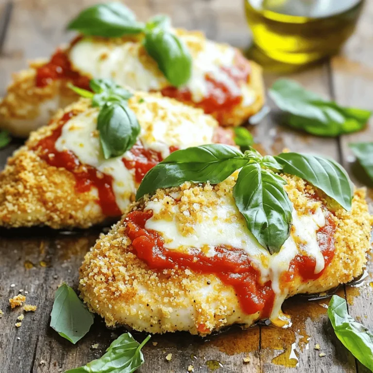 - 4 boneless, skinless chicken breasts - 1 cup breadcrumbs (preferably panko for extra crunch) - 1/2 cup grated Parmesan cheese - 1 teaspoon Italian seasoning - 1 teaspoon garlic powder - Salt and pepper to taste - 1 cup marinara sauce (store-bought or homemade) - 1 1/2 cups shredded mozzarella cheese - Fresh basil leaves for garnish - Olive oil spray When I make Oven-Baked Chicken Parmesan, I love to use fresh and tasty ingredients. The chicken breasts are the star here. They should be boneless and skinless for easy cooking. I prefer panko breadcrumbs for that extra crunch. They give the chicken a nice crispy texture. Mixing the breadcrumbs with Parmesan cheese adds flavor. Italian seasoning and garlic powder bring warmth and depth to the dish. Salt and pepper are must-haves to enhance the taste. The marinara sauce is the next key ingredient. You can use store-bought sauce or make your own. Homemade sauce adds a personal touch. It can elevate the dish even more. For the cheesy goodness, I use shredded mozzarella. It melts beautifully on top of the chicken. Finally, a sprinkle of fresh basil leaves gives a bright finish. - Baking sheet - Parchment paper - Shallow dish for mixing breadcrumbs - Measuring cups and spoons - Meat thermometer (for perfect cooking) In the kitchen, the right tools make cooking easier. A baking sheet lined with parchment paper helps with cleanup. It keeps the chicken from sticking, which is a big win. A shallow dish is perfect for mixing the breadcrumbs and cheese. Measuring cups and spoons are essential for getting the quantities just right. A meat thermometer is a smart tool too. It helps ensure the chicken cooks to the ideal temperature. - Preheat the oven to 400°F (200°C) and line a baking sheet with parchment paper. - In a shallow dish, combine 1 cup of breadcrumbs, 1/2 cup of grated Parmesan cheese, 1 teaspoon of Italian seasoning, 1 teaspoon of garlic powder, and a pinch of salt and pepper. Mix well until all ingredients blend. - Pat 4 boneless, skinless chicken breasts dry with paper towels. Season both sides with salt and pepper. - Lightly spray each chicken breast with olive oil. Dredge the chicken in the breadcrumb mixture. Press down to ensure the crumbs stick well on both sides. - Place the coated chicken breasts on the prepared baking sheet. Bake for 20 minutes until golden and crispy. - Carefully remove the baking sheet from the oven. Spoon marinara sauce over each chicken breast. Be generous with the sauce. - Sprinkle 1 1/2 cups of shredded mozzarella cheese evenly on top of the sauce-covered chicken. - Return the chicken to the oven and bake for another 10 minutes, until the cheese is bubbly and slightly golden. - Once done, take it out of the oven and let it sit for a few minutes. Garnish with fresh basil leaves before serving. You can find the full recipe to guide you through this delicious dish. Choosing the right breadcrumbs makes a big difference. I love using panko breadcrumbs. They create a light and crispy coating that adds great texture. Regular breadcrumbs can work, but they won’t give the same crunch. Another key to crunch is olive oil spray. It helps the breadcrumbs brown nicely. A light spray ensures even cooking and keeps the chicken moist inside. Don’t skip this step! For a flavor boost, add herbs or spices to your breadcrumb mix. Try mixing in dried oregano or parsley. You can also add a pinch of red pepper flakes for some heat. These small changes can make a tasty difference. If you want to up your sauce game, think about homemade marinara. A simple blend of tomatoes, garlic, and onion can make your dish shine. It adds freshness and deep flavor that store-bought sauces might lack. Cooking time can vary based on chicken thickness. Thicker breasts may need more time. Always check the internal temperature. Chicken should reach 165°F for safe eating. This is where a meat thermometer comes in handy. It ensures your chicken is fully cooked, juicy, and safe to eat. With these tips, you can make your Oven-Baked Chicken Parmesan a crunchy and tasty dish. For the full recipe, check the link provided. {{image_2}} You can make your Oven-Baked Chicken Parmesan even more cheesy. Try using different cheeses. Provolone adds a nice flavor. Gouda gives a smoky taste. Both melt well and taste great. If you want creaminess, add a layer of ricotta cheese. Spread it on the chicken before the sauce. This step makes every bite rich and smooth. Want to add some greens? Spinach is a great choice. You can mix it in with the marinara sauce. It boosts nutrition and adds color. Mushrooms are another tasty addition. They bring a nice earthy flavor to the dish. For sides, think about serving with roasted vegetables. Broccoli or zucchini pairs well. You can also add a simple salad for a fresh crunch. If you need gluten-free options, don’t worry! You can swap regular breadcrumbs. Use gluten-free breadcrumbs instead. They work just as well for crunch. Another option is almond flour. It creates a crispy coating that tastes great. This way, everyone can enjoy this dish, no matter their diet. For the full recipe, check out the [Full Recipe]. After enjoying your Oven-Baked Chicken Parmesan, let it cool down. This helps keep the flavors intact. Place the leftovers in an airtight container. Store it in the fridge for up to three days. If you want to keep it longer, consider freezing it. Just remember to separate the chicken from the marinara sauce for the best results. To reheat your chicken, use an oven or an air fryer for the best crunch. Preheat your oven to 350°F (175°C). Place the chicken on a baking sheet and cover it with foil. Heat for about 15-20 minutes. If using an air fryer, set it to 350°F (175°C) and heat for about 8-10 minutes. For a quick option, you can use a microwave. Place the chicken on a microwave-safe plate and cover it with a damp paper towel. Heat for 1-2 minutes, but keep in mind it may not stay crispy. You can freeze unbaked chicken for meal prep. Just coat the chicken breasts as per the recipe and place them in a freezer-safe container. Freeze for up to three months. When you're ready to cook, thaw it overnight in the fridge. Then, bake it according to the Full Recipe instructions. This lets you enjoy a fresh meal without the hassle! To check if your chicken is done, use a meat thermometer. Insert it into the thickest part of the chicken. The safe temperature for cooked chicken is 165°F (75°C). If you don’t have a thermometer, look for visual cues. The chicken should be golden brown and the juices should run clear. No pink should remain inside. Yes, you can prepare this dish ahead of time. Cook the chicken, add the sauce and cheese, then cool it down. Store it in the fridge for up to two days. When ready to eat, reheat in the oven at 350°F (175°C) until hot. This will keep it crunchy. To boost flavor, add fresh herbs like basil or oregano to the breadcrumbs. You can also mix in some red pepper flakes for heat. For the sauce, try adding sautéed onions or garlic. A splash of balsamic vinegar can add depth to your marinara. You can make Oven-Baked Chicken Parmesan healthier by adjusting the recipe. Use whole wheat breadcrumbs instead of regular ones. Reduce the amount of cheese or swap for a low-fat version. For less sodium, make a homemade sauce with fresh tomatoes and herbs. This way, you control the ingredients. This blog post covered how to make a tasty Oven-Baked Chicken Parmesan. We discussed key ingredients, useful tools, and step-by-step instructions. You learned tips for achieving the perfect crunch and some appealing variations. In conclusion, this simple dish offers great flavor and flexibility. You can enjoy it tonight or prep it for later. Explore different ingredients to make it your own. Cooking can be fun and rewarding, so give it a try!