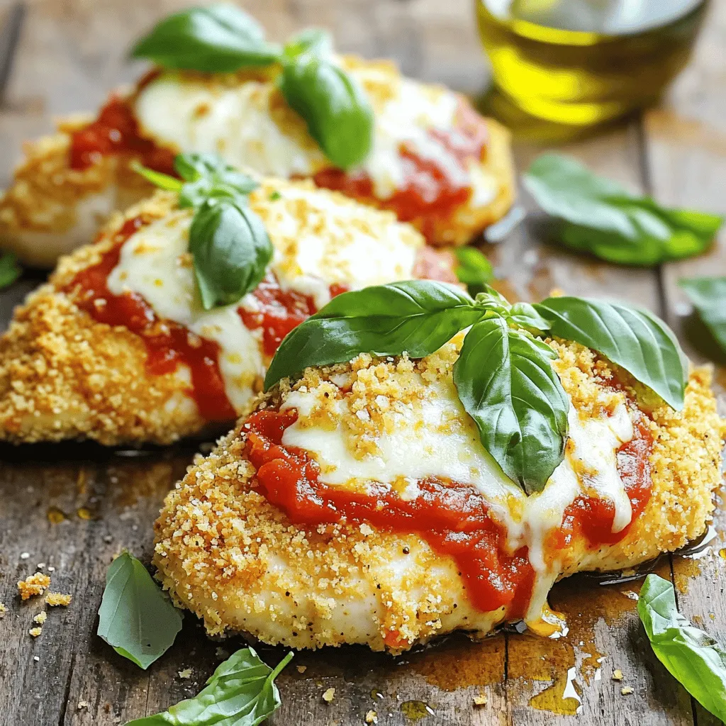 - 4 boneless, skinless chicken breasts - 1 cup breadcrumbs (preferably panko for extra crunch) - 1/2 cup grated Parmesan cheese - 1 teaspoon Italian seasoning - 1 teaspoon garlic powder - Salt and pepper to taste - 1 cup marinara sauce (store-bought or homemade) - 1 1/2 cups shredded mozzarella cheese - Fresh basil leaves for garnish - Olive oil spray When I make Oven-Baked Chicken Parmesan, I love to use fresh and tasty ingredients. The chicken breasts are the star here. They should be boneless and skinless for easy cooking. I prefer panko breadcrumbs for that extra crunch. They give the chicken a nice crispy texture. Mixing the breadcrumbs with Parmesan cheese adds flavor. Italian seasoning and garlic powder bring warmth and depth to the dish. Salt and pepper are must-haves to enhance the taste. The marinara sauce is the next key ingredient. You can use store-bought sauce or make your own. Homemade sauce adds a personal touch. It can elevate the dish even more. For the cheesy goodness, I use shredded mozzarella. It melts beautifully on top of the chicken. Finally, a sprinkle of fresh basil leaves gives a bright finish. - Baking sheet - Parchment paper - Shallow dish for mixing breadcrumbs - Measuring cups and spoons - Meat thermometer (for perfect cooking) In the kitchen, the right tools make cooking easier. A baking sheet lined with parchment paper helps with cleanup. It keeps the chicken from sticking, which is a big win. A shallow dish is perfect for mixing the breadcrumbs and cheese. Measuring cups and spoons are essential for getting the quantities just right. A meat thermometer is a smart tool too. It helps ensure the chicken cooks to the ideal temperature. - Preheat the oven to 400°F (200°C) and line a baking sheet with parchment paper. - In a shallow dish, combine 1 cup of breadcrumbs, 1/2 cup of grated Parmesan cheese, 1 teaspoon of Italian seasoning, 1 teaspoon of garlic powder, and a pinch of salt and pepper. Mix well until all ingredients blend. - Pat 4 boneless, skinless chicken breasts dry with paper towels. Season both sides with salt and pepper. - Lightly spray each chicken breast with olive oil. Dredge the chicken in the breadcrumb mixture. Press down to ensure the crumbs stick well on both sides. - Place the coated chicken breasts on the prepared baking sheet. Bake for 20 minutes until golden and crispy. - Carefully remove the baking sheet from the oven. Spoon marinara sauce over each chicken breast. Be generous with the sauce. - Sprinkle 1 1/2 cups of shredded mozzarella cheese evenly on top of the sauce-covered chicken. - Return the chicken to the oven and bake for another 10 minutes, until the cheese is bubbly and slightly golden. - Once done, take it out of the oven and let it sit for a few minutes. Garnish with fresh basil leaves before serving. You can find the full recipe to guide you through this delicious dish. Choosing the right breadcrumbs makes a big difference. I love using panko breadcrumbs. They create a light and crispy coating that adds great texture. Regular breadcrumbs can work, but they won’t give the same crunch. Another key to crunch is olive oil spray. It helps the breadcrumbs brown nicely. A light spray ensures even cooking and keeps the chicken moist inside. Don’t skip this step! For a flavor boost, add herbs or spices to your breadcrumb mix. Try mixing in dried oregano or parsley. You can also add a pinch of red pepper flakes for some heat. These small changes can make a tasty difference. If you want to up your sauce game, think about homemade marinara. A simple blend of tomatoes, garlic, and onion can make your dish shine. It adds freshness and deep flavor that store-bought sauces might lack. Cooking time can vary based on chicken thickness. Thicker breasts may need more time. Always check the internal temperature. Chicken should reach 165°F for safe eating. This is where a meat thermometer comes in handy. It ensures your chicken is fully cooked, juicy, and safe to eat. With these tips, you can make your Oven-Baked Chicken Parmesan a crunchy and tasty dish. For the full recipe, check the link provided. {{image_2}} You can make your Oven-Baked Chicken Parmesan even more cheesy. Try using different cheeses. Provolone adds a nice flavor. Gouda gives a smoky taste. Both melt well and taste great. If you want creaminess, add a layer of ricotta cheese. Spread it on the chicken before the sauce. This step makes every bite rich and smooth. Want to add some greens? Spinach is a great choice. You can mix it in with the marinara sauce. It boosts nutrition and adds color. Mushrooms are another tasty addition. They bring a nice earthy flavor to the dish. For sides, think about serving with roasted vegetables. Broccoli or zucchini pairs well. You can also add a simple salad for a fresh crunch. If you need gluten-free options, don’t worry! You can swap regular breadcrumbs. Use gluten-free breadcrumbs instead. They work just as well for crunch. Another option is almond flour. It creates a crispy coating that tastes great. This way, everyone can enjoy this dish, no matter their diet. For the full recipe, check out the [Full Recipe]. After enjoying your Oven-Baked Chicken Parmesan, let it cool down. This helps keep the flavors intact. Place the leftovers in an airtight container. Store it in the fridge for up to three days. If you want to keep it longer, consider freezing it. Just remember to separate the chicken from the marinara sauce for the best results. To reheat your chicken, use an oven or an air fryer for the best crunch. Preheat your oven to 350°F (175°C). Place the chicken on a baking sheet and cover it with foil. Heat for about 15-20 minutes. If using an air fryer, set it to 350°F (175°C) and heat for about 8-10 minutes. For a quick option, you can use a microwave. Place the chicken on a microwave-safe plate and cover it with a damp paper towel. Heat for 1-2 minutes, but keep in mind it may not stay crispy. You can freeze unbaked chicken for meal prep. Just coat the chicken breasts as per the recipe and place them in a freezer-safe container. Freeze for up to three months. When you're ready to cook, thaw it overnight in the fridge. Then, bake it according to the Full Recipe instructions. This lets you enjoy a fresh meal without the hassle! To check if your chicken is done, use a meat thermometer. Insert it into the thickest part of the chicken. The safe temperature for cooked chicken is 165°F (75°C). If you don’t have a thermometer, look for visual cues. The chicken should be golden brown and the juices should run clear. No pink should remain inside. Yes, you can prepare this dish ahead of time. Cook the chicken, add the sauce and cheese, then cool it down. Store it in the fridge for up to two days. When ready to eat, reheat in the oven at 350°F (175°C) until hot. This will keep it crunchy. To boost flavor, add fresh herbs like basil or oregano to the breadcrumbs. You can also mix in some red pepper flakes for heat. For the sauce, try adding sautéed onions or garlic. A splash of balsamic vinegar can add depth to your marinara. You can make Oven-Baked Chicken Parmesan healthier by adjusting the recipe. Use whole wheat breadcrumbs instead of regular ones. Reduce the amount of cheese or swap for a low-fat version. For less sodium, make a homemade sauce with fresh tomatoes and herbs. This way, you control the ingredients. This blog post covered how to make a tasty Oven-Baked Chicken Parmesan. We discussed key ingredients, useful tools, and step-by-step instructions. You learned tips for achieving the perfect crunch and some appealing variations. In conclusion, this simple dish offers great flavor and flexibility. You can enjoy it tonight or prep it for later. Explore different ingredients to make it your own. Cooking can be fun and rewarding, so give it a try!