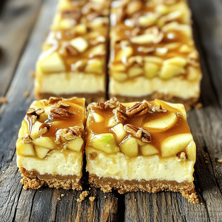 To make these delicious caramel apple cheesecake bars, gather the following ingredients: - 1 cup graham cracker crumbs - 1/4 cup granulated sugar - 1/2 cup unsalted butter, melted - 2 (8 oz) packages cream cheese, softened - 1 cup powdered sugar - 1 teaspoon vanilla extract - 2 large eggs - 2 cups finely chopped apples (about 2 medium apples, peeled and cored) - 1 teaspoon ground cinnamon - 1/4 cup caramel sauce (plus more for drizzling) - 1/2 cup chopped pecans or walnuts (optional) You will need a few tools to make these bars. Here’s what I recommend: - 8x8 inch baking dish - Parchment paper - Mixing bowls - Electric mixer - Spatula - Measuring cups and spoons - Knife and cutting board If you need to make some swaps, here are a few ideas: - Graham cracker crumbs: Use crushed cookies like digestive biscuits or vanilla wafers. - Granulated sugar: Coconut sugar works well for a healthier option. - Cream cheese: Neufchâtel cheese or a vegan cream cheese can be used. - Eggs: For an egg-free version, use 1/4 cup of applesauce per egg. - Chopped apples: Pears or a mix of both can add a fun twist. - Chopped nuts: Omit them if you want a nut-free version or swap for seeds like pumpkin. These swaps keep the spirit of the recipe while making it work for your needs. Enjoy the process and feel free to get creative! For detailed instructions, check out the Full Recipe. First, set your oven to 325°F (160°C). This temperature helps the bars bake evenly. Next, take an 8x8 inch baking dish and line it with parchment paper. Make sure to leave some paper hanging over the edges. This makes removing the bars easy later on. In a medium bowl, mix together 1 cup of graham cracker crumbs, 1/4 cup of granulated sugar, and 1/2 cup of melted unsalted butter. Stir these ingredients until they blend well. Now, press this mixture firmly into the bottom of your baking dish. This forms a solid crust. Bake it for 10 minutes and then let it cool slightly. In a large bowl, beat together 2 packages of softened cream cheese with an electric mixer. Mix until it is smooth and creamy. Gradually add in 1 cup of powdered sugar and 1 teaspoon of vanilla extract. Keep mixing until everything is smooth. Next, add 2 large eggs one at a time. Mix just until blended after each egg. Be careful not to overmix! Then, fold in 2 cups of finely chopped apples, 1 teaspoon of ground cinnamon, and 1/4 cup of caramel sauce. If you want a crunchy touch, you can also add 1/2 cup of chopped pecans or walnuts. Mix gently to combine everything well. Pour the cheesecake mixture over your cooled crust. Use a spatula to smooth the top. Place it in your preheated oven and bake for 35-40 minutes. Keep an eye on it; the center should be set and only slightly jiggly. After baking, let the cheesecake bars cool at room temperature for about 30 minutes. Then, move them to the fridge for at least 2 hours. This helps them firm up nicely. Once chilled, lift the bars out using the parchment paper and cut them into squares. Before serving, drizzle some extra caramel sauce on top for a sweet finish. Enjoy your caramel apple cheesecake bars! For the complete recipe, check out the Full Recipe. To get the best texture for your caramel apple cheesecake bars, focus on your cream cheese. Make sure it is soft before mixing. This helps you avoid lumps. Beat it well until smooth. Add the eggs slowly. Mix just until blended. Overmixing can make your bars tough. Fold in the apples gently. This keeps them from breaking apart. One common mistake is not cooling your crust enough. If it's hot, the cheesecake filling can melt. Let it cool for a few minutes. Another mistake is using too many apples. Stick to about two medium apples. Too much moisture can make the bars soggy. Watch the baking time closely. If you bake them too long, they can crack. These bars shine when served with a drizzle of caramel sauce. Drizzle some on top right before serving. You can also add a sprinkle of chopped pecans or walnuts for crunch. Serve them chilled for a refreshing treat. Pair them with a scoop of vanilla ice cream for a delightful dessert. For a cozy feel, enjoy them with warm apple cider. For the full recipe, check out the details above! {{image_2}} You can easily switch up the flavors in these caramel apple cheesecake bars. Try adding different fruits like pears or peaches. For a nutty twist, add almond extract instead of vanilla. You can even fold in some chocolate chips for a rich taste. Adding spices like nutmeg or ginger can give your bars a warm kick. Each variation brings a new flavor adventure. If you need a gluten-free version, it’s simple. Use gluten-free graham cracker crumbs for the crust. Make sure to check your caramel sauce for gluten as well. Most brands are fine, but it's good to be safe. The rest of the ingredients are usually gluten-free too, so you can enjoy these bars worry-free. To make these bars vegan, replace the cream cheese with a plant-based option. You can use a vegan cream cheese or silken tofu blended until smooth. Substitute the eggs with flax eggs or applesauce. For the butter, use coconut oil or vegan margarine. These swaps keep the bars tasty while fitting a vegan diet. Don't forget to check your caramel sauce for dairy! For the full recipe, you can refer to the original source. After baking, let the caramel apple cheesecake bars cool completely. Place them in an airtight container. This helps keep them fresh. Store them in the fridge for best results. The cold helps the flavors blend and stay tasty. If you want to save some for later, freezing works well. Cut the bars into squares, then wrap each piece tightly in plastic wrap. Place the wrapped bars in a freezer-safe bag or container. This prevents freezer burn. You can freeze them for up to three months. In the fridge, these cheesecake bars last about five days. If you freeze them, they stay good for three months. For the best taste, eat them fresh. But they still taste great even after some time. You can find the full recipe for these delicious treats above! Yes, you can make these bars a day in advance. This allows the flavors to blend well. Just store them in the fridge. Cover them tightly with plastic wrap to keep them fresh. They taste great chilled or at room temperature. I recommend using tart apples like Granny Smith. They add a nice contrast to the sweet cheesecake. Honeycrisp apples also work well for a sweeter flavor. Make sure to peel and core them before chopping. This step helps the texture blend smoothly in the bars. To avoid cracks, mix your ingredients gently. Overmixing introduces air, which can cause cracks. Also, bake the cheesecake at a low temperature. Let it cool slowly in the oven with the door slightly open. This gradual cooling helps maintain a smooth top. For more details, check the Full Recipe. You now have a complete guide on making delicious cheesecake bars. We covered ingredients, tools, and various substitutions. I walked you through step-by-step instructions for baking, tips to perfect your bars, and variations for any diet. Remember, good storage keeps them fresh longer. Don't be afraid to try new flavors or make them ahead of time. Enjoy baking and sharing these treats! You’ll impress everyone with your cheesecake bars!