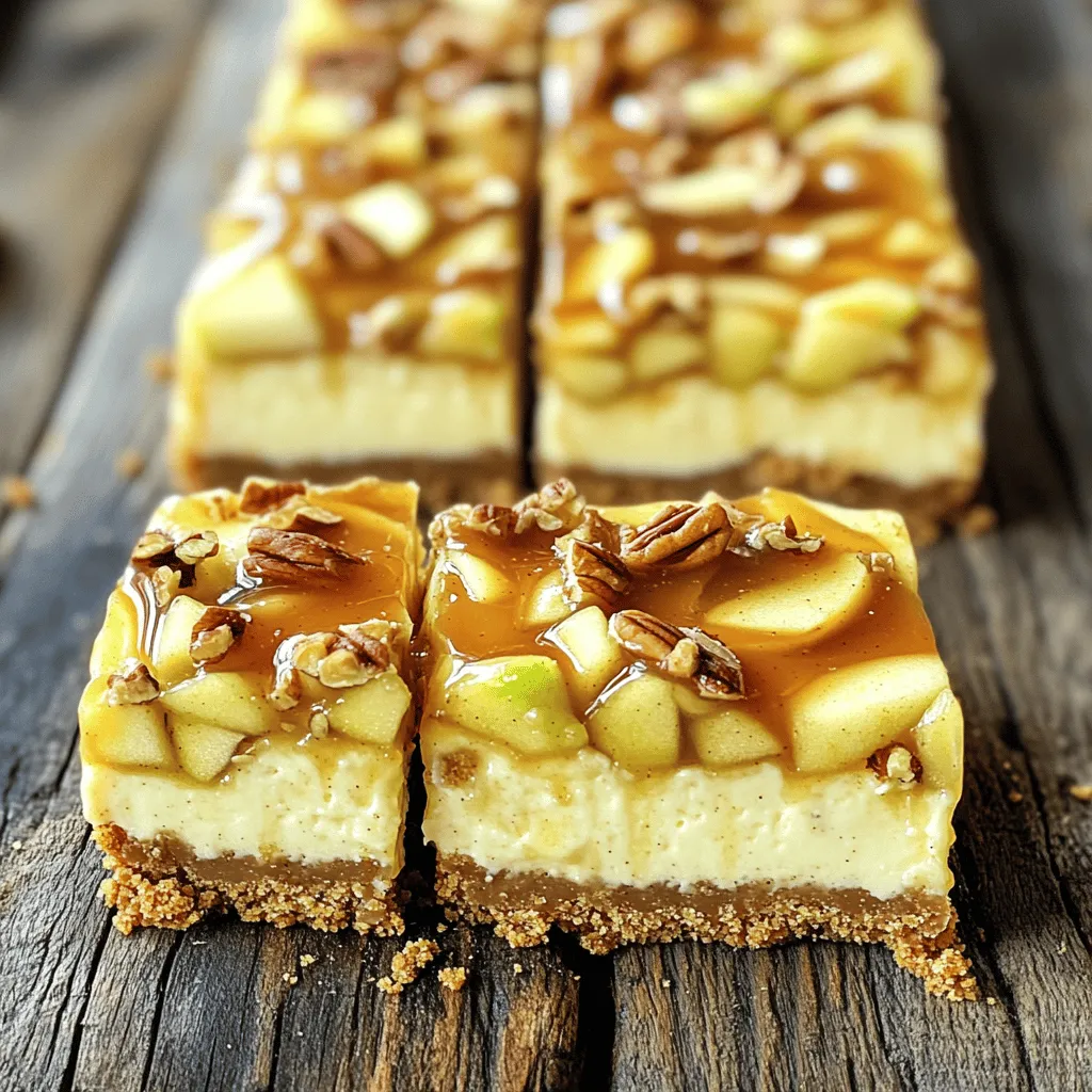 To make these delicious caramel apple cheesecake bars, gather the following ingredients: - 1 cup graham cracker crumbs - 1/4 cup granulated sugar - 1/2 cup unsalted butter, melted - 2 (8 oz) packages cream cheese, softened - 1 cup powdered sugar - 1 teaspoon vanilla extract - 2 large eggs - 2 cups finely chopped apples (about 2 medium apples, peeled and cored) - 1 teaspoon ground cinnamon - 1/4 cup caramel sauce (plus more for drizzling) - 1/2 cup chopped pecans or walnuts (optional) You will need a few tools to make these bars. Here’s what I recommend: - 8x8 inch baking dish - Parchment paper - Mixing bowls - Electric mixer - Spatula - Measuring cups and spoons - Knife and cutting board If you need to make some swaps, here are a few ideas: - Graham cracker crumbs: Use crushed cookies like digestive biscuits or vanilla wafers. - Granulated sugar: Coconut sugar works well for a healthier option. - Cream cheese: Neufchâtel cheese or a vegan cream cheese can be used. - Eggs: For an egg-free version, use 1/4 cup of applesauce per egg. - Chopped apples: Pears or a mix of both can add a fun twist. - Chopped nuts: Omit them if you want a nut-free version or swap for seeds like pumpkin. These swaps keep the spirit of the recipe while making it work for your needs. Enjoy the process and feel free to get creative! For detailed instructions, check out the Full Recipe. First, set your oven to 325°F (160°C). This temperature helps the bars bake evenly. Next, take an 8x8 inch baking dish and line it with parchment paper. Make sure to leave some paper hanging over the edges. This makes removing the bars easy later on. In a medium bowl, mix together 1 cup of graham cracker crumbs, 1/4 cup of granulated sugar, and 1/2 cup of melted unsalted butter. Stir these ingredients until they blend well. Now, press this mixture firmly into the bottom of your baking dish. This forms a solid crust. Bake it for 10 minutes and then let it cool slightly. In a large bowl, beat together 2 packages of softened cream cheese with an electric mixer. Mix until it is smooth and creamy. Gradually add in 1 cup of powdered sugar and 1 teaspoon of vanilla extract. Keep mixing until everything is smooth. Next, add 2 large eggs one at a time. Mix just until blended after each egg. Be careful not to overmix! Then, fold in 2 cups of finely chopped apples, 1 teaspoon of ground cinnamon, and 1/4 cup of caramel sauce. If you want a crunchy touch, you can also add 1/2 cup of chopped pecans or walnuts. Mix gently to combine everything well. Pour the cheesecake mixture over your cooled crust. Use a spatula to smooth the top. Place it in your preheated oven and bake for 35-40 minutes. Keep an eye on it; the center should be set and only slightly jiggly. After baking, let the cheesecake bars cool at room temperature for about 30 minutes. Then, move them to the fridge for at least 2 hours. This helps them firm up nicely. Once chilled, lift the bars out using the parchment paper and cut them into squares. Before serving, drizzle some extra caramel sauce on top for a sweet finish. Enjoy your caramel apple cheesecake bars! For the complete recipe, check out the Full Recipe. To get the best texture for your caramel apple cheesecake bars, focus on your cream cheese. Make sure it is soft before mixing. This helps you avoid lumps. Beat it well until smooth. Add the eggs slowly. Mix just until blended. Overmixing can make your bars tough. Fold in the apples gently. This keeps them from breaking apart. One common mistake is not cooling your crust enough. If it's hot, the cheesecake filling can melt. Let it cool for a few minutes. Another mistake is using too many apples. Stick to about two medium apples. Too much moisture can make the bars soggy. Watch the baking time closely. If you bake them too long, they can crack. These bars shine when served with a drizzle of caramel sauce. Drizzle some on top right before serving. You can also add a sprinkle of chopped pecans or walnuts for crunch. Serve them chilled for a refreshing treat. Pair them with a scoop of vanilla ice cream for a delightful dessert. For a cozy feel, enjoy them with warm apple cider. For the full recipe, check out the details above! {{image_2}} You can easily switch up the flavors in these caramel apple cheesecake bars. Try adding different fruits like pears or peaches. For a nutty twist, add almond extract instead of vanilla. You can even fold in some chocolate chips for a rich taste. Adding spices like nutmeg or ginger can give your bars a warm kick. Each variation brings a new flavor adventure. If you need a gluten-free version, it’s simple. Use gluten-free graham cracker crumbs for the crust. Make sure to check your caramel sauce for gluten as well. Most brands are fine, but it's good to be safe. The rest of the ingredients are usually gluten-free too, so you can enjoy these bars worry-free. To make these bars vegan, replace the cream cheese with a plant-based option. You can use a vegan cream cheese or silken tofu blended until smooth. Substitute the eggs with flax eggs or applesauce. For the butter, use coconut oil or vegan margarine. These swaps keep the bars tasty while fitting a vegan diet. Don't forget to check your caramel sauce for dairy! For the full recipe, you can refer to the original source. After baking, let the caramel apple cheesecake bars cool completely. Place them in an airtight container. This helps keep them fresh. Store them in the fridge for best results. The cold helps the flavors blend and stay tasty. If you want to save some for later, freezing works well. Cut the bars into squares, then wrap each piece tightly in plastic wrap. Place the wrapped bars in a freezer-safe bag or container. This prevents freezer burn. You can freeze them for up to three months. In the fridge, these cheesecake bars last about five days. If you freeze them, they stay good for three months. For the best taste, eat them fresh. But they still taste great even after some time. You can find the full recipe for these delicious treats above! Yes, you can make these bars a day in advance. This allows the flavors to blend well. Just store them in the fridge. Cover them tightly with plastic wrap to keep them fresh. They taste great chilled or at room temperature. I recommend using tart apples like Granny Smith. They add a nice contrast to the sweet cheesecake. Honeycrisp apples also work well for a sweeter flavor. Make sure to peel and core them before chopping. This step helps the texture blend smoothly in the bars. To avoid cracks, mix your ingredients gently. Overmixing introduces air, which can cause cracks. Also, bake the cheesecake at a low temperature. Let it cool slowly in the oven with the door slightly open. This gradual cooling helps maintain a smooth top. For more details, check the Full Recipe. You now have a complete guide on making delicious cheesecake bars. We covered ingredients, tools, and various substitutions. I walked you through step-by-step instructions for baking, tips to perfect your bars, and variations for any diet. Remember, good storage keeps them fresh longer. Don't be afraid to try new flavors or make them ahead of time. Enjoy baking and sharing these treats! You’ll impress everyone with your cheesecake bars!