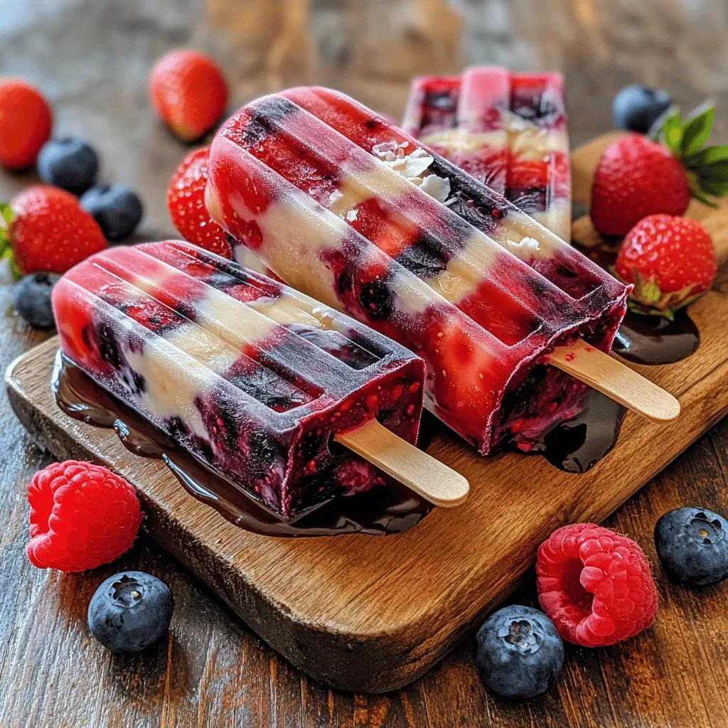 To make Berry Coconut Popsicles, you need a few simple ingredients. Here’s what you’ll need: - Mixed berries (strawberries, blueberries, raspberries) - Coconut milk (full fat for creaminess) - Sweetener options (honey or maple syrup) - Vanilla extract and salt These ingredients come together to create a fresh and creamy treat. The mixed berries give a sweet and tangy flavor, while the coconut milk adds a rich creaminess. You can adjust the sweetness to your liking with honey or maple syrup. A dash of vanilla and a pinch of salt enhance the taste, making each bite delightful. For the full recipe, check out the detailed steps to create these popsicles. Enjoy the burst of berry flavors and the smoothness of coconut in every refreshing bite! First, gather your mixed berries. You can use strawberries, blueberries, and raspberries. Add them to the blender with one tablespoon of honey or maple syrup and a pinch of salt. Blend until smooth. You want it slightly chunky. This adds great texture. If you blend too much, you lose that fun bite. Next, we move to the coconut layer. In the same blender, pour in one can of coconut milk. Add the remaining tablespoon of honey or maple syrup and one teaspoon of vanilla extract. Blend this mix until it is completely smooth. This coconut layer is rich and creamy. It’s the perfect contrast to the berry mixture. Now it’s time to fill your molds. Pour the berry mixture into each mold, filling them about one-third full. Then, carefully add the coconut layer. Fill each mold to the top. To create a marbled effect, use a toothpick or skewer. Gently swirl the two layers together. This step makes each popsicle unique. For the freezing, place your molds in the freezer for at least 4 to 6 hours. You want the popsicles to be completely solid. When ready to remove them, run warm water over the outside of the molds for a few seconds. This helps release them easily. Then, gently pull them out. Enjoy your tasty treat! For the full recipe, check the provided link. When making Berry Coconut Popsicles, I often choose between fresh and frozen berries. Fresh berries taste great, but they may not always be in season. Frozen berries are always available and can be just as tasty. Both options work well in this recipe. For flavor combinations, I love mixing strawberries, blueberries, and raspberries. This mix gives a nice balance of sweet and tart. You can also try blackberries or even cherries for a fun twist. Sweetness can vary based on the berries used. I recommend starting with two tablespoons of honey or maple syrup. You can adjust this to match your taste. If you want a healthier option, try using agave syrup or stevia. Natural sweeteners can add unique flavors. For example, coconut sugar gives a deeper taste. Experiment with what you like best! Presentation is key for impressing guests. Garnishing with whole berries makes popsicles look great. You can place them on a wooden board with some whole berries scattered around. For a party, serve them on colorful plates. You can also drizzle melted dark chocolate over the popsicles. This adds flair and a sweet touch. For the full recipe, check the Berry Coconut Popsicles section. Enjoy this fresh and creamy delight! {{image_2}} If you want to make these popsicles dairy-free, use almond or oat milk instead of coconut milk. Both options work well and add their own unique flavors. Almond milk gives a nutty taste, while oat milk is creamy and smooth. You can use the same amount as the coconut milk in the recipe. This swap keeps it light and refreshing. You can enhance these popsicles with fresh herbs or citrus zest. Adding mint or basil brings a fresh twist to the berry flavor. Simply chop a few leaves and blend them into the berry mixture. For citrus zest, use lemon or lime. Just a little zest can brighten the popsicles. This small addition can make a big difference in taste. Kids love fun shapes and creamy textures. You can add yogurt to the coconut layer for extra creaminess. Greek yogurt adds protein and makes them taste richer. Use fun molds to create shapes kids enjoy. Stars, hearts, or animals make eating these popsicles more exciting. These little changes can turn a simple treat into a fun snack time experience. For the full recipe, check out the Berry Coconut Popsicles section. To keep your Berry Coconut Popsicles fresh, place them in an airtight container. This prevents freezer burn and keeps flavors intact. You can also wrap them in plastic wrap. For best results, eat them within three months. These popsicles can last up to three months in the freezer. However, check for signs of spoilage. If you see ice crystals or changes in color, it’s time to toss them. Cleaning your molds is easy. Use warm, soapy water and a soft sponge. Avoid harsh scrubbing pads to protect the mold's surface. After cleaning, let them air dry completely. This helps maintain their shape and prevents odors. Yes, you can use other fruits! Try mango, peaches, or even bananas. Just keep in mind that softer fruits may need less sweetener. If you use tart fruits, like kiwi or pineapple, add a bit more sweetener to balance the flavor. The average freezing time is about 4 to 6 hours. However, for the best texture, I suggest leaving them overnight. This way, they set perfectly and are easy to enjoy the next day. Absolutely! You can use agave syrup, stevia, or coconut sugar. Each sweetener has a different flavor. Adjust the amount based on your taste. Just remember, some sweeteners are stronger than others, so taste as you go. Yes, these popsicles are quite healthy! The mixed berries provide vitamins, fiber, and antioxidants. Coconut milk adds healthy fats while keeping it creamy. Plus, they are low in calories. You can also use low-calorie sweeteners to make them even lighter. If your popsicles are stuck, run warm water over the outside of the molds for a few seconds. This warms the sides and helps loosen them. Gently pull the popsicle out. If it still resists, repeat the warm water method. Enjoy your Berry Coconut Popsicles! You learned how to make delicious berry coconut popsicles. We covered the key ingredients, step-by-step instructions, and smart tips for success. I shared fun variations to try and helpful storage info. These popsicles are perfect for hot days or gatherings. You can make them healthy with fresh ingredients. Enjoy experimenting with all the flavors! Remember, your homemade popsicles can bring joy and refreshment.