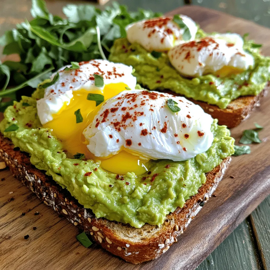 To make avocado toast with poached egg, gather these items: - 2 slices of whole-grain bread - 1 ripe avocado - 2 large eggs - 1 tablespoon lemon juice - Salt and pepper to taste - 1/4 teaspoon red pepper flakes (optional for heat) - Fresh herbs for garnish (cilantro or chives work well) - Extra virgin olive oil for drizzling Using fresh ingredients makes a big difference. For the avocado, choose one that yields slightly when pressed. This shows it's ripe and ready. When picking bread, look for whole-grain options that feel firm. Fresh eggs should be clean, with no cracks. Store them in the fridge for best quality. You can mix it up if you want. Try different types of bread like sourdough or rye. For the avocado, you can add tomatoes or radishes for more flavor. If you need a vegan version, skip the egg and use a chickpea mash instead. You could also try hummus for a creamy touch. To start, grab two slices of whole-grain bread. Place the slices in a toaster or under a broiler. Toast them until they turn a lovely golden brown. This takes about 3-5 minutes. Crispy bread gives the dish a nice crunch. It also holds the avocado and egg well, making it easier to eat. While the bread is toasting, let’s make the poached eggs. Fill a pot with water and bring it to a gentle simmer. You can add a splash of vinegar if you want. This helps the egg whites stay together. Crack each egg into a small bowl. Slowly slide each egg into the simmering water. Poach them for about 3-4 minutes. The whites should be set, but the yolk needs to be runny. When done, use a slotted spoon to take them out. Place the eggs on a paper towel to drain. Now, let’s prepare the avocado. Take your ripe avocado and cut it in half. Remove the pit. Use a fork to mash the avocado in a bowl. Add one tablespoon of lemon juice to keep it fresh. Season with salt and pepper to taste. Mix it well until creamy. This tasty spread will go on your toasted bread. For the full recipe, check out the detailed instructions above. To poach an egg well, start with fresh eggs. Fresh eggs hold their shape better. Use a pot with water and add a splash of vinegar. This helps the egg whites stay together. Bring the water to a gentle simmer, not a boil. Crack each egg into a bowl first. Slowly slide the egg into the water. Cook for 3-4 minutes. The whites should be set, but the yolk must stay runny. Use a slotted spoon to lift the egg out. Pat it dry with a paper towel before placing it on the toast. You can change up your avocado mash to keep it fresh. Add different seasonings or ingredients. A pinch of garlic powder gives a nice kick. You can mix in diced tomatoes for a fresh touch. For a creamy texture, add a spoonful of Greek yogurt. Want some heat? Stir in chopped jalapeños or a dash of hot sauce. A sprinkle of cumin can add a warm flavor. Get creative and find what you enjoy most. Garnishes can take your avocado toast to the next level. Fresh herbs like cilantro or chives add bright flavor. You can sprinkle them on top for color. Add red pepper flakes for a spicy touch. A drizzle of extra virgin olive oil enhances the taste and look. For a crunch, consider adding toasted seeds or nuts. A squeeze of lemon juice adds brightness and freshness. These small touches make your dish pop and impress everyone. For the full recipe, refer to the previous section. {{image_2}} To add a kick, try spicy avocado toast. Start with the basic recipe. Then, mix in 1/4 teaspoon of red pepper flakes into your avocado mash. If you want more heat, add sliced jalapeños on top. You can also drizzle some hot sauce over the egg. This brings a nice balance to the creamy avocado. Want a vegan twist? Skip the eggs and use tofu instead. Smash firm tofu and season it with salt, pepper, and nutritional yeast. Add a little turmeric for color. Spread the seasoned tofu on your toast like you would the avocado. Top it with your favorite veggies, like tomatoes or radishes. You’ll get a great taste and texture. If you want more protein, try adding smoked salmon or chickpeas. For salmon, place a few slices on top of the poached egg. If you prefer chickpeas, mash them with the avocado for extra protein. You can also add a sprinkle of feta cheese. This adds creaminess and a salty flavor that pairs well with the avocado. For all these variations, feel free to check the Full Recipe for guidance. Enjoy making your avocado toast unique! After making avocado toast, you may have extra ingredients. Store leftover bread in a cool, dry place. Keep the avocado in the fridge if you have any left. Wrap it tightly in plastic wrap to slow browning. If you have leftover poached eggs, place them in a bowl of cold water. This keeps them fresh for later. To store whole avocados, keep them at room temperature until they ripen. Once ripe, place them in the fridge to slow down spoilage. If you cut an avocado, coat it with lemon juice. This helps prevent browning. Use it within a day or two for best taste. For reheating toast, pop it in the toaster again for a few minutes. This keeps it crispy. If you need to reheat poached eggs, place them in warm water for a few minutes. This gentle method warms them without cooking further. Enjoy your avocado toast fresh for the best flavor. For the full recipe, check out the section above. To poach an egg perfectly, start with fresh eggs. Use a pot of water and bring it to a gentle simmer. Add a splash of vinegar to help the egg whites stay together. Crack the egg into a small bowl, then gently slide it into the water. Cook for about 3-4 minutes. The whites should be set, and the yolk should still be runny. Use a slotted spoon to lift the egg out. Let it drain on a paper towel to remove extra water. Yes, you can use frozen avocado. However, fresh avocado gives the best flavor and texture. If you use frozen, thaw it first. Frozen avocado will be softer, which can change the texture of your mash. This might make it less chunky but still tasty. Remember, fresh is always best for this avocado toast. Whole-grain bread works best for avocado toast. It has a hearty texture that pairs well with creamy avocado. Sourdough is also a good choice, adding a tangy flavor. You can use gluten-free bread if needed. Just ensure it can hold the weight of the toppings. Toast until golden for the best crunch. For the full recipe, check out the details earlier in the article. Avocado toast is a simple dish you can make at home with fresh ingredients. We covered key tips to pick ripe avocados, toast bread, and poach eggs perfectly. You can even try spicy or vegan versions. Remember to store leftovers well to keep everything fresh. In the end, avocado toast is versatile and fun. I hope these tips help you create a tasty meal!