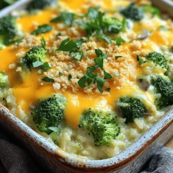 - 2 cups cooked jasmine rice - 2 cups fresh broccoli florets (or frozen, thawed) - 1 cup sharp cheddar cheese, grated - 1 cup cream of mushroom soup (or homemade) - 1/2 cup milk - 1/2 cup onion, finely chopped - 2 cloves garlic, minced - 1 teaspoon paprika - 1/2 teaspoon black pepper - 1/4 teaspoon salt - 1/2 cup breadcrumbs (optional for topping) - 1 tablespoon olive oil (for sautéing) To make my Cheesy Broccoli Rice Casserole, I start with simple and fresh ingredients. The jasmine rice gives a lovely texture. Fresh broccoli adds color and nutrients. I often use sharp cheddar cheese for a rich flavor. Cream of mushroom soup makes it creamy and smooth. Onion and garlic are key. They create a savory base when sautéed. Paprika adds warmth, while pepper and salt enhance the taste. Breadcrumbs on top can give a nice crunch. I love using olive oil for sautéing. It adds a slight fruity taste. These ingredients combine to create a comforting dish. If you want the full recipe, check out the complete list of steps. - Preheat your oven to 350°F (175°C). - In a large skillet over medium heat, add 1 tablespoon of olive oil. Sauté 1/2 cup of finely chopped onion and 2 minced garlic cloves until soft and clear, about 5 minutes. - In a large mixing bowl, combine 2 cups of cooked jasmine rice and the sautéed onion and garlic. - Stir in 2 cups of fresh broccoli florets, 1 cup of cream of mushroom soup, 1/2 cup of milk, 1 teaspoon of paprika, 1/2 teaspoon of black pepper, and 1/4 teaspoon of salt. Mix until all the ingredients blend well. - Add in 3/4 cup of grated sharp cheddar cheese and stir until evenly mixed. - Pour the mixture into a greased 9x13 inch baking dish, spreading it out evenly. - If you like, sprinkle 1/2 cup of breadcrumbs on top. Add the remaining 1/4 cup of cheese for an extra cheesy layer. - Bake in the preheated oven for 25-30 minutes or until the casserole is bubbly and the top is golden brown. - Allow the casserole to cool for 5-10 minutes before serving. This helps it set up nicely. You can find the Full Recipe for more detailed instructions and tips! To make the best Cheesy Broccoli Rice Casserole, start with well-cooked rice. If the rice is too firm, it won’t blend well with the other flavors. Also, think about the cheese you use. I love sharp cheddar for its strong taste, but you can try different types. Mozzarella adds a creamy texture. Parmesan gives a nice bite. Mix and match until you find your favorite combo! When it’s time to serve, make it pretty! A sprinkle of fresh parsley or chives adds color. It makes your casserole look fancy. Use a large spoon to scoop out portions. This way, everyone gets a delicious mix of cheese and broccoli. You might want to pair the casserole with a light salad or some crusty bread. These sides balance the rich flavors of the dish. They also add a nice crunch to your meal. For the full recipe, check out the earlier section! {{image_2}} You can change up this dish in many ways. Using different vegetables adds fun and flavor. Try adding peas, carrots, or even spinach. Each vegetable brings its own taste and texture. For a brighter dish, bell peppers work well too. If you don't have cream of mushroom soup, no worries! You can use cream of chicken soup or even a homemade version. For a quick swap, mix 1 cup of sour cream with a little broth. This keeps the dish creamy while adding a new flavor. If you need gluten-free options, use rice and check the soup label. Many brands make gluten-free cream soups. You can also make your own with a simple mix of milk, cornstarch, and seasonings. For vegan adaptations, swap out the cheese for a plant-based version. Use almond milk instead of regular milk. You can also replace the cream of mushroom soup with a cashew cream. Soak cashews in water, blend them, and season to taste. This adds a rich, creamy base without dairy. These variations let you enjoy the casserole in new ways while meeting your dietary needs. For the full recipe, check out the Cheesy Broccoli Rice Casserole details above. To store leftover Cheesy Broccoli Rice Casserole, let it cool first. Place it in an airtight container. This will keep it fresh and tasty. Use a container that is safe for the fridge. Glass or plastic containers work well. Make sure to eat it within three to four days for the best flavor. When you’re ready to enjoy the casserole again, you have a few options. You can reheat it in the oven. Preheat your oven to 350°F (175°C). Then, cover the casserole with foil to keep it moist. Bake it for about 20 minutes. You can also use the microwave. Place a portion in a microwave-safe bowl. Heat it for two to three minutes, stirring halfway. If you want to keep the texture and flavor, add a splash of milk before reheating. This will help the casserole stay creamy and delicious. How do I make this casserole ahead of time? You can prepare this casserole a day before. Just follow the recipe until you place it in the oven. Cover it and store it in the fridge. When you are ready to bake, let it sit at room temp for about 30 minutes. Then, bake as directed. This way, the flavors blend well. Can I freeze Cheesy Broccoli Rice Casserole? Yes, you can freeze this dish. First, let it cool completely. Then, wrap it tightly in foil or plastic wrap. Place it in a freezer bag. It will last up to three months. When you want to eat it, thaw it overnight in the fridge. Bake it until hot and bubbly. What can I serve with this dish? This casserole pairs well with many sides. You can serve it with a fresh salad. Roasted chicken or grilled fish also works great. For a simple meal, just add some crusty bread. This will make your dinner feel complete and satisfying. For the full recipe, check out the earlier section! This blog post shared a simple, delicious cheesy broccoli rice casserole recipe. You learned about key ingredients like rice, broccoli, cheddar cheese, and mushroom soup. I showed you step-by-step instructions for preparing, assembling, and baking the dish. Along with tips and ingredient variations, I highlighted storage and reheating methods to enjoy leftovers. You can create a cozy meal that suits your taste. Experiment with flavors and ingredients, and find your perfect combination. This easy recipe is sure to please everyone at the table!