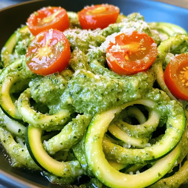- 4 medium zucchinis - 1 ripe avocado - 1 cup fresh basil leaves - 2 tablespoons pine nuts (or walnuts) - 2 tablespoons nutritional yeast (optional) - 2 cloves garlic, minced - 3 tablespoons lemon juice - 1/4 cup extra virgin olive oil - Salt and pepper to taste - Cherry tomatoes, halved (for garnish) - Parmesan cheese, grated (for garnish, optional) To create this dish, start by gathering all the ingredients. Zucchini is the star here and should be fresh. Choose zucchinis that are firm and free from blemishes. The ripe avocado adds creaminess to the pesto. Fresh basil brings a fragrant, green flavor that enhances the dish. Pine nuts or walnuts give a nice crunch, while garlic adds depth. Don't forget the nutritional yeast if you want a cheesy flavor without dairy. The lemon juice brightens the taste, while olive oil helps blend everything together. Season with salt and pepper to bring out the flavors. Cherry tomatoes add a pop of color and sweetness on top, and Parmesan cheese can be a lovely finishing touch. For the full recipe, follow the steps closely to enjoy your zucchini noodles with pesto! First, grab your spiralizer or julienne peeler. If you don’t have one, a simple peeler works too. Cut the zucchinis into long, thin noodles. These are your zoodles. After that, place them in a colander and sprinkle a pinch of salt. Let them sit for about 10 minutes. This step helps pull out extra moisture. You want your zoodles to stay firm and not soggy later. Next, it’s time to make the pesto. In your food processor, add the ripe avocado, fresh basil leaves, and pine nuts. If you like, toss in nutritional yeast for a cheesy flavor. Then, add minced garlic, lemon juice, and a pinch of salt and pepper. Pulse this mixture until it’s smooth. While blending, slowly drizzle in the olive oil. This helps make the pesto creamy. Taste it and tweak the flavor if you need more salt or lemon. Now, it’s cooking time! Rinse the salted zoodles under cold water. Pat them dry with a paper towel. In a large skillet, heat over medium. Add the zoodles and sauté for about 2-3 minutes. You want them just tender but still al dente. Don’t cook them too long. If you do, they’ll lose their crunch. Take the skillet off the heat. Now, add the avocado basil pesto to the zoodles. Toss them well so every noodle gets coated. For serving, plate the zoodles in a big bowl or on individual plates. Top with halved cherry tomatoes for a pop of color. If you want, sprinkle some grated Parmesan cheese on top. For a nice finish, add extra basil leaves and a drizzle of olive oil. Enjoy the bright flavors of this dish! - Choosing the right zucchinis: Look for firm, smooth zucchinis with no soft spots. Smaller zucchinis taste sweeter and have fewer seeds. Aim for about four medium zucchinis for this recipe. - Avoiding excess moisture: After spiralizing, sprinkle a bit of salt on the zoodles. Let them sit in a colander for about 10 minutes. This step helps draw out moisture, making sure your dish stays fresh and not watery. - Ingredient substitutions: If you don't have pine nuts, walnuts work great too. You can also swap olive oil for avocado oil for a different taste. Nutritional yeast adds a cheesy flavor, but you can skip it if you prefer. - Adding additional flavor enhancements: Try adding a squeeze of lemon zest or a pinch of red pepper flakes for a kick. Fresh herbs like parsley or mint can also brighten the pesto’s flavor. - Serving suggestions: Serve your zoodles in a large bowl or on individual plates. This makes it easy for guests to help themselves. - Creating an appealing plate: Garnish with halved cherry tomatoes for color. A sprinkle of grated Parmesan cheese adds a nice touch too. Drizzle a little olive oil on top before serving to make it shine. {{image_2}} To make your zucchini noodles vegan and dairy-free, skip the cheese. You can still enjoy great flavor. Try using nuts or seeds as a garnish. Toasted pine nuts or sunflower seeds add a nice crunch. Nutritional yeast gives a cheesy taste without dairy. You can use it in the pesto for added depth. Want to make your dish heartier? You can add protein. Cooked chicken, shrimp, or tofu work well. For chicken, grill or sauté it and slice it thin. For shrimp, sauté them in olive oil until pink. Tofu can be cubed and pan-fried for a crispy texture. Toss your choice of protein with the zoodles and pesto for a complete meal. You can change the flavor by adding herbs or spices. Fresh herbs like parsley or cilantro pair nicely with basil. A pinch of red pepper flakes adds heat. If you like a citrus twist, try adding lemon zest to the pesto. Each variation can make your dish unique and exciting. For the full recipe, check out the [Full Recipe]. To store leftover zoodles, place them in an airtight container. Make sure they cool down first. Keep the pesto in a separate container to maintain freshness. This helps keep flavors bright. You can store the zoodles and pesto for up to three days in the fridge. When reheating, use low heat. This helps prevent them from becoming too soft. You can freeze zoodles and pesto if you want to keep them longer. For zoodles, spread them out on a baking sheet. Freeze them for about an hour until firm. Then, transfer them to a freezer bag. Squeeze out air to prevent freezer burn. For pesto, pour it into an ice cube tray. Once frozen, pop out the cubes and store them in a bag. This way, you can use just what you need later. Zucchini noodles taste best fresh. If stored properly, they last about 3 days in the fridge. Pesto can last longer, up to a week. However, for the best flavor, use it within a few days. Always check for signs of spoilage, like off smells or changes in color. When in doubt, throw it out! Zucchini noodles, or zoodles, are thin strands made from zucchini. They serve as a low-carb pasta alternative. Zoodles are healthy, light, and easy to make. They are full of vitamins and minerals, such as vitamin C and potassium. Using zoodles helps cut carbs and calories while keeping meals fresh and vibrant. If you don’t have a spiralizer, don’t worry! You can use a julienne peeler or a regular vegetable peeler. Simply peel the zucchini into thin strips. You can also slice the zucchini into thin planks and then cut them into noodles. Both methods work well for making zoodles. Yes, you can use store-bought pesto for quick meals. It saves time and effort. However, homemade pesto often tastes fresher. Store-bought options may contain preservatives, which could affect flavor. Check labels to find a brand with high-quality ingredients. Adding other veggies is a great way to boost flavor and nutrition. Consider bell peppers, carrots, or spinach. You can sauté or roast them before mixing them with zoodles. This adds color and texture to your dish, making it more exciting. Besides pesto, you can use marinara, Alfredo, or a simple olive oil and garlic sauce. These sauces complement the zoodles and enhance their taste. Try different sauces to find your favorite combination. To avoid soggy zoodles, start by salting them. Let them sit in a colander for about 10 minutes. This draws out excess moisture. When cooking, sauté them for only 2-3 minutes. Remove them from heat while they are still al dente. This keeps them crunchy and flavorful. Zucchini noodles with pesto are easy to make and tasty. We explored key ingredients, tips, and variations for this dish. You learned how to create the perfect zoodles, make a fresh pesto, and avoid common mistakes. Remember, you can customize your meal by adding protein or fresh herbs. Storing leftovers correctly ensures you’ll enjoy this dish later. Embrace these ideas, get creative, and enjoy your healthy meal!