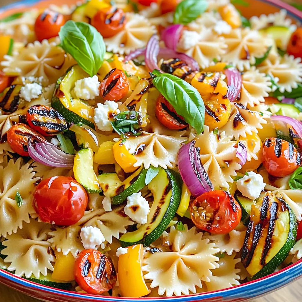 For a vibrant grilled vegetable pasta salad, you need fresh vegetables. Freshness makes all the difference in taste and nutrition. Here’s what you will use: - 8 oz farfalle (bowtie pasta) - 1 zucchini, sliced - 1 bell pepper (any color), cut into strips - 1 cup cherry tomatoes, halved - 1 red onion, cut into wedges - ¼ cup olive oil - 2 tablespoons balsamic vinegar - 1 teaspoon dried oregano - Salt and pepper to taste - ¼ cup fresh basil, chopped - ½ cup feta cheese, crumbled (optional) Using seasonal vegetables can enhance flavor. Look for local produce to ensure quality. For the pasta, I recommend farfalle. Its shape holds the dressing well and adds fun to the dish. You can also use: - Penne - Fusilli - Or any pasta you like If you need gluten-free options, try quinoa pasta or brown rice pasta. They work well and taste great. You can make this salad your own with toppings. Consider adding: - Crumbled feta cheese for creaminess - Fresh herbs like parsley or dill for extra flavor For dressings, I suggest using balsamic vinaigrette, which complements the grilled flavors. You can also try lemon juice or a simple olive oil drizzle. Check the [Full Recipe] for all details! To start, fill a large pot with water. Add salt, about one tablespoon. Bring the water to a rolling boil. Once boiling, add 8 ounces of farfalle pasta. Cook it for about 10-12 minutes, or as the package says. You want it to be al dente, which means it should still have a little bite. To check, taste a piece. If it feels firm but not hard, it’s ready. Drain the pasta in a colander. Rinse it under cold water to stop cooking. This step keeps the pasta from getting mushy. Set it aside to cool while you grill the veggies. Now, let’s get to grilling. First, preheat your grill or grill pan to medium-high heat. While it heats, prepare your veggies. Take a bowl and toss the sliced zucchini, bell pepper strips, halved cherry tomatoes, and red onion wedges with 2 tablespoons of olive oil. Add salt and pepper to taste. Once your grill is hot, place the veggies on it. Grill them for about 5-7 minutes. You want the veggies to be tender and to have nice grill marks. Keep an eye on them so they don’t burn. When they are done, take them off the grill and let them cool for a bit. While the veggies cool, let’s make the dressing. In a small bowl, whisk together 2 tablespoons of olive oil, 2 tablespoons of balsamic vinegar, and 1 teaspoon of dried oregano. Add salt and pepper to taste. If you like a sweeter dressing, add a bit more vinegar. For a stronger flavor, you can add more oregano. Taste it to see what you like best. This dressing will bring all the flavors together in your salad. Now, you can combine everything. In a large mixing bowl, mix the cooled pasta, grilled veggies, and fresh basil. Pour your dressing over the top and toss gently. This way, everything gets coated. If you want, sprinkle some crumbled feta cheese on top before serving. Enjoy your fresh and flavorful dish! For more details, check the Full Recipe. To grill vegetables perfectly, choose fresh ones. Zucchini, bell peppers, and onions stand out. Slice them evenly for even cooking. Brush them with olive oil and season well. This helps prevent sticking. - Best Methods: - Use medium-high heat for a nice char. - Grill zucchini and bell peppers for about 5-7 minutes. - Cherry tomatoes need less time, around 3-5 minutes. Common mistakes can ruin your veggies. Avoid flipping them too soon. Let them sear for good grill marks. Also, don’t overcrowd the grill. This ensures even cooking and prevents steaming. Herbs and spices can transform your dish. Fresh basil adds a burst of flavor. Oregano brings warmth and earthiness. You can also try thyme or rosemary for a unique twist. To spice things up, add crushed red pepper flakes. A pinch of cayenne can also elevate the dish. If you love citrus, a splash of lemon juice brightens the flavors. Grilled vegetable pasta salad shines at any temperature. It’s great warm, at room temperature, or chilled. If serving warm, enjoy its fresh-off-the-grill taste. For plating, use a large, colorful bowl. This creates a feast for the eyes. Garnish with extra basil leaves for a pop of color. Drizzle some olive oil on top to make it shine. This makes your dish look as good as it tastes. You can find the full recipe [here](#). {{image_2}} You can change your grilled vegetable pasta salad based on what is in season. During spring, use fresh asparagus or peas. In summer, try eggplant, summer squash, or corn. Fall brings great options like roasted butternut squash or Brussels sprouts. In winter, use hearty veggies like carrots or root vegetables. To adapt the salad, think about what is fresh at your local market. Use what looks best. This will make your dish more vibrant and tasty. You can also mix different colors for a beautiful presentation. If you want a vegan or vegetarian option, skip the feta cheese. Replace it with a vegan cheese or nutritional yeast for a cheesy flavor. For a gluten-free version, use gluten-free pasta. Quinoa can be a great base too. It adds protein and a nice texture. If you are watching carbs, try using spiralized zucchini or cauliflower rice instead of pasta. This keeps the dish light and healthy. You can change the dressing to give your salad a new taste. Try a lemon vinaigrette or a creamy tahini sauce. Adding fresh herbs like cilantro or mint can also change the flavor. For an ethnic twist, consider using soy sauce and sesame oil for an Asian flair. You can also add spices, like cumin or smoked paprika, for a smoky taste. Mix and match to find what you love most. By making these variations, you can keep your grilled vegetable pasta salad fresh and exciting. Remember to check the [Full Recipe] for more details! To store leftovers, place your grilled vegetable pasta salad in an airtight container. Keep it in the fridge for up to three days. For best flavor and texture, add fresh basil and feta just before serving. This helps keep those ingredients vibrant and tasty. You can freeze the grilled vegetable pasta salad for up to three months. To do this, use a freezer-safe container. Pack the salad tightly to avoid air pockets. When you’re ready to eat, thaw it in the fridge overnight. Reheat it gently in a pan over low heat, or serve it cold for a refreshing bite. In the fridge, the salad stays fresh for about three days. Check for signs of spoilage like an off smell or a slimy texture. If you see these signs, it's best to toss the salad. Enjoying it fresh ensures the best flavor and quality. You can make this salad in advance! Here’s how: - Prep the Pasta: Cook the pasta and cool it down. Store it in the fridge in an airtight container. - Grill the Veggies: Grill the vegetables a day before. Let them cool, then keep them in the fridge. - Make the Dressing: Whisk the dressing and store it in a jar. Just shake it before using. - Mix Before Serving: Combine everything right before serving. This keeps the flavors fresh and bright. Yes! Adding protein boosts flavor and makes the salad heartier. Here are some great options: - Grilled Chicken: Slice cooked chicken breast and mix it in. - Shrimp: Toss in grilled shrimp for a seafood twist. - Legumes: Add chickpeas or white beans for a veggie option. They make the salad filling and tasty. Some veggies grill better than others. Here’s a list of my favorites and their grilling times: - Zucchini: 5-7 minutes, cut into slices. - Bell Peppers: 5-7 minutes, cut into strips. - Cherry Tomatoes: 4-6 minutes, leave them whole or skewer them. - Red Onion: 6-8 minutes, cut into wedges. Grill these veggies until they are tender and have nice grill marks. Enjoy the smoky flavor they add to your pasta salad! This grilled vegetable pasta salad combines fresh ingredients, tasty dressings, and easy steps. You can choose different pasta and add your favorite toppings for truly personal flavors. Remember to grill your vegetables well and store leftovers properly. Enjoy this versatile dish, whether warm or chilled. With a few variations, you can make this salad fit your needs and taste. Try it out, and enjoy healthy meals that excite your palate!