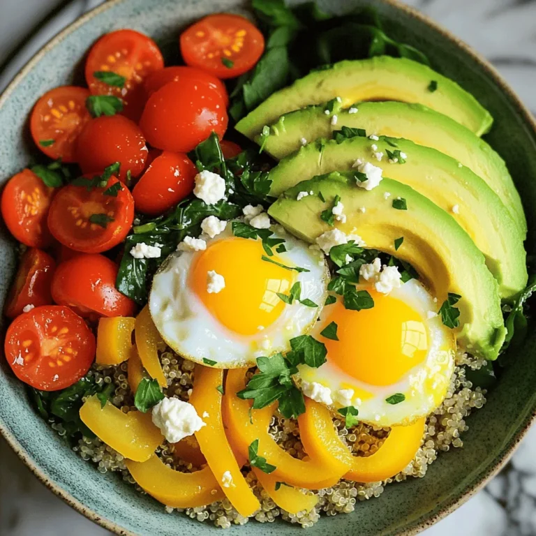 - 1 cup quinoa, rinsed - 2 cups vegetable broth or water - 1 small onion, diced - 2 cloves garlic, minced - 1 bell pepper, diced (any color) - 1 cup cherry tomatoes, halved - 1 cup baby spinach - 2 large eggs (or tofu scramble for a vegan option) - 1 avocado, sliced Quinoa is the star of this dish. It is full of protein and fiber. I love how it brings a nutty flavor. You can use any bell pepper you like. The cherry tomatoes add sweetness. The spinach gives a nice green touch. - Salt and pepper to taste - 1 tablespoon olive oil Salt and pepper enhance the flavors of your bowl. Olive oil adds richness and helps cook the veggies. Always taste as you go. This ensures your dish is just right. - Avocado slices - Feta cheese crumbles - Fresh herbs Toppings make your bowl special. I love adding creamy avocado slices. Feta cheese offers a salty kick that pairs well. Fresh herbs add a burst of flavor. You can mix and match according to your taste. If you want the full recipe, check it out [here](Full Recipe). To start, I bring the vegetable broth to a boil. This liquid gives the quinoa great flavor. Once it boils, I add the rinsed quinoa. Then, I reduce the heat to a simmer. I cover the pot and cook it for about 15 minutes. I check to see if the liquid is absorbed. When it is, I fluff the quinoa with a fork and set it aside. Next, I heat olive oil in a large skillet over medium heat. I add the diced onion and sauté it until it turns translucent. This usually takes about 3-4 minutes. Then, I add the minced garlic and diced bell pepper. I keep cooking for another 2-3 minutes until the peppers soften. After that, I stir in the halved cherry tomatoes. I let them cook for about 2 minutes to blister and soften. Finally, I add the baby spinach, stirring until it wilts in about 1-2 minutes. I season the mixture with salt and pepper to taste. While the vegetables cook, I prepare the eggs. I crack them into a non-stick skillet over medium heat. I often cook them sunny-side up or over easy, depending on my mood. For a tofu scramble, I crumble tofu into another skillet. I season it well and sauté until hot. This gives a nice texture and flavor to the dish. For the full and detailed recipe, check out the Full Recipe. To make the best quinoa, start by rinsing it well. Rinsing removes the bitter coating called saponin. Use a fine mesh strainer and rinse under cold water for a minute. This step is key for a tasty bowl. Cooking time is important too. If you want softer quinoa, add a bit more water and cook it longer. About 20 minutes should do the trick. Always fluff it up with a fork after cooking. This keeps it light and airy. Feel free to switch out the veggies based on the season. In winter, use root vegetables like carrots or sweet potatoes. In summer, add zucchini or corn for a fresh taste. Adding spices can enhance the flavor too. Try smoked paprika or cumin for a warm kick. A dash of red pepper flakes adds heat, while herbs can brighten your dish. For sunny-side up eggs, heat a non-stick skillet over medium heat. Crack the eggs gently and let them cook until the whites are set but the yolks remain runny. This gives you a lovely, rich sauce when you cut into it. If you prefer a vegan option, tofu is a great choice. Just crumble firm tofu and cook it in a skillet with your favorite spices. It absorbs flavors well and adds protein. You can also add nutritional yeast for a cheesy taste. For the full recipe, check out the Savory Breakfast Quinoa Bowl section. {{image_2}} You can easily swap proteins in your breakfast quinoa bowl. Adding chickpeas or black beans boosts fiber and flavor. Both options make your meal hearty and filling. If you follow Whole30 or keto diets, you can add cooked chicken or turkey. These meats fit well with the dish. They keep it low in carbs while adding protein. For a plant-based alternative, consider tempeh or more tofu. To spice things up, try adding hot sauce or sriracha. These sauces add heat and excitement to your bowl. Just a dash can transform your meal from good to great! You can also incorporate different cheeses. Feta cheese crumbles add a tangy taste. If you prefer creaminess, try goat cheese or cheddar. Each cheese brings a new layer of flavor. Meal prepping makes this bowl a breeze. You can prepare several servings at once. Store them in separate containers for quick breakfasts all week. Don’t forget about leftovers! This dish is just as tasty for lunch. Heat it up, and you have a nutritious meal ready to go. You can even add a fresh salad on the side to make it more filling. To keep your savory breakfast quinoa bowl fresh, store it in airtight containers. This prevents moisture and odors from getting in. If you have leftovers, they can last for about three to four days in the fridge. Make sure to check the ingredients too. Cooked quinoa can stay fresh for up to a week. However, fresh veggies like tomatoes and spinach only last a few days, so use them quickly. When it’s time to eat your leftover quinoa bowl, the best method is to use a microwave. Heat it in 30-second intervals, stirring in between. This helps keep the texture nice and fluffy. You can also reheat it in a skillet over low heat. Add a splash of water or broth to keep it moist. This way, you maintain the flavor and avoid dryness. If you want to store your quinoa bowl for longer, freezing is a great option. Cooked quinoa freezes well. Place it in a freezer-safe bag or container. It can last for up to three months. When you’re ready to eat it, just thaw it overnight in the fridge. For veggies, chop and freeze them in small portions. This makes it easy to add them later. Just remember to sauté them after thawing for the best taste. You can find the full recipe for this delicious breakfast quinoa bowl to make it again anytime! Yes, you can easily make this quinoa bowl vegan! For the egg, use tofu instead. Tofu scrambles well and gives you protein. Simply crumble it and sauté it with your veggies. You can also use chickpeas or black beans for extra protein. They add a nice texture and flavor to the bowl. To cook quinoa perfectly, rinse it first to remove bitterness. A common mistake is not using enough water. Use a ratio of 1 cup quinoa to 2 cups water or broth. Bring it to a boil, then reduce to a simmer. Cover and cook for about 15 minutes. Fluff it with a fork when done. This keeps it light and fluffy! Quinoa is a superfood! It is rich in protein and fiber. One cup of cooked quinoa has about 8 grams of protein and 5 grams of fiber. This helps keep you full and satisfied. It also provides essential amino acids, which are great for your body. Quinoa is gluten-free and packed with vitamins and minerals. Enjoy it as a healthy start to your day! You now have a complete guide to making a delicious quinoa bowl. We covered key ingredients like quinoa, veggies, and eggs or tofu. I shared tips for cooking, enhancing flavors, and even suggested storage methods. Remember, you can mix and match ingredients to make it your own. Explore different proteins and toppings to keep meals fresh and fun. Enjoy this healthy dish and feel great about your choices!