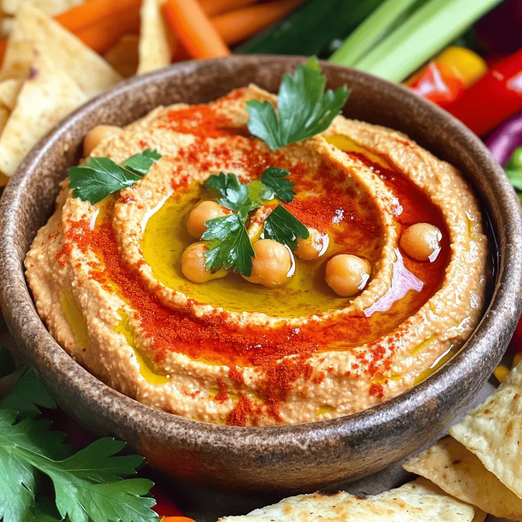 - 1 can (15 oz) chickpeas, drained and rinsed - 1 large roasted red pepper, peeled and chopped - 2 tablespoons tahini Chickpeas are the base of this hummus. They add creaminess and protein. Roasted red peppers bring a sweet, smoky flavor. You can use store-bought or homemade. Tahini adds a nutty taste and smooth texture. - 2 tablespoons olive oil - 2 tablespoons lemon juice - 1 garlic clove, minced Olive oil gives richness. It also helps the hummus blend smoothly. Lemon juice adds brightness and a bit of zing. Garlic gives a nice kick. Just one clove is enough for flavor without being overpowering. - 1/2 teaspoon cumin - Salt to taste - Fresh parsley for garnish - Paprika for sprinkling Cumin adds warmth and depth. Use salt to enhance all the flavors. Fresh parsley adds a pop of color. A sprinkle of paprika gives a nice touch. For the full recipe, check the details provided. Draining and Rinsing Chickpeas Start by opening the can of chickpeas. Pour them into a strainer and rinse them under cold water. This helps remove excess salt and makes the hummus smoother. Let them drain well for a few minutes. Preparing Roasted Red Pepper If using a store-bought roasted red pepper, simply take it out of the jar and chop it into pieces. If you prefer to roast your own, place a whole red pepper on a baking sheet. Roast it in the oven at 450°F for about 20-30 minutes. Once it cools, peel off the skin and chop it. Combining Ingredients in Food Processor In a food processor, add the drained chickpeas, chopped roasted red pepper, tahini, olive oil, lemon juice, minced garlic, cumin, and a pinch of salt. This mix gives our hummus a rich flavor. Achieving Desired Consistency Blend the mixture on high speed until it is smooth. If it feels too thick, you can add water. Do this slowly, one tablespoon at a time, until you find the perfect creamy texture. Adjusting Seasoning After blending, taste the hummus. You might want to add more salt or lemon juice to enhance the flavor. This step is key to making your hummus delicious. Garnishing and Serving Once it’s nice and creamy, transfer the hummus to a bowl. Drizzle a little olive oil on top. Sprinkle some paprika and chopped fresh parsley for a pop of color. Serve it with pita chips, fresh veggies, or use it as a spread in sandwiches. For the full recipe, check out Roasted Red Pepper Hummus Delight. To make great hummus, texture is key. First, drain your chickpeas well. If they are too wet, your hummus will be runny. I like to rinse them under cold water for a few seconds. This helps remove extra salt and any canning liquid. Next, add water slowly. Start with one tablespoon at a time. Blend the mixture until smooth. If it feels thick, keep adding water. You want a creamy dip, not a soup! Fresh roasted red peppers make a big difference. They add a sweet taste that store-bought peppers can’t match. If you use store-bought, look for ones packed in water. They should taste good and be bright in color. You can also spice things up! Try adding smoked paprika for a smoky flavor. Or, a pinch of cayenne if you like heat. Experiment with spices to find your favorite mix. Serve your hummus with pita chips or fresh veggies. Carrots, cucumbers, and bell peppers are great choices. They add crunch and color to your plate. For a nice touch, garnish the hummus. Drizzle olive oil on top and sprinkle smoked paprika. Add fresh parsley for a pop of green. This makes your dish look pretty and inviting. Try out these tips for the best Roasted Red Pepper Hummus. You can find the Full Recipe at the beginning of this article. Enjoy! {{image_2}} You can easily change up your roasted red pepper hummus to make it even tastier. Here are two fun options: - Spicy Roasted Red Pepper Hummus: Add one or two sliced jalapeños or a dash of cayenne pepper. This gives your hummus a nice kick. - Mediterranean Herb-Infused Hummus: Mix in fresh herbs like basil or oregano. This adds a fresh, vibrant taste that pairs well with the roasted pepper. Making hummus that fits different diets is simple. Here are some ideas to try: - Nut-Free Alternatives: If you want a nut-free version, skip the tahini. You can use sunflower seed butter instead. It keeps the creaminess without any nuts. - Vegan-Friendly Options: The recipe is already vegan, but you can add a splash of extra olive oil for richness. This keeps it creamy and satisfying. When hosting, you might need to adjust how much hummus you make. Here’s how to do that: - Scaling for Larger Gatherings: Double or triple the recipe for big parties. Just ensure you have enough chickpeas and peppers. - Individual Serving Ideas: For a fun twist, serve hummus in small cups with veggie sticks. This makes it easy for guests to grab and enjoy. For the full recipe, check out the Roasted Red Pepper Hummus Delight 🥙. To keep your roasted red pepper hummus fresh, store it in an airtight container. This helps lock in flavor and moisture. The hummus will stay good in the fridge for about 4 to 5 days. If you notice any change in smell or color, it’s best to toss it. You can freeze hummus, but there are some tips to follow. First, scoop it into a freezer-safe container. Leave some space at the top, as hummus can expand when frozen. It will keep well for about 3 months. To thaw, place the container in the fridge overnight. When ready to use, stir it well. If it seems dry, mix in a bit of water or olive oil to regain creaminess. For storing hummus, glass or plastic containers work well. Ensure they have tight-sealing lids. This keeps air out and prevents spoilage. If you want easy access, consider portioning your hummus into smaller containers. This way, you can take out just what you need without exposing the whole batch to air each time. Roasted red pepper hummus is a smooth dip made from chickpeas and roasted peppers. It has a vibrant color and rich flavor. This dish is popular for parties, snacks, and spreads. The roasted red pepper adds a sweet and smoky taste, making it a favorite among many. You can enjoy it with pita chips, fresh veggies, or use it in sandwiches. This easy-to-make dip brings joy to many meals. To add some heat to your hummus, consider these options: - Add a pinch of cayenne pepper. - Mix in some chopped jalapeños. - Use spicy roasted red peppers instead of the mild ones. - Stir in a dash of hot sauce for extra kick. These simple tweaks can boost the flavor and heat. Adjust to your taste and enjoy! Yes, you can use dried chickpeas! Here’s how: 1. Soak the dried chickpeas in water overnight. 2. Drain and rinse them. 3. Cook the chickpeas in boiling water for about 1 to 2 hours until tender. 4. Drain them again before using in your hummus. Using dried chickpeas may take longer, but it adds a lovely texture. You can find pre-made hummus at most grocery stores. Look in the refrigerated section. Popular brands often include: - Sabra - Tribe - Cedar’s Check the labels for quality. Look for options with simple ingredients for the best taste. Many stores also have organic or local brands to try. Yes, roasted red pepper hummus is healthy! It is packed with nutrients. Here are some benefits: - Chickpeas are high in protein and fiber. - Olive oil adds healthy fats. - Roasted red peppers provide vitamins A and C. This dip is low in calories and great for snacking. Just watch the portion sizes if you are mindful of your intake. Enjoy it guilt-free! To make roasted red pepper hummus, we covered key ingredients, from chickpeas to spices. I shared step-by-step instructions to ensure perfect texture and flavor. You can adapt this recipe to suit your taste and dietary needs, whether it's spicy or nut-free. For storage, remember how to keep it fresh and delicious. Overall, this hummus is not just tasty; it's healthy and easy to make. Enjoy your cooking and impress your guests with this flavorful dip!