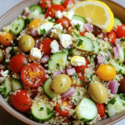 The key to a great Mediterranean quinoa salad lies in fresh, vibrant ingredients. Here’s what you need: - 1 cup quinoa, rinsed - 2 cups vegetable broth or water - 1 cup cherry tomatoes, halved - 1 cucumber, diced - 1/2 red onion, finely chopped - 1/2 cup Kalamata olives, pitted and sliced - 1/2 cup feta cheese, crumbled - 1/4 cup fresh parsley, chopped - 1/4 cup olive oil - 2 tablespoons lemon juice - 1 teaspoon dried oregano - Salt and pepper to taste Each ingredient adds its own health benefits. Quinoa is a great source of protein and fiber. It helps you feel full longer. Cherry tomatoes boost your immune system with vitamins. Cucumbers keep you hydrated and add crunch. Red onion supports heart health. Kalamata olives provide healthy fats. Feta cheese offers calcium and flavor. Fresh parsley is full of vitamins, and lemon juice adds vitamin C. Feel free to adjust the recipe to fit your taste or dietary needs. If you don’t have quinoa, try using bulgur or couscous. For a lower-fat option, swap feta cheese with a dairy-free version. You can also use green olives instead of Kalamata olives. If you want a different flavor, try adding bell peppers or artichoke hearts. Using fresh herbs gives a bright, clean taste. They enhance the salad’s aroma and flavor. Dried herbs, like oregano, are more concentrated. You can use them when fresh is not available. Just remember to use less. For this salad, I recommend fresh parsley for a pop of color. It also pairs well with the lemon juice and olive oil. To cook quinoa right, start by rinsing 1 cup of quinoa under cold water. This removes the bitter coating called saponin. Next, in a medium saucepan, combine the rinsed quinoa with 2 cups of vegetable broth or water. Bring this mixture to a boil over medium heat. Once boiling, reduce the heat to low. Cover the pot and let it simmer for about 15 minutes. The quinoa should be fluffy, and all the liquid will be absorbed. After cooking, remove it from heat and let it cool for a few minutes. In a large mixing bowl, combine several fresh ingredients. Use 1 cup of halved cherry tomatoes, 1 diced cucumber, and 1/2 finely chopped red onion. Add 1/2 cup of sliced Kalamata olives and 1/2 cup of crumbled feta cheese. These ingredients bring vibrant colors and tastes. Once combined, gently mix them to avoid breaking the tomatoes and feta. This mix forms the base of your salad and sets the stage for amazing flavor. Now, let’s make the dressing. In a small bowl or jar, whisk together 1/4 cup of olive oil and 2 tablespoons of lemon juice. Add 1 teaspoon of dried oregano, along with salt and pepper to taste. Whisk until everything blends well. This dressing adds a zesty kick to your salad. Once the quinoa has cooled, add it to the large bowl with the vegetables. Pour the dressing over the salad and toss gently. Finally, fold in 1/4 cup of chopped parsley for freshness. This is how you create a vibrant Mediterranean quinoa salad. For the full recipe, check the details above! To keep your Mediterranean quinoa salad fresh, store it in an airtight container. Place it in the fridge. It can last up to three days. If you want to keep it extra fresh, store the dressing separately. Dress the salad just before you eat it. Want to boost the taste? Try adding some roasted red peppers. They add a sweet, smoky flavor. You could also toss in some chickpeas for extra protein. Nuts like pine nuts or almonds add crunch. Herbs like mint or dill can brighten the dish. Mix and match until you find your favorite combo! You can easily prepare this salad ahead of time. Cook the quinoa and let it cool. Chop the veggies and store them in the fridge. You can even make the dressing a day in advance. When it’s time to eat, combine everything. You’ll have a delicious meal in no time! For the full recipe, check out the detailed steps above. {{image_2}} You can make your Mediterranean quinoa salad heartier by adding protein. Consider chickpeas for a plant-based option. They add a nice texture and flavor. You can also use grilled chicken for a savory twist. Shrimp is another tasty choice. Just sauté it lightly and mix it in. If you want something richer, try adding tuna. It pairs well with the other flavors. Each option gives a new taste. While the lemon-olive oil dressing is classic, feel free to experiment. A tahini-based dressing adds creaminess and depth. Mix tahini with lemon juice and garlic for zest. You can also try a yogurt dressing. It makes the salad creamy and tangy. For a spicy kick, add sriracha or harissa. This adds a fun twist to the dish. Each dressing changes the vibe of the salad! Switching ingredients with the seasons keeps your salad fresh. In summer, add ripe peaches or watermelon for sweetness. In fall, roasted butternut squash adds warmth and flavor. Winter is great for using hearty greens like kale or spinach. In spring, fresh asparagus or snap peas brighten the dish. These swaps not only add flavor but also make the salad colorful. You can enjoy the Mediterranean quinoa salad all year long! For the full recipe, check out the details above. After you make the Mediterranean quinoa salad, let it cool down. Store it in an airtight container. This keeps the flavors fresh and prevents drying out. Place the container in the fridge. This salad tastes better the next day as the flavors blend. You can freeze this salad, but it may change texture. To freeze, pack it tightly into a freezer-safe container. Leave some space for expansion. Try to eat it within three months for the best taste. Thaw it in the fridge overnight before serving. When stored properly, the salad lasts about 3 to 5 days in the fridge. If you see any signs of spoilage, like off-smells or color changes, discard it. For the best taste, enjoy it fresh, but leftovers are great too. Yes, Mediterranean Quinoa Salad is gluten-free. Quinoa itself is a seed, not a grain. It does not contain gluten. Therefore, this salad works well for those with gluten sensitivities. Just ensure the broth or any added ingredients are also gluten-free. Absolutely! To make this salad vegan, simply skip the feta cheese or use a plant-based feta. The other ingredients, like quinoa, vegetables, and olives, are all vegan-friendly. You still get a tasty and nutritious dish without the cheese. Serve Mediterranean Quinoa Salad in a large bowl or on individual plates. For a nice touch, add a sprig of parsley and a lemon wedge. This salad tastes great chilled or at room temperature. It makes a perfect side dish or a light meal. You can also pair it with grilled vegetables or protein for a heartier option. For the full recipe, check out the details above! This blog post shared easy ways to make a tasty Mediterranean quinoa salad. We talked about healthy ingredients and tasty mix-ins. You learned how to cook quinoa, mix flavors, and make a great dressing. I shared tips for storing leftovers and preparing ahead. You can even customize the salad with protein and season swaps. Enjoy this salad at any time. It’s simple, healthy, and full of fresh flavor. So, grab your ingredients and start cooking!