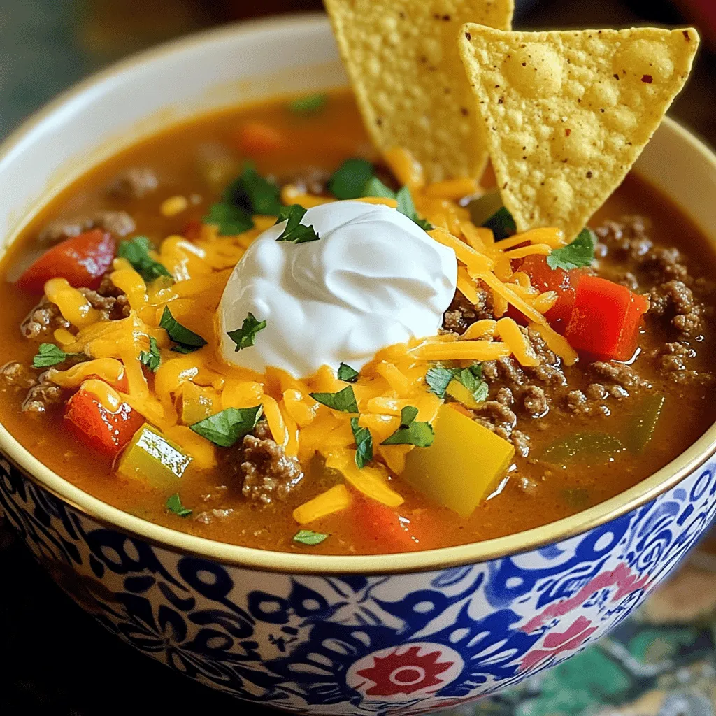 To make a tasty taco soup, you will need some simple ingredients. Here’s what you need: - 1 lb ground beef or ground turkey - 1 medium onion, diced - 1 bell pepper, diced (any color) - 2 cloves garlic, minced - 1 can (15 oz) black beans, rinsed and drained - 1 can (15 oz) corn, drained - 1 can (14.5 oz) diced tomatoes with green chilies - 1 can (15 oz) tomato sauce - 2 cups beef or chicken broth - 1 packet taco seasoning - 1 teaspoon cumin - Salt and pepper to taste - Optional toppings: shredded cheese, sour cream, diced green onions, tortilla chips Each ingredient adds a layer of flavor. The ground meat gives it heartiness. The beans and corn add texture. The tomatoes and broth create a rich base. Taco seasoning and cumin bring that classic taco taste. For added fun, try different toppings. Shredded cheese melts beautifully on top. Sour cream adds creaminess. Fresh green onions give a nice crunch. Tortilla chips add a delightful crunch. This taco soup is not just easy; it’s also a crowd-pleaser. For the full recipe, you can check out the complete instructions. 1. Sauté vegetables for base flavor Start by heating a splash of olive oil in a large pot over medium heat. Add the diced onion and bell pepper. You want to cook them until they are soft and the onion looks clear. This should take about 5 minutes. 2. Brown the ground beef or turkey Next, add the minced garlic. Cook it for one more minute until it smells great. Then, add the ground beef or turkey. Break it apart with a spatula as it cooks. Make sure it is brown and no longer pink. This will take about 5 to 7 minutes. Drain any fat that is left in the pot. 3. Combine all ingredients in a pot Now, it’s time to mix in the fun stuff. Add the black beans, corn, diced tomatoes, tomato sauce, and broth to the pot. Don’t forget to add the taco seasoning and cumin. Stir everything well so it all blends together. 4. Simmer and adjust seasoning Bring the mixture to a boil. Once it’s bubbling, turn down the heat and let it simmer for 15 minutes. This helps all the flavors mix nicely. Taste the soup and add salt and pepper as needed. Enjoy your warm and tasty taco soup! For the full recipe, check out the section above. To make your taco soup burst with flavor, I suggest using homemade taco seasoning. The fresh spices really make a difference. You can mix chili powder, cumin, and paprika for a quick blend. Allowing the soup to sit for a while also helps. This way, the flavors can blend and deepen. If you can, let it chill overnight. You will taste the improvement. Taco soup is best served hot. A few garnishments can elevate your meal. I love adding shredded cheese and a dollop of sour cream. You can also sprinkle diced green onions on top for freshness. For sides, cornbread pairs well with the soup. Tortilla chips make a great crunchy addition too. You can dip the chips into the soup for extra fun! Using a slow cooker can make your life easier. Just throw in all the ingredients and let it simmer. It’s perfect for busy days. If you have leftovers, freezing is a smart choice. Cool the soup first, then store it in freezer-safe bags. When you want to enjoy it later, just thaw and reheat. This way, you have a quick meal ready anytime! For the complete recipe, don't forget to check out the [Full Recipe]. {{image_2}} You can easily change a few ingredients in taco soup. If you want a leaner meal, swap ground beef for ground turkey. This will cut down on fat but keep the taste rich. You can also change the beans. Use kidney beans, pinto beans, or even black-eyed peas. Each choice can add a new twist to the soup. For those who prefer no meat, a vegetarian option is simple. Just leave out the meat and add more beans or veggies. You can also use vegetable broth instead of beef or chicken broth. If you need it gluten-free, check your taco seasoning and use gluten-free broth. These small changes can help everyone enjoy this tasty meal. To keep your taco soup fresh, store it in the fridge. Use an airtight container to prevent spills and keep the soup tasty. It lasts about three to four days in the fridge. If you want to save it for longer, freezing is a great option. For freezing, let the soup cool to room temperature first. Then, pour it into freezer-safe bags or containers. Leave some space at the top, as the soup will expand when frozen. Taco soup can stay good for up to three months in the freezer. When you are ready to enjoy your taco soup again, I recommend reheating it on the stove. Pour the soup into a pot over medium heat. Stir often to heat evenly. You can also use the microwave. Place the soup in a microwave-safe bowl, then cover it loosely. Heat in short bursts, stirring in between, until hot. Avoid overcooking by watching the soup closely. If it starts to bubble too much, lower the heat or stop heating. This keeps the flavors bright and fresh. Enjoy your taco soup like it's the first time! Taco soup lasts for about three to four days in the fridge. Make sure to store it in an airtight container. This keeps it fresh and helps the flavors stay intact. If you want it to last longer, consider freezing it. Yes, you can make taco soup ahead of time. It tastes even better the next day! Just prepare it, let it cool, and store it in the fridge. When you are ready to eat, heat it up on the stove or in the microwave. Taco soup pairs well with several sides. You can serve it with cornbread or tortilla chips. A fresh salad or sliced avocado adds a nice touch too. For a fun twist, try adding some crushed tortilla chips right on top! Taco soup can be a healthy choice. It is packed with protein from the meat and fiber from the beans. You can also add your favorite veggies to boost the nutrition. Just watch your portion sizes and toppings for better health. Absolutely! You can control the spice in taco soup. If you like it mild, use less taco seasoning or skip the pepper. For more heat, add chopped jalapeños or extra chili powder. Taste as you go to find your perfect balance. For the complete recipe, check out the Full Recipe. This blog post covered how to make a tasty taco soup. You learned about key ingredients and simple steps for preparation. I shared tips for enhancing flavors and suggested how to serve it well. You can swap ingredients for different diets and store leftovers easily. Remember, taco soup is flexible and fun to make. Try your own twists on the recipe. Enjoy your cooking!