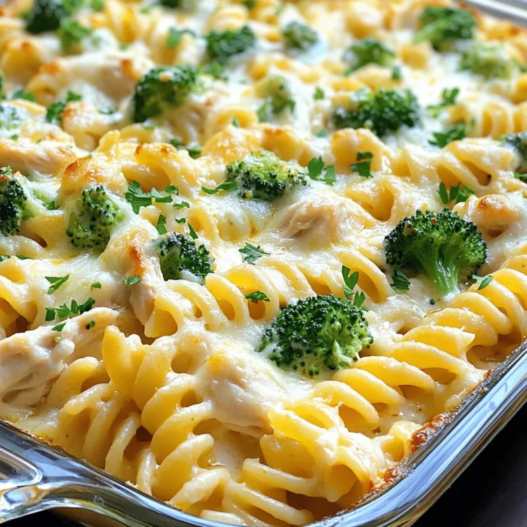 - 2 cups cooked rotini pasta - 2 cups cooked chicken breast, shredded - 2 cups Alfredo sauce (store-bought or homemade) - 1 cup mozzarella cheese, shredded - 1/2 cup Parmesan cheese, grated - 1 cup broccoli florets (fresh or frozen) - 1 teaspoon garlic powder - 1 teaspoon Italian seasoning - Salt and pepper to taste - Fresh parsley, chopped (for garnish) Gathering the right ingredients is key for a great Easy Chicken Alfredo Bake. Start with 2 cups of cooked rotini pasta. This shape holds the sauce well and adds a nice texture. Next, use 2 cups of cooked chicken breast, shredded. You can use leftover chicken or rotisserie chicken to save time. Next, you need 2 cups of Alfredo sauce. You can buy it or make it from scratch. If you choose to make it, I suggest using heavy cream, butter, and Parmesan for a rich flavor. Add 1 cup of shredded mozzarella cheese for that melty goodness. Also, include 1/2 cup of grated Parmesan cheese. This gives an extra punch of taste. Don't forget 1 cup of broccoli florets. Fresh or frozen works, but fresh gives a nice crunch. For seasoning, add 1 teaspoon of garlic powder and 1 teaspoon of Italian seasoning. Adjust salt and pepper to your liking. Finally, chop fresh parsley for garnish. It adds color and fresh flavor to your dish. These ingredients come together to create a hearty meal that everyone will love. For the full recipe, check out the details above. 1. Preheat your oven to 350°F (175°C). This step is key for even cooking. 2. In a large bowl, combine the cooked rotini pasta, shredded chicken, and alfredo sauce. Add the broccoli, garlic powder, Italian seasoning, salt, and pepper. Mix well until everything is coated. 3. Transfer the mixture into a greased 9x13 inch baking dish. Spread it evenly so all the flavors mix together well. 1. Cover the baking dish with aluminum foil. Bake in the preheated oven for 20 minutes. This helps steam the dish and keep it moist. 2. After 20 minutes, remove the foil. Bake uncovered for an additional 10 minutes. This step allows the cheese to melt and turn golden brown. 1. Let the dish cool for a few minutes before serving. This helps the cheese set slightly. 2. Garnish with fresh chopped parsley. This adds a nice pop of color and freshness to the dish. For the complete recipe, check out the Full Recipe. - Ensure chicken is thoroughly cooked before shredding. This keeps the flavors bright. - Use a variety of cheeses for added flavor. Mozzarella and Parmesan work well together. - Pair with garlic bread or a side salad. This adds fresh crunch and flavor. - Pre-cook chicken and pasta in advance. This cuts down on prep time. - Use store-bought Alfredo sauce for quicker preparation. It saves time and still tastes good. These tips turn your Easy Chicken Alfredo Bake into a quick and tasty meal. For the Full Recipe, check the earlier section. {{image_2}} You can easily change up the recipe for Easy Chicken Alfredo Bake. Here are some simple swaps: - Pasta Shape: You can swap rotini for any pasta shape you have. Penne, fusilli, or even spaghetti work well. Each shape adds a unique texture. - Vegetables: Feel free to use different vegetables. Spinach adds a nice color and flavor. Bell peppers bring a sweet crunch. Use what you love! You can enhance the taste by making homemade Alfredo sauce. Homemade sauce gives a richer flavor. It allows you to control the ingredients. Plus, it’s fun to make! Don’t feel tied to chicken. You can substitute chicken with cooked shrimp or sausage. Shrimp cooks quickly and adds a seafood twist. Sausage brings a hearty flavor. Both options keep dinner exciting! After you enjoy your Easy Chicken Alfredo Bake, store the leftovers in an airtight container. This keeps the flavors fresh. You can safely eat it for up to 3-4 days in the refrigerator. Just make sure it cools before you seal it up. If you have more than enough for one meal, freeze your leftovers. You can freeze them in individual portions or as a whole dish. For best results, wrap it well. When you want to eat it again, thaw it overnight in the refrigerator before reheating. This helps maintain the creamy texture. To bring back that fresh-baked taste, reheat your dish in the oven. This keeps the top crispy and the cheese gooey. If you need to use a microwave, add a splash of water to keep it moist. This way, it won’t dry out when you heat it up. How long does Easy Chicken Alfredo Bake take to prepare? This dish takes about 15 minutes to prep and 35 minutes to cook. You can have a tasty meal ready in less than an hour. Can I use gluten-free pasta? Yes, you can use gluten-free pasta. Just make sure to adjust the cooking time as needed. Is this dish freezable? Yes, you can freeze it. Store in an airtight container for up to three months. What can I serve with Easy Chicken Alfredo Bake? This bake pairs well with garlic bread and a fresh salad. You can also add some steamed veggies on the side. Can I make this recipe ahead of time? Yes, you can prepare the dish in advance. Just cover it and keep it in the fridge until you are ready to bake. What's the best way to reheat leftovers? Reheat in the oven for a nice texture. If you use a microwave, add a splash of water to keep it moist. Can I substitute chicken for something else? Absolutely! You can use cooked shrimp, sausage, or even tofu for a vegetarian option. What kind of Alfredo sauce is best for this recipe? Store-bought Alfredo sauce works great, but homemade sauce adds a richer taste. You can find the full recipe for that in the [Full Recipe]. This blog post shared an easy Chicken Alfredo Bake recipe with clear steps and tips. You learned about key ingredients, preparation, and baking methods. I also provided useful variations for picky eaters and storage advice for leftovers. This dish is simple and flexible, allowing for personal touches. Remember, cooking should be fun, so feel free to adapt the recipe to your taste. Enjoy your time in the kitchen and savor the delicious results!