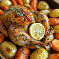 - 1 whole chicken (about 4-5 lbs) - 1/2 cup unsalted butter, softened - 6 cloves garlic, minced - 2 tablespoons fresh rosemary, chopped - 2 tablespoons fresh thyme leaves - 1 tablespoon fresh parsley, chopped The main ingredients create a flavorful base for your chicken. The whole chicken is the star of the dish. The butter adds richness. Garlic brings in a strong, savory taste. Fresh herbs like rosemary and thyme add depth and freshness. The parsley brightens the dish. Each ingredient works together to make the chicken juicy and tasty. - 1 onion, quartered - 4 carrots, cut into chunks - 4 potatoes, diced - 1 lemon, zested and quartered Adding vegetables gives the meal more texture and flavor. The onion adds sweetness as it roasts. Carrots bring a nice crunch and color. Potatoes soak up the chicken's juices, making them extra tasty. The lemon adds a hint of brightness, cutting through the richness of the dish. This mix of veggies not only enhances flavor but also makes the meal more balanced. - Salt - Pepper - Cooking tools (roasting pan, basting brush, knife, cutting board) Salt and pepper are key for seasoning. They help bring out the flavors of the chicken and veggies. Good cooking tools make the process easier. A roasting pan holds everything together. A basting brush helps spread the garlic butter. A sharp knife and cutting board are necessary for prepping. Having the right tools makes cooking fun and smooth. For the full recipe, check out the details above. First, preheat your oven to 425°F (220°C). This helps cook the chicken evenly. While the oven warms up, gather your ingredients. You will need a whole chicken, butter, garlic, herbs, lemon, onion, carrots, and potatoes. Make sure everything is ready to go. Next, let’s make the garlic butter. In a bowl, mix softened butter with minced garlic and herbs. Add lemon zest, salt, and pepper until it is smooth. Now, take your chicken and pat it dry with paper towels. This step is key for crisp skin. Carefully loosen the skin around the breast and thighs. Use half of your garlic butter to spread under the skin. This adds flavor to the meat. After applying the garlic butter, rub the rest on the outside of the chicken. Stuff the cavity with lemon quarters and a few thyme sprigs. This adds great taste while it cooks. Place the chicken in a roasting pan. Surround it with quartered onion, carrots, and diced potatoes. Drizzle any leftover garlic butter over the veggies and sprinkle with salt and pepper. Roast in the oven for about 1 hour and 15 minutes. Aim for an internal temperature of 165°F (75°C) and a golden brown skin. Once done, take the chicken out and let it rest for 10 to 15 minutes. This resting time helps keep the juices inside. Serve your chicken with the roasted vegetables for a delightful meal. For the full recipe, refer back to the beginning. To make your Garlic Butter Herb Roasted Chicken shine, start with proper seasoning. Use salt and pepper generously. The key is to season both inside and outside of the chicken. This helps the flavor soak in. Marinate the chicken for a few hours or overnight if you can. This allows the herbs to work their magic. Fresh herbs like rosemary and thyme add great flavor, but dried herbs can work too. Always adjust the amount based on your taste. For crispy skin, pat the chicken dry before cooking. Moisture can make the skin soggy. After applying the garlic butter, let the chicken sit for a bit before roasting. This helps it dry out more. Use a high oven temperature of 425°F. This ensures that the skin gets that golden brown color. If you want extra crunch, you can broil it for the last few minutes. Just watch closely so it doesn’t burn! Resting your chicken is key for juicy meat. After roasting, let it sit for 10-15 minutes before carving. This allows the juices to spread back through the meat. If you skip this step, you may end up with dry chicken. Use this time to set the table or prepare side dishes. It’s a perfect way to add some calm to your cooking. The resting period truly makes a big difference in the final dish. {{image_2}} You can switch up the herbs for more flavor. Instead of rosemary, try sage or oregano. Each herb brings a unique taste. You might even mix herbs for a new twist. Fresh herbs are best but dried ones work too. Use about one-third of the amount if you use dried. Feel free to add or swap veggies in the dish. Sweet potatoes or parsnips can replace regular potatoes. You can also add bell peppers or zucchini for a colorful touch. Just make sure to cut them to similar sizes for even cooking. Roasting different vegetables adds variety and keeps things exciting. You can make this recipe in a slow cooker or air fryer. For the slow cooker, cook on low for 6-8 hours. The chicken will be very tender and juicy. If you prefer the air fryer, cook at 360°F for about 50 minutes. The skin will get crispy while the inside stays moist. Each method gives you a different, tasty result. For the full recipe, check the main article. To keep your Garlic Butter Herb Roasted Chicken fresh, follow these tips: - Cool the chicken to room temperature first. - Wrap it tightly in plastic wrap or aluminum foil. - Place it in an airtight container for best results. - Store it in the fridge for up to 3 days. For long-term storage, you can freeze the chicken. - Cut it into pieces for easier thawing. - Use freezer bags to save space. - It can last in the freezer for about 3 months. Reheating is simple, and I have a few methods: - Oven: Preheat your oven to 350°F (175°C). - Place the chicken in a baking dish. - Cover it with foil to keep it moist. - Heat for about 20-25 minutes, or until warm. - Microwave: Use a microwave-safe dish. - Cover it with a damp paper towel to trap steam. - Heat on medium power for about 2-3 minutes. - Check if it's warm all the way through. Knowing how long your chicken stays fresh helps you plan meals: - In the fridge, it lasts up to 3 days. - In the freezer, it can stay good for about 3 months. Always check for signs of spoilage before eating. Look for changes in smell or texture. Storing your chicken properly helps maintain its flavor and safety. For more details, check out the Full Recipe. To check if the chicken is fully cooked, use a meat thermometer. Insert it into the thickest part of the breast. The chicken should reach an internal temperature of 165°F (75°C). You can also look for visual cues. The skin must be golden brown and crispy. The juices should run clear when you cut into the thigh. If you see pink juices, cook it a bit longer. Yes, you can prepare this recipe in advance! You can mix the garlic butter and season the chicken a day before. Keep it covered in the fridge. This allows the flavors to soak in. Just remember to take it out 30 minutes before cooking. This helps the chicken cook evenly. Garlic Butter Herb Roasted Chicken pairs well with many side dishes. Here are some great options: - Roasted vegetables: Carrots, potatoes, and onions go well. - Salads: A fresh green salad adds crunch. - Rice or quinoa: These grains soak up the chicken juices. - Bread: A slice of crusty bread is perfect for dipping. Try these sides to make your meal even better! For the full recipe, check out the Garlic Butter Herb Roasted Chicken details. This blog post covered making Garlic Butter Herb Roasted Chicken. You learned about key ingredients, like whole chicken and herbs. We discussed cooking steps and tips for flavor. You also found variations for herbs and veggies. In my view, this dish is about simple ingredients and tasty results. With the right care, you can impress anyone at the table. Enjoy trying different methods and flavors to make it your own!