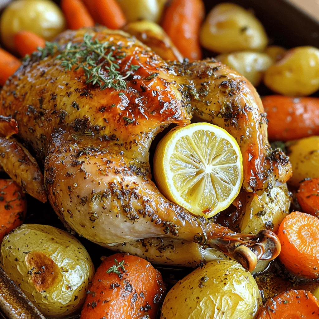 - 1 whole chicken (about 4-5 lbs) - 1/2 cup unsalted butter, softened - 6 cloves garlic, minced - 2 tablespoons fresh rosemary, chopped - 2 tablespoons fresh thyme leaves - 1 tablespoon fresh parsley, chopped The main ingredients create a flavorful base for your chicken. The whole chicken is the star of the dish. The butter adds richness. Garlic brings in a strong, savory taste. Fresh herbs like rosemary and thyme add depth and freshness. The parsley brightens the dish. Each ingredient works together to make the chicken juicy and tasty. - 1 onion, quartered - 4 carrots, cut into chunks - 4 potatoes, diced - 1 lemon, zested and quartered Adding vegetables gives the meal more texture and flavor. The onion adds sweetness as it roasts. Carrots bring a nice crunch and color. Potatoes soak up the chicken's juices, making them extra tasty. The lemon adds a hint of brightness, cutting through the richness of the dish. This mix of veggies not only enhances flavor but also makes the meal more balanced. - Salt - Pepper - Cooking tools (roasting pan, basting brush, knife, cutting board) Salt and pepper are key for seasoning. They help bring out the flavors of the chicken and veggies. Good cooking tools make the process easier. A roasting pan holds everything together. A basting brush helps spread the garlic butter. A sharp knife and cutting board are necessary for prepping. Having the right tools makes cooking fun and smooth. For the full recipe, check out the details above. First, preheat your oven to 425°F (220°C). This helps cook the chicken evenly. While the oven warms up, gather your ingredients. You will need a whole chicken, butter, garlic, herbs, lemon, onion, carrots, and potatoes. Make sure everything is ready to go. Next, let’s make the garlic butter. In a bowl, mix softened butter with minced garlic and herbs. Add lemon zest, salt, and pepper until it is smooth. Now, take your chicken and pat it dry with paper towels. This step is key for crisp skin. Carefully loosen the skin around the breast and thighs. Use half of your garlic butter to spread under the skin. This adds flavor to the meat. After applying the garlic butter, rub the rest on the outside of the chicken. Stuff the cavity with lemon quarters and a few thyme sprigs. This adds great taste while it cooks. Place the chicken in a roasting pan. Surround it with quartered onion, carrots, and diced potatoes. Drizzle any leftover garlic butter over the veggies and sprinkle with salt and pepper. Roast in the oven for about 1 hour and 15 minutes. Aim for an internal temperature of 165°F (75°C) and a golden brown skin. Once done, take the chicken out and let it rest for 10 to 15 minutes. This resting time helps keep the juices inside. Serve your chicken with the roasted vegetables for a delightful meal. For the full recipe, refer back to the beginning. To make your Garlic Butter Herb Roasted Chicken shine, start with proper seasoning. Use salt and pepper generously. The key is to season both inside and outside of the chicken. This helps the flavor soak in. Marinate the chicken for a few hours or overnight if you can. This allows the herbs to work their magic. Fresh herbs like rosemary and thyme add great flavor, but dried herbs can work too. Always adjust the amount based on your taste. For crispy skin, pat the chicken dry before cooking. Moisture can make the skin soggy. After applying the garlic butter, let the chicken sit for a bit before roasting. This helps it dry out more. Use a high oven temperature of 425°F. This ensures that the skin gets that golden brown color. If you want extra crunch, you can broil it for the last few minutes. Just watch closely so it doesn’t burn! Resting your chicken is key for juicy meat. After roasting, let it sit for 10-15 minutes before carving. This allows the juices to spread back through the meat. If you skip this step, you may end up with dry chicken. Use this time to set the table or prepare side dishes. It’s a perfect way to add some calm to your cooking. The resting period truly makes a big difference in the final dish. {{image_2}} You can switch up the herbs for more flavor. Instead of rosemary, try sage or oregano. Each herb brings a unique taste. You might even mix herbs for a new twist. Fresh herbs are best but dried ones work too. Use about one-third of the amount if you use dried. Feel free to add or swap veggies in the dish. Sweet potatoes or parsnips can replace regular potatoes. You can also add bell peppers or zucchini for a colorful touch. Just make sure to cut them to similar sizes for even cooking. Roasting different vegetables adds variety and keeps things exciting. You can make this recipe in a slow cooker or air fryer. For the slow cooker, cook on low for 6-8 hours. The chicken will be very tender and juicy. If you prefer the air fryer, cook at 360°F for about 50 minutes. The skin will get crispy while the inside stays moist. Each method gives you a different, tasty result. For the full recipe, check the main article. To keep your Garlic Butter Herb Roasted Chicken fresh, follow these tips: - Cool the chicken to room temperature first. - Wrap it tightly in plastic wrap or aluminum foil. - Place it in an airtight container for best results. - Store it in the fridge for up to 3 days. For long-term storage, you can freeze the chicken. - Cut it into pieces for easier thawing. - Use freezer bags to save space. - It can last in the freezer for about 3 months. Reheating is simple, and I have a few methods: - Oven: Preheat your oven to 350°F (175°C). - Place the chicken in a baking dish. - Cover it with foil to keep it moist. - Heat for about 20-25 minutes, or until warm. - Microwave: Use a microwave-safe dish. - Cover it with a damp paper towel to trap steam. - Heat on medium power for about 2-3 minutes. - Check if it's warm all the way through. Knowing how long your chicken stays fresh helps you plan meals: - In the fridge, it lasts up to 3 days. - In the freezer, it can stay good for about 3 months. Always check for signs of spoilage before eating. Look for changes in smell or texture. Storing your chicken properly helps maintain its flavor and safety. For more details, check out the Full Recipe. To check if the chicken is fully cooked, use a meat thermometer. Insert it into the thickest part of the breast. The chicken should reach an internal temperature of 165°F (75°C). You can also look for visual cues. The skin must be golden brown and crispy. The juices should run clear when you cut into the thigh. If you see pink juices, cook it a bit longer. Yes, you can prepare this recipe in advance! You can mix the garlic butter and season the chicken a day before. Keep it covered in the fridge. This allows the flavors to soak in. Just remember to take it out 30 minutes before cooking. This helps the chicken cook evenly. Garlic Butter Herb Roasted Chicken pairs well with many side dishes. Here are some great options: - Roasted vegetables: Carrots, potatoes, and onions go well. - Salads: A fresh green salad adds crunch. - Rice or quinoa: These grains soak up the chicken juices. - Bread: A slice of crusty bread is perfect for dipping. Try these sides to make your meal even better! For the full recipe, check out the Garlic Butter Herb Roasted Chicken details. This blog post covered making Garlic Butter Herb Roasted Chicken. You learned about key ingredients, like whole chicken and herbs. We discussed cooking steps and tips for flavor. You also found variations for herbs and veggies. In my view, this dish is about simple ingredients and tasty results. With the right care, you can impress anyone at the table. Enjoy trying different methods and flavors to make it your own!