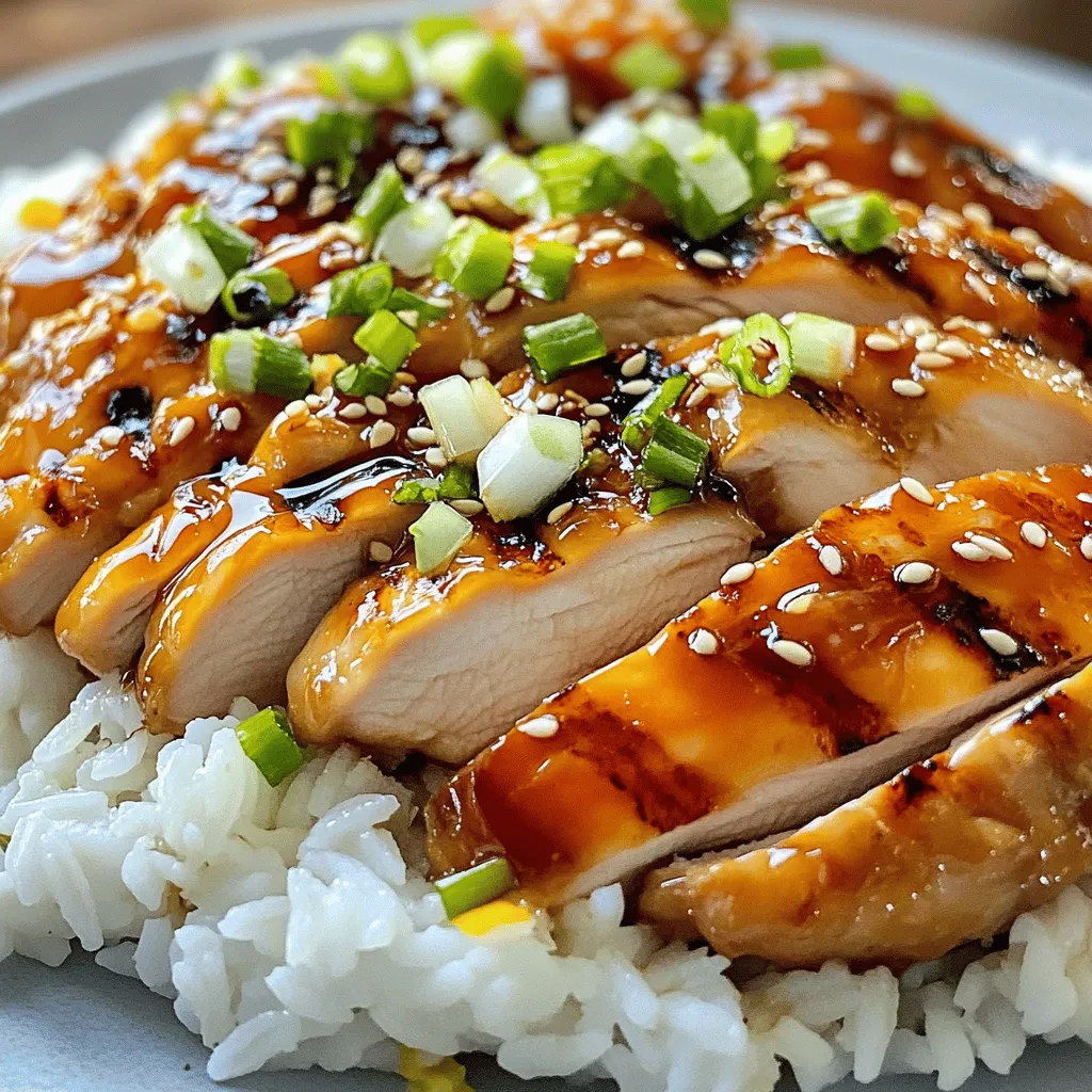 - 4 boneless, skinless chicken thighs - 1/4 cup soy sauce - 1/4 cup honey - 2 tablespoons rice vinegar - 1 tablespoon sesame oil - 2 garlic cloves, minced - 1 teaspoon freshly grated ginger - 2 green onions, chopped (for garnish) - 1 tablespoon sesame seeds (for garnish) - Cooked white rice (for serving) Mouthwatering teriyaki chicken starts with fresh, quality ingredients. The chicken thighs give a juicy bite, while the soy sauce adds saltiness. Honey brings sweetness, and rice vinegar gives it a tangy twist. Sesame oil adds a rich depth to the flavor. The garlic and ginger create a fragrant base. These two ingredients enhance the taste and bring warmth. For serving, I love using green onions and sesame seeds. They not only look good but also add a mild flavor. Pair your chicken with fluffy white rice. It soaks up the delicious sauce and balances the dish. You can find the full recipe [here](#). Enjoy cooking! - Combine soy sauce, honey, rice vinegar, sesame oil, minced garlic, and ginger. - Whisk until well blended. Creating a great teriyaki marinade is key. The blend of soy sauce and honey gives that sweet and salty taste. Rice vinegar adds a nice tang. Sesame oil brings in a nutty flavor. Garlic and ginger add depth and warmth. - Place chicken thighs in a resealable bag or dish. - Pour marinade over the chicken and refrigerate for 30 minutes. Marinating is vital. It lets the chicken soak up those tasty flavors. Using a resealable bag makes it easy to coat every piece. If you can, flip the bag halfway through for even flavor. - Preheat grill or grill pan and discard leftover marinade. - Grill chicken thighs until internal temperature reaches 165°F (75°C). Grilling gives a nice char and smoky taste. Make sure your grill is hot before adding the chicken. This helps get those beautiful grill marks. I usually cook for about 6-7 minutes on each side. - Let chicken rest, slice into strips, and serve over rice. - Add garnishes of sesame seeds and green onions. Resting the chicken is important. It keeps the juices inside, making each bite juicy. Slicing it into strips makes it easy to serve. Lay it over fluffy white rice, then sprinkle sesame seeds and green onions for a fresh look. For the full recipe, check the section above. - To achieve perfect grill marks, ensure the grill is preheated properly. - Let chicken rest after cooking to retain juices. - Consider adding mushrooms or bell peppers to the marinade for extra flavor. - Use low-sodium soy sauce for a healthier option. - Arrange the rice on a platter with sliced chicken on top. - Use a colorful side of steamed vegetables for an attractive presentation. {{image_2}} You can switch up the main protein in teriyaki chicken. - Use chicken breast instead of thighs for a leaner option. - Substitute with tofu for a vegetarian version. Tofu absorbs the marinade well, giving it great flavor. You can cook teriyaki chicken in various ways. - Bake in the oven at 375°F (190°C) for 25-30 minutes. This method keeps the chicken juicy. - Stir-fry chicken pieces in a skillet for a quick, easy meal. Just cook until they are golden brown and cooked through. Feel free to get creative with flavors. - Experiment with pineapple juice for a tropical twist. This adds sweetness and acidity. - Add sriracha for a spicy version of teriyaki chicken. It gives a nice kick that balances the sweetness. These variations ensure that everyone can enjoy teriyaki chicken in their own favorite way. You can find the full recipe to get started on this delicious dish. Keep any leftover chicken and rice in an airtight container. This helps keep the food fresh. Store in the refrigerator for up to 3 days. If you wait too long, it may spoil. You can freeze marinated chicken before cooking. This makes for quick meal prep later. Cooked chicken can also be frozen for up to 2 months. Just make sure to seal it well. To reheat, use a microwave or the stovetop. Add a splash of water to keep it moist. This way, your teriyaki chicken stays delicious and tender. Enjoy your meal! To make teriyaki chicken less salty, you should use low-sodium soy sauce. You can also reduce the amount of soy sauce in the recipe. This way, you keep the flavor but cut down on the saltiness. Yes, you can cook teriyaki chicken in an air fryer. Set it to 375°F (190°C) and cook for about 15-20 minutes. Flip the chicken halfway through for even cooking. Serve teriyaki chicken over rice. Add steamed vegetables on the side. For an extra touch, garnish with sesame seeds and chopped green onions. This adds color and flavor to your meal. To check if the teriyaki chicken is cooked, use a meat thermometer. The internal temperature should reach 165°F (75°C). This ensures it is safe to eat and juicy. This blog post covered how to make teriyaki chicken that is both tasty and easy. We discussed the main ingredients, cooking steps, and helpful tips to enhance flavor. You can customize your dish with different proteins or cooking methods. Remember to store any leftovers properly for future meals. Teriyaki chicken can be simple, versatile, and enjoyable for any occasion. Now you’re ready to cook and impress your friends and family with this delicious dish!