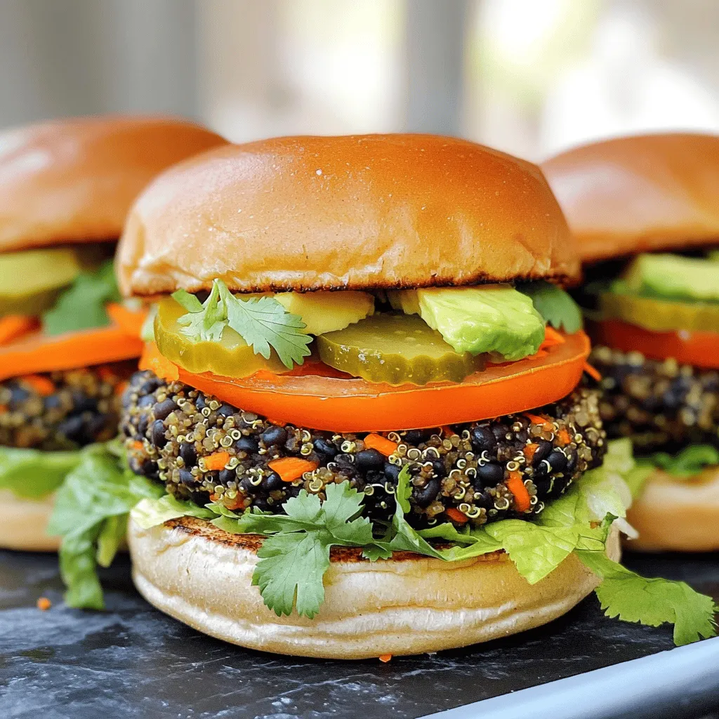 To make a great homemade veggie burger, you need these key ingredients: - 1 cup cooked quinoa - 1 can black beans, drained and rinsed - 1/2 cup breadcrumbs (gluten-free if needed) - 1/2 cup grated carrot - 1/4 cup finely chopped onion - 2 cloves garlic, minced - 1 tablespoon soy sauce or tamari - 1 teaspoon ground cumin - 1 teaspoon smoked paprika - 1/2 teaspoon cayenne pepper (optional) - Salt and pepper to taste - 1/4 cup fresh cilantro, chopped - 1 tablespoon olive oil (for cooking) - Burger buns of your choice You can customize your veggie burger with tasty toppings. Here are some ideas: - Crisp lettuce - Fresh tomato slices - Creamy avocado - Crunchy pickles - Your favorite sauces like ketchup or mustard Feel free to mix and match these toppings to create your perfect burger! If you want to boost the flavor, try these seasonings: - A dash of garlic powder - A sprinkle of onion powder - A pinch of chili powder for heat You can also add fresh herbs like basil or parsley for a fresh twist. Adjust these to your taste for a unique experience. For the full recipe, check out the earlier section. Start by mashing the black beans in a large bowl. Use a fork or potato masher. You want them mostly smooth but with some bits for texture. Then, add in the cooked quinoa, grated carrot, chopped onion, minced garlic, soy sauce, ground cumin, smoked paprika, cayenne (if you like spice), salt, and pepper. Mix it all together until well combined. Gradually stir in the breadcrumbs. The mixture should feel sticky but hold together when shaped into a patty. If it feels too wet, add more breadcrumbs. Finally, fold in the chopped cilantro for a fresh touch. Take a handful of the mixture and shape it into a patty. You can make about 4 to 6 patties, depending on how thick you want them. Press each patty firmly so it holds its shape. If the mixture crumbles, add a bit more breadcrumbs. Lay the formed patties on a plate as you shape the rest. Heat olive oil in a non-stick skillet over medium heat. Once hot, add the patties carefully. Cook them for about 4 to 5 minutes on each side. Look for a golden-brown color. This means they are crispy and ready to eat. While the patties cook, prepare your burger buns and toppings. Once they are done, it’s time to assemble your veggie burgers. Place a patty on a bun and add your favorite toppings. Enjoy your delicious homemade veggie burger! For more details, check out the Full Recipe. To make a great veggie burger, texture is key. Start with black beans. Mash them well but leave some chunks. This gives your patty a hearty bite. Next, add cooked quinoa for extra moisture and a nice chew. It helps bind the mixture. If your patty feels too wet, add breadcrumbs slowly until it holds shape. You can cook your veggie burger in a skillet or on a grill. If you use a skillet, heat olive oil over medium heat. Cook each side for four to five minutes until golden brown. The skillet gives you a nice crust. If you choose to grill, make sure the grill is hot. This will help prevent sticking. Either method works well, so pick what you prefer. Pair your veggie burger with fresh sides. A simple salad with mixed greens works great. You can also add sweet potato fries for a tasty crunch. For a drink, serve lemonade or iced tea. These pairings balance the flavors and make your meal feel complete. You can find the full recipe above for more ideas on toppings and sides. {{image_2}} You can mix up your veggie burger by changing a few ingredients. Try adding sweet potato for a creamy texture. You can also use lentils instead of black beans. Chickpeas will give a nice nutty flavor. Want some crunch? Add chopped bell peppers or zucchini. For herbs, try parsley or basil. These swaps make your burger unique and tasty. If you want a vegan burger, skip the egg and use flaxseed meal. Mix one tablespoon of flaxseed with three tablespoons of water. Let it sit for a few minutes to thicken. For gluten-free options, use gluten-free breadcrumbs or oats. Quinoa works well too. These changes keep your burger tasty and safe for all diets. Toppings can elevate your veggie burger. Try avocado for creaminess and healthy fats. Fresh lettuce adds crunch, while tomato slices give juiciness. Pickles add a tangy kick. You can also use hummus or tzatziki sauce for extra flavor. Experiment with different cheeses or even kimchi if you like bold tastes. Your burger will impress everyone! For the full recipe, check out the Ultimate Homemade Veggie Burger Delight. Storing veggie burger patties is easy. First, let them cool completely. Place the patties in an airtight container. You can stack them with parchment paper between each burger. This keeps them from sticking together. Store them in the fridge for up to three days. If you want to keep them longer, consider freezing. To reheat your veggie burgers, use a skillet for the best taste. Heat the skillet over medium heat. Add a bit of olive oil to prevent sticking. Place the patties in the skillet and cook for about three minutes on each side. This keeps them crispy and warm. You can also use a microwave, but they may become soft. If you use the microwave, heat them for about 30 seconds to one minute. Freezing veggie burgers is a great way to prepare meals ahead. After cooling, wrap each patty in plastic wrap. Then, place them in a freezer-safe bag. Remove as much air as possible to avoid freezer burn. You can freeze them for up to three months. When you are ready to eat, thaw them overnight in the fridge. Then, follow the reheating steps for best flavor. Enjoy your homemade veggie burger whenever you want! To keep veggie burgers from falling apart, use enough binding agents. Breadcrumbs and mashed beans help hold the mixture together. Make sure to mash the black beans well. This gives the patties a sturdy base. If your mix feels too wet, add more breadcrumbs. This small step can save your burgers. Yes, you can make these burgers ahead of time. Form the patties and store them in the fridge. They stay fresh for up to three days. You can also freeze them for later use. Wrap each patty in plastic wrap, then place them in a bag. When you are ready to cook, thaw them first. Healthy sides can make your meal fun and tasty. Consider serving a fresh salad with greens and veggies. Sweet potato fries are a delicious and nutritious option. You can also try roasted vegetables or a quinoa salad. These sides are easy to prepare and add color to your plate. Veggie burgers are done when they are golden brown on each side. A nice crust shows they cooked well. You should also check the heat inside. The patties should be hot throughout. A food thermometer can help; aim for around 165°F. If you don’t have one, just cut a patty in half. It should be warm and firm. Absolutely! Grilling these homemade veggie burgers adds great flavor. Preheat your grill to medium heat. Brush the grill with oil to avoid sticking. Cook the patties for about 4-5 minutes on each side. Keep an eye on them, as grilling can cook faster. Enjoy the smoky taste that grilling brings! For the full recipe, check out the details above. This blog post covered everything you need to know about making veggie burgers. We looked at the main ingredients, step-by-step instructions, and tips for the best texture. You learned fun variations and how to store leftovers, too. Remember, making veggie burgers is easy and fun. With a little practice, you can create tasty meals that everyone will enjoy. Try out different flavors and toppings to make them your own! Happy cooking!
