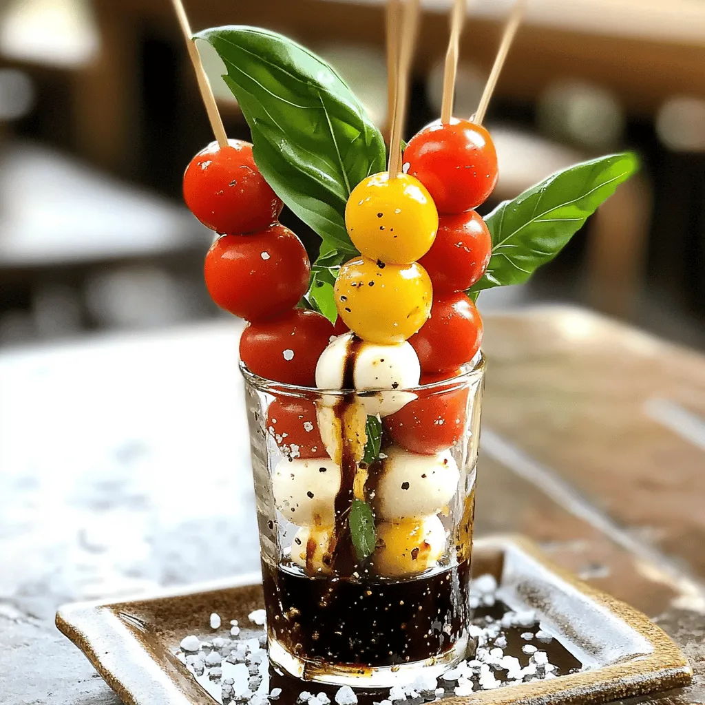 - Cherry tomatoes - Fresh mozzarella balls - Fresh basil leaves - Balsamic glaze - Extra-virgin olive oil - Salt and pepper - Skewers or toothpicks - Serving platter When making mini Caprese skewers, you’ll need fresh and simple ingredients. First, gather your cherry tomatoes. They add bright color and sweetness. Next, pick up fresh mozzarella balls. These little bites offer creamy goodness. Finally, grab fresh basil leaves. Their aroma brings a lovely herbal note. For added flavor, you’ll want balsamic glaze. This sweet and tangy drizzle elevates every bite. Extra-virgin olive oil adds richness and depth. Don't forget salt and pepper to taste. They enhance all the flavors. You will also need skewers or toothpicks to assemble your mini Caprese skewers. A serving platter is essential for presenting your dish. Check out the Full Recipe for detailed steps to bring these ingredients together. First, wash your cherry tomatoes and fresh basil leaves. This step is key to getting rid of dirt and any chemicals. Use cool water and gently rub the tomatoes and leaves. Next, grab your skewers or toothpicks. Start assembling your skewers. On each skewer, thread one cherry tomato, a basil leaf, and a mozzarella ball. Repeat this pattern until the skewer is full, but leave some space at both ends. This makes them easier to handle. Now it’s time to add flavor. Drizzle extra-virgin olive oil over your assembled skewers. This adds richness to the dish. Next, take balsamic glaze and drizzle it over the skewers. The glaze gives a nice sweet and tangy taste. Finally, sprinkle salt and pepper to taste. This helps to enhance all the flavors in your dish. Once you finish, it’s time to present your mini Caprese skewers. Arrange them nicely on a serving platter. You can get creative here! Place the skewers upright in a tall glass or jar filled with salt or rice. This creates a fun display. For an extra touch, garnish with more basil leaves for added color. These simple steps make your dish look as good as it tastes. For the full recipe, follow the instructions provided above. - Start with a cherry tomato on the skewer. - Next, add a fresh basil leaf. - Follow with a mozzarella ball. - Repeat this order for a great look. - Leave space at the end for easy handling. - To keep ingredients fresh, wash tomatoes and basil just before use. - Store assembled skewers in the fridge until ready to serve. - Place skewers upright in a tall glass filled with rice. - This keeps them neat and easy to grab. - You can also line them up on a platter. - Add a sprinkle of extra basil around for color. - For flair, drizzle extra balsamic glaze over the skewers. - Mini Caprese skewers shine at parties and gatherings. - They work well for picnics or holiday events. - Pair them with light drinks like sparkling water or white wine. - They also go great with a chilled rosé. - Set out a small bowl of balsamic glaze for dipping. - People love to add their own flavor! For the full recipe, check out the [Full Recipe]. {{image_2}} You can play with the cheese. If you want, use feta or goat cheese. Both add a nice tang. They will change the taste but keep it fresh. Basil leaves are great, but you can swap them too. Try parsley or mint for a different twist. These herbs bring their own flavors to the party. Want more zing? Add some crushed red pepper flakes. A little heat can make the skewers pop! You might also mix in olives or sun-dried tomatoes. These toppings add layers of taste and texture. They make each bite exciting and new. For a vegan version, use plant-based cheese. There are many tasty options now. Make sure the balsamic glaze is vegan too. You can find one that fits. If you need gluten-free choices, just skip any gluten-based toppings. The skewers are still delicious and colorful without them. To keep your Mini Caprese Skewers fresh, store them in the fridge. Place them in an airtight container. This helps keep the flavors intact. If you have leftover skewers, eat them within two days. This keeps them tasting great. Always check the skewers for freshness before serving. You can freeze Mini Caprese Skewers, but they may lose texture. To freeze, wrap each skewer in plastic wrap. Then place them in a freezer bag. Try to remove as much air as possible. When you're ready to eat, let them thaw in the fridge overnight. Use them within three months for best quality. Mini Caprese Skewers last about two days in the fridge. After that, the tomatoes and cheese may spoil. Always check for any off smells or changes in color. If they look or smell bad, it's best to throw them away. Enjoy the fresh taste while they last! For the full recipe, check here. Making Mini Caprese Skewers is easy and fun! Here’s how: 1. Start by washing the cherry tomatoes and basil leaves. 2. Take a skewer or toothpick. Thread one cherry tomato, a basil leaf, and a mozzarella ball. 3. Repeat this pattern until the skewer is full, leaving space at the ends. 4. Drizzle extra-virgin olive oil over the skewers. 5. Add balsamic glaze for extra taste. 6. Sprinkle salt and pepper to your liking. 7. Arrange the skewers on a platter for a lovely display. This method gives you a fresh, tasty appetizer in just 15 minutes. For the full recipe, click here: [Full Recipe]. Yes, you can make Mini Caprese Skewers ahead of time. This saves you time during events. Prepare the skewers a few hours in advance. - Keep them in the fridge until serving. - Drizzle the olive oil and balsamic glaze just before serving to keep them fresh. This way, you can enjoy your time with guests without stress. When choosing balsamic glaze, look for the following: - A thick, sweet glaze adds great flavor. - Brands like Colavita or Pompeian are popular choices. - You can also make your own by reducing balsamic vinegar on the stove until it thickens. Homemade glaze can taste fresher and more vibrant. Mini Caprese Skewers are easy to make and fun to eat. You only need a few simple ingredients like cherry tomatoes, fresh mozzarella, and basil. You learned how to assemble them, season, and present them beautifully. Use our tips for freshness and style. Don’t forget the variations for dietary needs. These skewers are perfect for any gathering. Enjoy them fresh, and they’ll impress your guests! Now, go create your tasty masterpiece!