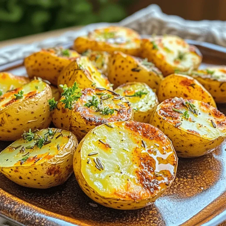 To make Garlic Herb Roasted Potatoes, you will need: - 1.5 lbs baby potatoes, halved - 4 cloves garlic, minced - 3 tablespoons olive oil - 2 teaspoons dried rosemary - 2 teaspoons dried thyme - Salt and pepper to taste These simple ingredients create a dish packed with flavor. Baby potatoes have a creamy texture. Garlic adds depth, while olive oil helps everything brown nicely. The dried herbs bring an aromatic quality to the dish. You can also add: - 1 teaspoon smoked paprika - Fresh parsley, chopped (for garnish) Smoked paprika adds a hint of warmth. Fresh parsley not only brightens the dish but also adds color and freshness. Garlic Herb Roasted Potatoes go well with many meals. They pair nicely with roasted meats like chicken or beef. You can also serve them with dips. Try them with a creamy ranch or a tangy yogurt sauce. These potatoes are a versatile side that enhances any meal. For the full recipe, check the section above. Prepping the potatoes Start by washing 1.5 lbs of baby potatoes. Halve them so they cook evenly. This size helps them brown nicely and get crispy. Mixing the seasoning In a large bowl, combine the halved potatoes with 3 tablespoons of olive oil. Add 4 cloves of minced garlic, 2 teaspoons of dried rosemary, and 2 teaspoons of dried thyme. Sprinkle in 1 teaspoon of smoked paprika, plus salt and pepper to taste. Toss everything well, ensuring each potato is coated. Preheating the oven Preheat your oven to 425°F (220°C). This high temperature helps create a crispy crust on your potatoes. Spreading potatoes on the baking sheet Spread the seasoned potatoes in a single layer on a large baking sheet. Avoid overcrowding, as this can cause steaming instead of roasting. Cooking time and temperature Roast the potatoes for 25-30 minutes. This allows them to become golden and fork-tender. Flipping potatoes for even browning Halfway through cooking, flip the potatoes with a spatula. This ensures they brown evenly on all sides. For more details, check out the [Full Recipe]. Enjoy your flavorful garlic herb roasted potatoes! Spacing on the baking sheet is key. If potatoes are too close, they steam instead of roast. Give them room to breathe. This helps them turn golden and crispy. Fresh herbs bring bright flavors, but dried herbs work well too. If you use dried herbs, crush them slightly to release more flavor. Want more heat? Add a pinch of cayenne pepper or red pepper flakes. You can also switch herbs based on what you like. Basil or oregano can give a different twist. Feel free to play around with spices to find your favorite mix. Check the potatoes for doneness by poking them with a fork. They should feel soft inside. Let them cool for a few minutes after roasting. This helps the flavors settle. Serve them warm for the best taste. For the full recipe, check out the details above. Enjoy your garlic herb roasted potatoes! {{image_2}} You can make garlic herb roasted potatoes even more exciting. Here are two great twists: - Lemon garlic herb roasted potatoes: Add zest and juice from one lemon. This brightens the dish and adds a fresh taste. Mix the lemon with garlic and herbs before tossing with the potatoes. - Spicy garlic herb potatoes: If you like heat, try adding red pepper flakes. Just a pinch can make a big difference. Mix them in with the garlic and herbs. Changing up your ingredients can give you new flavors. Here’s how: - Using different types of potatoes: While baby potatoes are great, you can use red or Yukon Gold potatoes. They will also roast well and offer a different taste and texture. - Substituting herbs based on availability: If you don’t have dried rosemary or thyme, use oregano or basil instead. Fresh herbs work too! Just chop them finely and add them near the end of cooking for the best flavor. You can cook garlic herb roasted potatoes in various ways: - Air fryer method: This method is quick and gives crisp results. Toss the potatoes with oil and seasonings, then air fry at 400°F for about 20 minutes. Shake the basket halfway through for even cooking. - Grilling variations: For a smoky flavor, try grilling the potatoes. Parboil them first, then toss with oil and seasonings. Place them in a grill basket and cook on medium heat for about 15-20 minutes, turning often. These variations keep your garlic herb roasted potatoes fresh and fun. For the full recipe, check out the complete details in the earlier section. To keep your garlic herb roasted potatoes fresh, place them in the fridge. Use an airtight container for best results. This helps prevent moisture loss and keeps them tasty. Store them for up to three days. If you want them to last longer, freezing is a great option. To enjoy that crispy texture again, use the oven. Preheat it to 400°F (200°C). Spread the potatoes on a baking sheet and heat for about 10-15 minutes. This method brings back their crunch. If you're in a hurry, the microwave works too. Heat them for 30 seconds to one minute. Just be aware that they may not stay as crispy. If you want to freeze your garlic herb roasted potatoes, let them cool first. Then, place them in a freezer-safe bag. Remove as much air as you can before sealing. They can be frozen for up to two months. When you're ready to eat them, thaw in the fridge overnight. Reheat in the oven for best results. Enjoy your garlic herb roasted potatoes anytime! For the full recipe, check out the detailed instructions above. Roasting garlic herb potatoes usually takes about 25 to 30 minutes. First, you preheat your oven to 425°F (220°C). Then, toss the halved baby potatoes with olive oil and your spices. Spread them on a baking sheet. Roast them for 25 to 30 minutes. Flip them halfway through for even cooking. You want them golden brown and tender when done. Yes, you can make garlic herb roasted potatoes ahead of time. Once cooked, let them cool completely. Store your leftovers in an airtight container in the fridge. They will last for about 3 to 5 days. When you're ready to eat, you can reheat them. For best results, use the oven to keep them crispy. You can also use the microwave if short on time. Many herbs work great with roasted potatoes. Here are some ideas: - Rosemary - Thyme - Oregano - Basil - Sage - Dill Each herb brings a unique flavor. Mix and match to find your favorite combination. Experimenting can lead to tasty surprises! Garlic herb roasted potatoes are an easy, tasty side dish. We covered key ingredients like baby potatoes, garlic, and dried herbs. I shared step-by-step prep and cooking techniques for the best roast. Tips helped ensure tender potatoes, while variations keep it fresh. Proper storage and reheating maintain crispiness for leftovers. Experiment with spices and herbs, and enjoy customizing this dish to fit your taste! With all these details, you can make delicious roasted potatoes every time. Happy cooking!
