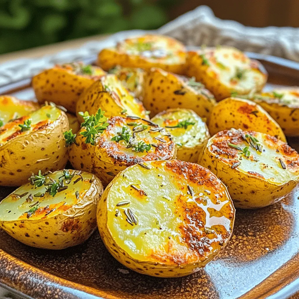 To make Garlic Herb Roasted Potatoes, you will need: - 1.5 lbs baby potatoes, halved - 4 cloves garlic, minced - 3 tablespoons olive oil - 2 teaspoons dried rosemary - 2 teaspoons dried thyme - Salt and pepper to taste These simple ingredients create a dish packed with flavor. Baby potatoes have a creamy texture. Garlic adds depth, while olive oil helps everything brown nicely. The dried herbs bring an aromatic quality to the dish. You can also add: - 1 teaspoon smoked paprika - Fresh parsley, chopped (for garnish) Smoked paprika adds a hint of warmth. Fresh parsley not only brightens the dish but also adds color and freshness. Garlic Herb Roasted Potatoes go well with many meals. They pair nicely with roasted meats like chicken or beef. You can also serve them with dips. Try them with a creamy ranch or a tangy yogurt sauce. These potatoes are a versatile side that enhances any meal. For the full recipe, check the section above. Prepping the potatoes Start by washing 1.5 lbs of baby potatoes. Halve them so they cook evenly. This size helps them brown nicely and get crispy. Mixing the seasoning In a large bowl, combine the halved potatoes with 3 tablespoons of olive oil. Add 4 cloves of minced garlic, 2 teaspoons of dried rosemary, and 2 teaspoons of dried thyme. Sprinkle in 1 teaspoon of smoked paprika, plus salt and pepper to taste. Toss everything well, ensuring each potato is coated. Preheating the oven Preheat your oven to 425°F (220°C). This high temperature helps create a crispy crust on your potatoes. Spreading potatoes on the baking sheet Spread the seasoned potatoes in a single layer on a large baking sheet. Avoid overcrowding, as this can cause steaming instead of roasting. Cooking time and temperature Roast the potatoes for 25-30 minutes. This allows them to become golden and fork-tender. Flipping potatoes for even browning Halfway through cooking, flip the potatoes with a spatula. This ensures they brown evenly on all sides. For more details, check out the [Full Recipe]. Enjoy your flavorful garlic herb roasted potatoes! Spacing on the baking sheet is key. If potatoes are too close, they steam instead of roast. Give them room to breathe. This helps them turn golden and crispy. Fresh herbs bring bright flavors, but dried herbs work well too. If you use dried herbs, crush them slightly to release more flavor. Want more heat? Add a pinch of cayenne pepper or red pepper flakes. You can also switch herbs based on what you like. Basil or oregano can give a different twist. Feel free to play around with spices to find your favorite mix. Check the potatoes for doneness by poking them with a fork. They should feel soft inside. Let them cool for a few minutes after roasting. This helps the flavors settle. Serve them warm for the best taste. For the full recipe, check out the details above. Enjoy your garlic herb roasted potatoes! {{image_2}} You can make garlic herb roasted potatoes even more exciting. Here are two great twists: - Lemon garlic herb roasted potatoes: Add zest and juice from one lemon. This brightens the dish and adds a fresh taste. Mix the lemon with garlic and herbs before tossing with the potatoes. - Spicy garlic herb potatoes: If you like heat, try adding red pepper flakes. Just a pinch can make a big difference. Mix them in with the garlic and herbs. Changing up your ingredients can give you new flavors. Here’s how: - Using different types of potatoes: While baby potatoes are great, you can use red or Yukon Gold potatoes. They will also roast well and offer a different taste and texture. - Substituting herbs based on availability: If you don’t have dried rosemary or thyme, use oregano or basil instead. Fresh herbs work too! Just chop them finely and add them near the end of cooking for the best flavor. You can cook garlic herb roasted potatoes in various ways: - Air fryer method: This method is quick and gives crisp results. Toss the potatoes with oil and seasonings, then air fry at 400°F for about 20 minutes. Shake the basket halfway through for even cooking. - Grilling variations: For a smoky flavor, try grilling the potatoes. Parboil them first, then toss with oil and seasonings. Place them in a grill basket and cook on medium heat for about 15-20 minutes, turning often. These variations keep your garlic herb roasted potatoes fresh and fun. For the full recipe, check out the complete details in the earlier section. To keep your garlic herb roasted potatoes fresh, place them in the fridge. Use an airtight container for best results. This helps prevent moisture loss and keeps them tasty. Store them for up to three days. If you want them to last longer, freezing is a great option. To enjoy that crispy texture again, use the oven. Preheat it to 400°F (200°C). Spread the potatoes on a baking sheet and heat for about 10-15 minutes. This method brings back their crunch. If you're in a hurry, the microwave works too. Heat them for 30 seconds to one minute. Just be aware that they may not stay as crispy. If you want to freeze your garlic herb roasted potatoes, let them cool first. Then, place them in a freezer-safe bag. Remove as much air as you can before sealing. They can be frozen for up to two months. When you're ready to eat them, thaw in the fridge overnight. Reheat in the oven for best results. Enjoy your garlic herb roasted potatoes anytime! For the full recipe, check out the detailed instructions above. Roasting garlic herb potatoes usually takes about 25 to 30 minutes. First, you preheat your oven to 425°F (220°C). Then, toss the halved baby potatoes with olive oil and your spices. Spread them on a baking sheet. Roast them for 25 to 30 minutes. Flip them halfway through for even cooking. You want them golden brown and tender when done. Yes, you can make garlic herb roasted potatoes ahead of time. Once cooked, let them cool completely. Store your leftovers in an airtight container in the fridge. They will last for about 3 to 5 days. When you're ready to eat, you can reheat them. For best results, use the oven to keep them crispy. You can also use the microwave if short on time. Many herbs work great with roasted potatoes. Here are some ideas: - Rosemary - Thyme - Oregano - Basil - Sage - Dill Each herb brings a unique flavor. Mix and match to find your favorite combination. Experimenting can lead to tasty surprises! Garlic herb roasted potatoes are an easy, tasty side dish. We covered key ingredients like baby potatoes, garlic, and dried herbs. I shared step-by-step prep and cooking techniques for the best roast. Tips helped ensure tender potatoes, while variations keep it fresh. Proper storage and reheating maintain crispiness for leftovers. Experiment with spices and herbs, and enjoy customizing this dish to fit your taste! With all these details, you can make delicious roasted potatoes every time. Happy cooking!