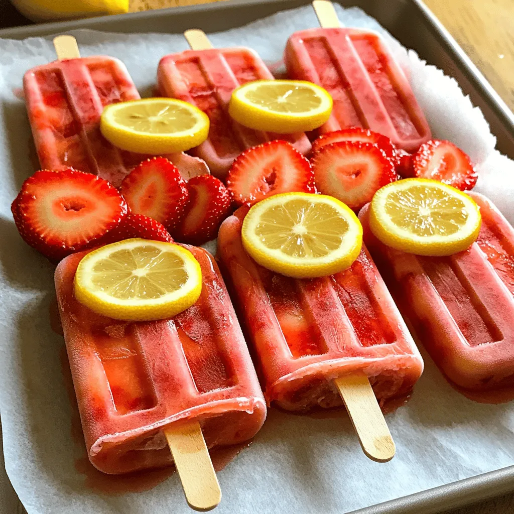 To make the best strawberry lemonade popsicles, start with fresh strawberries. You need about 2 cups. Choose strawberries that are ripe, sweet, and bright red. They should be hulled and sliced for easy blending. Fresh strawberries give the popsicles their rich flavor and vibrant color. Next, you will need 1 cup of freshly squeezed lemon juice. This usually comes from about 4 to 6 lemons. Fresh lemon juice adds a tangy kick that balances the sweetness. You can squeeze the lemons by hand or use a juicer. Be sure to remove any seeds for a smooth texture. For sweetness, you have options. I recommend using 1/2 cup of honey or agave syrup. You can adjust this amount to fit your taste. Honey adds a floral note, while agave syrup is milder. Both sweeteners blend well and enhance the overall flavor. These ingredients come together to create a refreshing summer treat. For the full recipe, check the details above. First, gather fresh strawberries. You need two cups of hulled and sliced strawberries. Place them in a blender. Add one cup of water to the blender. Blend until smooth. This creates a bright, sweet strawberry purée. Set it aside in a bowl. Next, take a separate bowl. Squeeze four to six lemons to get one cup of fresh lemon juice. Add half a cup of honey or agave syrup. This will sweeten your lemonade. Then, pour in the remaining cup of water. Stir well until the sweetener is all mixed in. This lemonade base gives a nice tang to your popsicles. Now, combine the strawberry purée with the lemonade base in the blender. Blend briefly to mix well. Taste it to check the sweetness. If you want it sweeter, add more honey or agave. Once you are happy with the taste, pour the mixture into popsicle molds. Leave a little space at the top for expansion. You can add lemon slices or strawberry halves for a fun look. Insert popsicle sticks and freeze for at least six hours. To pop them out, run warm water over the molds for a few seconds. Then gently pull them out. Enjoy your tasty strawberry lemonade popsicles! You can change the sweetness of your popsicles easily. If you want them sweeter, add more honey or agave syrup. Start with half a cup, then taste the mix. If it needs more sweetness, add a tablespoon at a time. Mix well after each addition. For less sweetness, reduce the sweetener. Lemon juice adds a nice tang, which can balance the sweetness. To get your popsicles out of the molds, use warm water. After freezing, run warm water over the outside of the molds for a few seconds. This works like magic! It helps loosen the popsicles. Then, gently pull them out. If they still stick, run the water a bit longer. Avoid using too much force to prevent breakage. Blending is key for smooth popsicles. Start with the strawberries and a cup of water. Blend until it’s a nice puree. This gives great flavor and color. Next, mix the lemon juice and sweetener in a bowl. Stir until the sweetener dissolves. Then, pour this mix into the strawberry puree. Blend briefly to combine. This keeps the popsicles smooth and tasty. For a fun twist, try blending in some herbs or other fruits! For the full recipe, check the instructions above. {{image_2}} You can add herbs to your strawberry lemonade popsicles for a new flavor. Mint is a great choice. It adds coolness and freshness. You can also try basil. Its sweet and savory taste pairs nicely with lemon and strawberries. To use herbs, just chop them finely and mix them into your popsicle blend. Start with a tablespoon of chopped herbs and adjust to your taste. Mixing in other fruits can make your popsicles even more exciting. You can use blueberries, raspberries, or peaches. Each fruit brings its own taste. For example, raspberries add a tart flavor that contrasts well with sweet strawberries. Just blend these fruits with your strawberries. Aim for a mix of two cups of fruit total for a good balance. If you want creamy popsicles, you can add yogurt or coconut milk. Both options give a rich texture. Greek yogurt adds protein, while coconut milk adds a tropical twist. To use yogurt, blend one cup with the fruit. For coconut milk, add half a cup to your mixture. This change makes your popsicles taste like a dessert. You can still follow the full recipe for the base, just swap out some water for dairy. You can freeze strawberry lemonade popsicles for up to two months. After that, they may lose flavor and texture. Make sure they are fully frozen before you store them. This usually takes about six hours. Use a sturdy airtight container to keep your popsicles fresh. Silicone molds work well for easy release. If you use plastic molds, ensure they are sealed tightly. This prevents freezer burn and keeps your popsicles tasting great. To keep your popsicles fresh, store them away from strong-smelling foods. You can use wax paper between popsicles to avoid sticking. Check the popsicles for any signs of ice crystals before serving. If you see them, this may mean they have been in the freezer too long. For best results, enjoy them within a month. For the full recipe, check it out above. Strawberry lemonade popsicles can last up to two months in the freezer. Be sure to keep them in a sealed container. This helps prevent freezer burn and keeps them fresh. Yes, you can use frozen strawberries. Just make sure to thaw them first. This way, they blend easily and give you that smooth texture. You may need to adjust the sweetness since frozen fruit can taste different. If you prefer, you can use maple syrup or simple syrup. You could even use sugar, but dissolve it in warm water first. Adjust the amount to suit your taste. Absolutely! You can mix in fruits like blueberries or raspberries. Just ensure they pair well with lemon. This adds fun flavors and more color to your popsicles. No, you don’t need fancy molds. Any ice cube tray or small cups work too. Just insert sticks after you fill them. You can even use paper cups if you don’t have sticks. Yes, you can use lime juice instead. Lime gives a different tangy flavor. You could also use another citrus juice, but keep the balance in mind. They are ready when they are solid all the way through. If you press down on them and they feel hard, they are good to go. You can also do a taste test if you’re unsure. Yes, just replace honey with agave syrup or maple syrup. Both are great vegan options. This keeps your popsicles sweet without using animal products. Yes, they can be healthy! They use fresh fruit and can have less sugar than store-bought popsicles. You control the sweetness and can avoid additives. Run warm water over the outside of the molds for a few seconds. This helps loosen them. Then gently pull them out. If you’re careful, they should come out easily. For the full recipe, check out the detailed instructions above! In this article, we explored how to make delicious strawberry lemonade popsicles. We discussed key ingredients like fresh strawberries, lemon juice, and sweeteners. I provided step-by-step instructions, helpful tips, and fun variations to customize your popsicles. Proper storage methods ensure they stay fresh longer. Enjoy experimenting with this simple recipe. You’ll create tasty treats that everyone will love. Happy freezing!