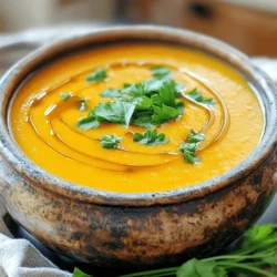 - 1 pound carrots, peeled and chopped - 1 medium onion, chopped - 3 cloves garlic, minced - 4 cups vegetable broth - 1 tablespoon olive oil - 2 tablespoons pure maple syrup - 1 teaspoon ground ginger - 1 teaspoon ground cinnamon - Salt and pepper to taste - ½ cup coconut milk (for creaminess) - Fresh parsley or chives for garnish To make Maple Glazed Carrot Soup, you need fresh, vibrant ingredients. Start with 1 pound of carrots. Peel and chop them into small pieces. This helps the carrots cook evenly. Next, use 1 medium onion. Chop it finely for a tasty base. Garlic adds great flavor, so use 3 cloves, minced. You’ll also need 4 cups of vegetable broth. This gives your soup a rich taste. Add 1 tablespoon of olive oil for sautéing. For sweetness, use 2 tablespoons of pure maple syrup. This will give the soup a nice glaze. Add 1 teaspoon of ground ginger and 1 teaspoon of ground cinnamon for warmth. Don’t forget salt and pepper to suit your taste. If you want a creamy texture, consider adding ½ cup of coconut milk. Lastly, fresh parsley or chives make a lovely garnish. These ingredients combine to create a comforting and delicious soup. You can find the full recipe to guide you through each step. - Heat 1 tablespoon of olive oil in a large pot over medium heat. - Add 1 chopped onion and sauté it for 5 minutes until it turns soft and clear. - Stir in 3 minced garlic cloves for the last minute to bring out the flavor. - Next, add 1 pound of chopped carrots to the pot and sauté for another 5 minutes. - Pour in 4 cups of vegetable broth and bring the mixture to a boil. - Once boiling, lower the heat and let it simmer for about 20 minutes. This step helps cook the carrots until they are tender. - Now, add 2 tablespoons of pure maple syrup, 1 teaspoon of ground ginger, and 1 teaspoon of ground cinnamon. Stir well and season with salt and pepper. - Use an immersion blender or a countertop blender to blend the soup until smooth. If using a countertop blender, be careful with the hot liquid. - If you want a creamier texture, stir in ½ cup of coconut milk before serving. - Finally, taste the soup and adjust the seasoning if needed. Let it simmer for an extra 5 minutes to meld the flavors. For the full recipe, check out the details provided earlier! Using an immersion blender is easy and safe. You can blend the soup right in the pot. This method avoids spills. A countertop blender requires care with hot liquids. Always allow the soup to cool slightly before blending. If it’s too hot, steam can build up and cause splatters. Blend in small batches to stay safe. You can add spices to boost flavor. Nutmeg or cayenne pepper adds warmth. Fresh herbs like cilantro or dill give a bright taste. They also add a lovely color to the soup. Try adding a squeeze of lemon juice for a zesty finish. Maple Glazed Carrot Soup pairs well with warm bread. A crusty baguette or soft rolls work great. You can also serve it with a fresh salad. For garnish, add chopped parsley or chives. This adds color and freshness. You can also drizzle a bit of olive oil on top for a touch of richness. Enjoy your delicious comfort meal! For the full recipe, check out the details above. {{image_2}} You can make this soup vegan and gluten-free easily. The original recipe is already vegan. Just ensure your vegetable broth is gluten-free. For a low-carb option, swap carrots for cauliflower. Cauliflower gives a creamy texture without the carbs. Feel free to mix up the veggies. Sweet potatoes, parsnips, or butternut squash work well. You can use chicken broth instead of vegetable broth for a richer taste. For sweeteners, honey or agave syrup can replace maple syrup. Adding a touch of nutmeg can give a new flavor twist. Serve this soup as a starter or a main dish with crusty bread. You can also transform it into a creamy dip. Just add more coconut milk and serve with fresh veggies or crackers. This soup offers great flexibility for meals and gatherings. Store your Maple Glazed Carrot Soup in an airtight container. Glass or plastic containers work best. Make sure the soup cools before sealing. In the fridge, it lasts about 3 to 5 days. For longer storage, freeze the soup in freezer-safe bags or containers. It will stay fresh for up to 3 months. Remember to leave some space in the container. Soup expands when frozen. When reheating, I suggest using the stove. Pour the soup into a pot over low heat. Stir it often to keep it smooth. You can also use a microwave, but be careful. Heat it in short bursts and stir frequently. This way, you preserve its rich flavor. If the texture changes after freezing, add a splash of water or coconut milk to restore creaminess. Making this soup ahead is a great idea for busy weeknights. You can prepare a large batch and store it. Pour individual servings into containers for easy grab-and-go meals. For meal prep, let the soup cool completely before storage. This method helps it stay fresh longer. Enjoy a bowl of homemade comfort anytime you want! Check the Full Recipe for more details on making this delicious soup. Can I make Maple Glazed Carrot Soup ahead of time? Yes, you can make this soup ahead. It tastes even better after resting. Store it in the fridge for up to four days. You can also freeze it for longer storage. Just let it cool before you freeze it. Reheat it slowly when you're ready to enjoy. What can I use instead of vegetable broth? If you need a substitute, use chicken broth or water. You can also make your own broth by boiling vegetable scraps with water. This can add great flavor and nutrition to the soup. How do I make this soup spicier? To spice things up, add a pinch of cayenne pepper or red pepper flakes. You can also use fresh chili peppers. Stir them in while cooking the carrots for a warm kick. Caloric content per serving Each serving of Maple Glazed Carrot Soup has about 180 calories. It's a comforting meal that won't weigh you down. Key vitamins and minerals in ingredients This soup is rich in vitamins A and C. Carrots provide beta-carotene, which is great for your eyes. Onions and garlic add antioxidants. Coconut milk gives you healthy fats, too. What goes well with Maple Glazed Carrot Soup? This soup pairs well with a simple salad. A fresh green salad with lemon dressing can balance the sweetness. Best bread or side dishes to accompany the soup Crusty bread is perfect for dipping. Try a slice of sourdough or whole grain bread. A warm bread roll also works well to soak up the soup. Enjoy your meal! This post covered everything you need for Maple Glazed Carrot Soup. You learned about the key ingredients, step-by-step cooking methods, and useful tips. I shared variations for dietary needs and suggestions for storage and reheating. Embrace your creativity with this recipe. Whether you keep it simple or customize it, this soup will delight your taste buds. Enjoy cooking and sharing this comforting dish with friends and family. Your kitchen adventure starts now!