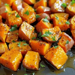 - 4 medium sweet potatoes, peeled and cubed - 4 cloves garlic, minced - 3 tablespoons olive oil Sweet potatoes are the star of this dish. They bring a rich, sweet flavor that pairs well with garlic. I always choose firm, vibrant sweet potatoes for the best taste. Garlic adds a bold kick, enhancing the sweet potatoes' natural flavor. Using fresh garlic ensures a strong, aromatic taste. The olive oil helps to crisp up the sweet potatoes while roasting. It also adds a nice richness to the dish. - 1 tablespoon maple syrup - 1 teaspoon smoked paprika - ½ teaspoon ground cumin - Salt and pepper to taste - Fresh parsley, chopped (for garnish) For a touch of sweetness, I add maple syrup. It balances the savory garlic and spices. Smoked paprika gives a warm, smoky flavor, while cumin adds a hint of earthiness. Don’t forget salt and pepper; they enhance all the flavors. Fresh parsley not only looks great but adds a burst of freshness. - Baking sheet - Parchment paper - Mixing bowl You need a baking sheet to roast the sweet potatoes evenly. I always line it with parchment paper. It makes cleanup easy and prevents sticking. A mixing bowl is essential for combining all the ingredients. This step ensures every piece of sweet potato gets coated in flavor. For the full recipe, you can refer to the earlier section. Start by peeling the sweet potatoes. Use a sharp knife for safety. Cut them into even cubes. Aim for about one inch in size. This helps them cook evenly. Next, take your garlic cloves and mince them finely. You want them small to spread the flavor well. In a large mixing bowl, add your cubed sweet potatoes. Then, toss in the minced garlic. Drizzle in the olive oil and maple syrup. This will give the sweet potatoes a lovely glaze. Next, sprinkle the smoked paprika, ground cumin, salt, and pepper. Mix everything well. Make sure each piece is coated nicely. Preheat your oven to 425°F (220°C). It’s key for getting that nice caramelization. Line your baking sheet with parchment paper. Spread the sweet potato mixture in a single layer. This helps them roast better. Roast for 25-30 minutes. Flip the sweet potatoes halfway through. This ensures they brown evenly. Keep an eye on them. You want them tender and golden. After roasting, let them cool for a few minutes. Garnish with fresh parsley before serving. Enjoy the savory flavor boost from this simple dish! For the complete method, check out the Full Recipe. To get the best texture and flavor, set your oven to 425°F (220°C). This high heat helps the sweet potatoes become soft inside and crispy outside. Always use a baking sheet lined with parchment paper. It keeps them from sticking and makes clean-up easy. To avoid soggy sweet potatoes, make sure to cut them evenly. Smaller pieces cook faster and get crispier. Spread them out on the baking sheet. If they touch, they will steam instead of roast. Flip the sweet potatoes halfway through cooking to ensure even browning. You can add spices to boost flavor. Consider using chili powder for some heat or fresh herbs like rosemary. They pair well with the sweet taste of sweet potatoes. To balance sweetness, sprinkle a little salt. This brings out the natural flavors without making them taste salty. A splash of lemon juice can also add a nice tangy kick. Don’t be afraid to experiment with your favorite spices. Each one can change the flavor profile and make it unique. Garlic roasted sweet potatoes are great with many dishes. They pair well with grilled chicken or fish. Try serving them alongside a fresh salad for a balanced meal. For a stunning presentation, use fresh parsley as a garnish. It adds color and freshness. You can also add a drizzle of balsamic glaze for a gourmet touch. This small step will impress your guests. Ready to make these delicious garlic roasted sweet potatoes? Check out the [Full Recipe] for all the steps and tips! {{image_2}} You can change the taste of garlic roasted sweet potatoes easily. For a spicy kick, add chili powder. Just a teaspoon will bring heat. Mix it in with the garlic and spices for even flavor. If you prefer herbs, try rosemary or thyme. Both add a fresh taste that pairs well with sweet potatoes. You can chop fresh herbs and sprinkle them on before roasting. You have options for cooking methods, too. An air fryer can make sweet potatoes crisp. It can cut the cooking time, and you get a nice crunch. Just remember to adjust the time based on your air fryer’s settings. Oven-roasting gives a rich caramel flavor. You can also grill sweet potatoes for a smoky taste. Just slice them into thick rounds to keep them from falling through the grill grates. For those who follow a vegan diet, this recipe is already vegan-friendly. You can use vegetable oil instead of olive oil if you want. For gluten-free eaters, the recipe is safe as it has no gluten. Just ensure any additional seasonings you use are gluten-free too. You can enjoy this dish without worry. To find the full recipe and many more tips, check out the Full Recipe. After enjoying garlic roasted sweet potatoes, store any leftovers in the fridge. Place them in an airtight container. They will stay fresh for about 3 to 5 days. If you want to keep them longer, freezing is a great option. First, let the sweet potatoes cool down. Then, spread them on a baking sheet. Freeze them for about an hour before moving them to a freezer bag. This method helps to keep them from sticking together. When it’s time to enjoy your leftovers, the oven is the best way to reheat them. Preheat the oven to 350°F (175°C). Spread the sweet potatoes on a baking sheet and heat for about 10 to 15 minutes. This method helps retain that delicious flavor. You can also use the microwave if you're in a hurry. Place the sweet potatoes in a microwave-safe dish and cover them with a lid. Heat them for 1 to 2 minutes, stirring halfway through. This method is quick but might not keep the same crispiness. Stored garlic roasted sweet potatoes last about 3 to 5 days in the fridge. If they are frozen, they can last for up to 3 months. Always check for signs of spoilage. If you see mold, an off smell, or a slimy texture, throw them away. Eating spoiled food can make you sick, so when in doubt, toss it out. It usually takes about 25 to 30 minutes to cook garlic roasted sweet potatoes. Start by preheating your oven to 425°F (220°C). Cut the sweet potatoes into even cubes. This helps them cook evenly. After mixing them with garlic and seasonings, spread them on a baking sheet. Roast until they are tender and slightly caramelized. Check for doneness by piercing a piece with a fork. If it goes in easily, they are ready! Yes, you can use other types of potatoes. While sweet potatoes shine in this dish, regular potatoes work too. Red or Yukon gold potatoes add creamy texture. If you want a different flavor, try purple potatoes. Just remember to adjust the cooking time if you choose a different type of potato. Each type has its own cooking speed. Garlic roasted sweet potatoes pair well with many dishes. They go great with grilled chicken or fish. You can also serve them alongside roasted vegetables. A fresh salad adds a nice crunch too. If you want a hearty meal, try serving them with steak or a rich veggie stew. The sweet and savory flavors balance nicely with these options. Yes, you can prepare garlic roasted sweet potatoes ahead of time. You can cube the sweet potatoes and mix them with garlic and spices. Store this mixture in the fridge for up to 24 hours. When you're ready, roast them in the oven. If you have leftovers, store them in an airtight container. They will stay fresh for up to four days. Just reheat in the oven for the best flavor. For the full recipe, check the section above! Garlic roasted sweet potatoes are a tasty and healthy dish you can easily make. We covered the main ingredients, essential equipment, and step-by-step instructions to prepare them perfectly. I shared tips for texture and flavor, different variations, and how to store leftovers. This recipe is simple and adaptable for any meal. Try it out, and you’ll enjoy a tasty side that brightens up your plates!