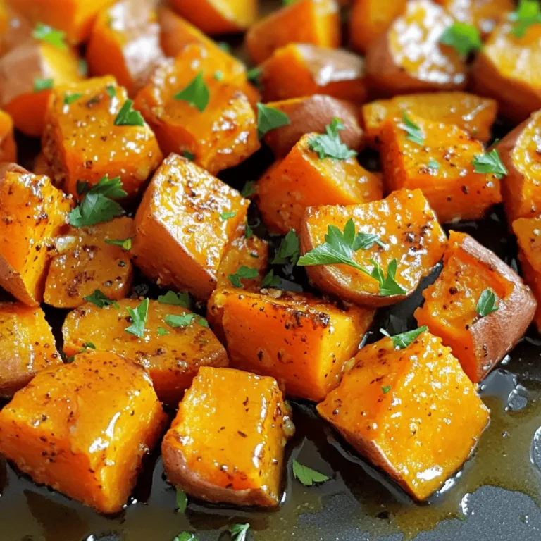 - 4 medium sweet potatoes, peeled and cubed - 4 cloves garlic, minced - 3 tablespoons olive oil Sweet potatoes are the star of this dish. They bring a rich, sweet flavor that pairs well with garlic. I always choose firm, vibrant sweet potatoes for the best taste. Garlic adds a bold kick, enhancing the sweet potatoes' natural flavor. Using fresh garlic ensures a strong, aromatic taste. The olive oil helps to crisp up the sweet potatoes while roasting. It also adds a nice richness to the dish. - 1 tablespoon maple syrup - 1 teaspoon smoked paprika - ½ teaspoon ground cumin - Salt and pepper to taste - Fresh parsley, chopped (for garnish) For a touch of sweetness, I add maple syrup. It balances the savory garlic and spices. Smoked paprika gives a warm, smoky flavor, while cumin adds a hint of earthiness. Don’t forget salt and pepper; they enhance all the flavors. Fresh parsley not only looks great but adds a burst of freshness. - Baking sheet - Parchment paper - Mixing bowl You need a baking sheet to roast the sweet potatoes evenly. I always line it with parchment paper. It makes cleanup easy and prevents sticking. A mixing bowl is essential for combining all the ingredients. This step ensures every piece of sweet potato gets coated in flavor. For the full recipe, you can refer to the earlier section. Start by peeling the sweet potatoes. Use a sharp knife for safety. Cut them into even cubes. Aim for about one inch in size. This helps them cook evenly. Next, take your garlic cloves and mince them finely. You want them small to spread the flavor well. In a large mixing bowl, add your cubed sweet potatoes. Then, toss in the minced garlic. Drizzle in the olive oil and maple syrup. This will give the sweet potatoes a lovely glaze. Next, sprinkle the smoked paprika, ground cumin, salt, and pepper. Mix everything well. Make sure each piece is coated nicely. Preheat your oven to 425°F (220°C). It’s key for getting that nice caramelization. Line your baking sheet with parchment paper. Spread the sweet potato mixture in a single layer. This helps them roast better. Roast for 25-30 minutes. Flip the sweet potatoes halfway through. This ensures they brown evenly. Keep an eye on them. You want them tender and golden. After roasting, let them cool for a few minutes. Garnish with fresh parsley before serving. Enjoy the savory flavor boost from this simple dish! For the complete method, check out the Full Recipe. To get the best texture and flavor, set your oven to 425°F (220°C). This high heat helps the sweet potatoes become soft inside and crispy outside. Always use a baking sheet lined with parchment paper. It keeps them from sticking and makes clean-up easy. To avoid soggy sweet potatoes, make sure to cut them evenly. Smaller pieces cook faster and get crispier. Spread them out on the baking sheet. If they touch, they will steam instead of roast. Flip the sweet potatoes halfway through cooking to ensure even browning. You can add spices to boost flavor. Consider using chili powder for some heat or fresh herbs like rosemary. They pair well with the sweet taste of sweet potatoes. To balance sweetness, sprinkle a little salt. This brings out the natural flavors without making them taste salty. A splash of lemon juice can also add a nice tangy kick. Don’t be afraid to experiment with your favorite spices. Each one can change the flavor profile and make it unique. Garlic roasted sweet potatoes are great with many dishes. They pair well with grilled chicken or fish. Try serving them alongside a fresh salad for a balanced meal. For a stunning presentation, use fresh parsley as a garnish. It adds color and freshness. You can also add a drizzle of balsamic glaze for a gourmet touch. This small step will impress your guests. Ready to make these delicious garlic roasted sweet potatoes? Check out the [Full Recipe] for all the steps and tips! {{image_2}} You can change the taste of garlic roasted sweet potatoes easily. For a spicy kick, add chili powder. Just a teaspoon will bring heat. Mix it in with the garlic and spices for even flavor. If you prefer herbs, try rosemary or thyme. Both add a fresh taste that pairs well with sweet potatoes. You can chop fresh herbs and sprinkle them on before roasting. You have options for cooking methods, too. An air fryer can make sweet potatoes crisp. It can cut the cooking time, and you get a nice crunch. Just remember to adjust the time based on your air fryer’s settings. Oven-roasting gives a rich caramel flavor. You can also grill sweet potatoes for a smoky taste. Just slice them into thick rounds to keep them from falling through the grill grates. For those who follow a vegan diet, this recipe is already vegan-friendly. You can use vegetable oil instead of olive oil if you want. For gluten-free eaters, the recipe is safe as it has no gluten. Just ensure any additional seasonings you use are gluten-free too. You can enjoy this dish without worry. To find the full recipe and many more tips, check out the Full Recipe. After enjoying garlic roasted sweet potatoes, store any leftovers in the fridge. Place them in an airtight container. They will stay fresh for about 3 to 5 days. If you want to keep them longer, freezing is a great option. First, let the sweet potatoes cool down. Then, spread them on a baking sheet. Freeze them for about an hour before moving them to a freezer bag. This method helps to keep them from sticking together. When it’s time to enjoy your leftovers, the oven is the best way to reheat them. Preheat the oven to 350°F (175°C). Spread the sweet potatoes on a baking sheet and heat for about 10 to 15 minutes. This method helps retain that delicious flavor. You can also use the microwave if you're in a hurry. Place the sweet potatoes in a microwave-safe dish and cover them with a lid. Heat them for 1 to 2 minutes, stirring halfway through. This method is quick but might not keep the same crispiness. Stored garlic roasted sweet potatoes last about 3 to 5 days in the fridge. If they are frozen, they can last for up to 3 months. Always check for signs of spoilage. If you see mold, an off smell, or a slimy texture, throw them away. Eating spoiled food can make you sick, so when in doubt, toss it out. It usually takes about 25 to 30 minutes to cook garlic roasted sweet potatoes. Start by preheating your oven to 425°F (220°C). Cut the sweet potatoes into even cubes. This helps them cook evenly. After mixing them with garlic and seasonings, spread them on a baking sheet. Roast until they are tender and slightly caramelized. Check for doneness by piercing a piece with a fork. If it goes in easily, they are ready! Yes, you can use other types of potatoes. While sweet potatoes shine in this dish, regular potatoes work too. Red or Yukon gold potatoes add creamy texture. If you want a different flavor, try purple potatoes. Just remember to adjust the cooking time if you choose a different type of potato. Each type has its own cooking speed. Garlic roasted sweet potatoes pair well with many dishes. They go great with grilled chicken or fish. You can also serve them alongside roasted vegetables. A fresh salad adds a nice crunch too. If you want a hearty meal, try serving them with steak or a rich veggie stew. The sweet and savory flavors balance nicely with these options. Yes, you can prepare garlic roasted sweet potatoes ahead of time. You can cube the sweet potatoes and mix them with garlic and spices. Store this mixture in the fridge for up to 24 hours. When you're ready, roast them in the oven. If you have leftovers, store them in an airtight container. They will stay fresh for up to four days. Just reheat in the oven for the best flavor. For the full recipe, check the section above! Garlic roasted sweet potatoes are a tasty and healthy dish you can easily make. We covered the main ingredients, essential equipment, and step-by-step instructions to prepare them perfectly. I shared tips for texture and flavor, different variations, and how to store leftovers. This recipe is simple and adaptable for any meal. Try it out, and you’ll enjoy a tasty side that brightens up your plates!