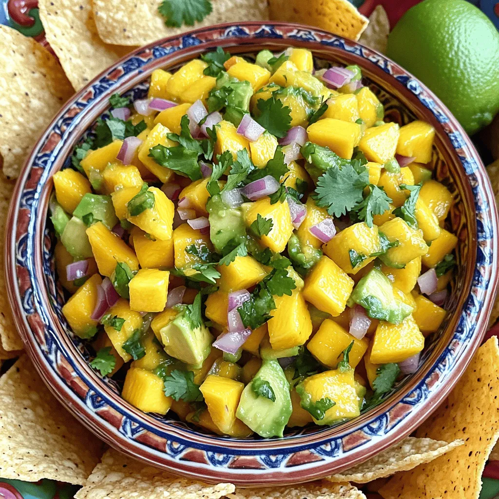 - 2 ripe mangos, diced - 1 large avocado, diced - 1 small red onion, finely chopped - 1-2 jalapeños, seeded and minced (adjust for spice level) - 1/4 cup fresh cilantro, chopped - 2 tablespoons lime juice - 1 teaspoon honey (optional) - Salt and pepper to taste To make the best spicy mango salsa with avocado, you need to focus on quality ingredients. Start with ripe mangos. They add sweetness and flavor. Look for mangos that yield slightly when pressed. This means they are ripe and ready. Next, the avocado provides creaminess. Choose an avocado that is just ripe. It should feel soft but not mushy. This balance adds a nice texture to your salsa. Red onion brings a sharp bite to the mix. Finely chop it to release its flavor without overpowering the salsa. Jalapeños give the salsa its heat. Adjust the number based on your spice preference. For a milder dish, remove the seeds. Fresh cilantro adds a burst of freshness. I love adding lime juice for its zesty kick. Honey is optional but can balance the spice and enhance sweetness. Finally, season with salt and pepper to taste. You can find the full recipe at [Full Recipe]. 1. Dice the mangos and avocado: Start with two ripe mangos. Cut them into small cubes. Next, take one large avocado and slice it into pieces of the same size. This keeps the texture nice. 2. Finely chop the red onion: Use one small red onion. Chop it finely to mix well with the other ingredients. The onion adds a nice crunch and flavor. 3. Mince jalapeños to taste: Take one to two jalapeños. Remove the seeds if you want less heat. Mince them finely. Adjust the amount based on how spicy you like it. 1. Combine ingredients in a mixing bowl: In a large bowl, add the diced mangos, avocado, red onion, and minced jalapeños. This is where the magic begins! 2. Stir in cilantro and lime juice: Add a quarter cup of chopped cilantro and two tablespoons of lime juice. These ingredients bring freshness and a zesty kick. 3. Mix gently to avoid mashing the avocado: Take a spatula and mix everything slowly. Be careful not to mash the avocado. You want nice chunks to enjoy in each bite. For the complete recipe details, refer to the Full Recipe. For the best taste, always use ripe, sweet mangos. They add natural sweetness and depth. When choosing your jalapeños, you can adjust the spice level based on your taste. If you want it hotter, add more jalapeños. For less heat, use fewer. This way, you control how spicy the salsa becomes. Presentation matters! Serve your salsa in a decorative bowl. Add a sprinkle of fresh cilantro on top for a pop of color. It makes your dish look more inviting. Pair it with colorful tortilla chips. Use red, blue, and yellow chips for a fun and vibrant display. This not only enhances the look but also makes it more fun to eat. For the Full Recipe, check back to see how to make this delicious dip come to life! {{image_2}} You can have fun with this salsa by swapping ingredients. If you can't find ripe mangos, try peaches or pineapple instead. Both fruits add a sweet twist. You can also change up the herbs. Use green onions or parsley for a new flavor profile. This salsa shines when served with tacos or taco bowls. It adds a fresh kick that brightens each bite. You can also pair it with grilled meats or seafood. The sweetness of the mango and the creaminess of the avocado balance the heat from the jalapeños. Enjoy this versatile dip with your favorite dishes! For the complete recipe, check out the Full Recipe section above. To keep your spicy mango salsa fresh in the refrigerator, use an airtight container. This helps keep out air and moisture. Store it in the fridge right after making it. It usually lasts about 3 to 5 days. The longer it sits, the more the flavors mix, but the avocado can brown. To slow this down, add lime juice before storing. You can also press plastic wrap directly onto the salsa’s surface. This can help reduce browning. If you notice any browning on top, just scrape it off before serving. Yes, you can freeze spicy mango salsa, but it may change the texture. To freeze, place the salsa in a freezer-safe container or bag. Leave some space for expansion. It should last up to 3 months in the freezer. When you’re ready to use it, thaw it in the fridge overnight. Avoid microwave thawing, as it can make it watery. After thawing, stir gently to mix the ingredients back together. Some separation may occur, but it will still taste great! To change the heat, use more or fewer jalapeños. For more heat, add extra minced jalapeños. If you want less heat, use only one or skip them entirely. You can also remove the seeds, which hold the most heat. Another tip is to add more mango or avocado. Their sweetness can balance out the spice. Yes, you can make this salsa ahead of time. To keep it fresh, store it in an airtight container in the fridge. The salsa tastes better after sitting for a bit, as the flavors mix. I suggest letting it chill for about 15 to 30 minutes before serving. Just be careful not to let it sit too long. The avocado may brown, so add it right before you serve. This salsa is packed with nutrients. Mangos are high in vitamin C and fiber. They help boost your immune system and improve digestion. Avocados add healthy fats, which are great for your heart. They also have potassium, which helps control blood pressure. Red onions are rich in antioxidants and minerals. Together, these ingredients create a dip that's both tasty and good for you. For the full recipe, check the Tropical Heat: Spicy Mango Salsa with Avocado section. This blog post shared how to make a tasty spicy mango salsa. You learned about the key ingredients like ripe mangos and jalapeños, along with tips for mixing and presentation. I also offered ideas for variations and storage methods so you can enjoy it longer. Remember, you can adapt the recipe to fit your taste, making it perfect for any dish. Making this salsa can bring fresh flavors to your meals, and I hope you enjoy every delicious bite.