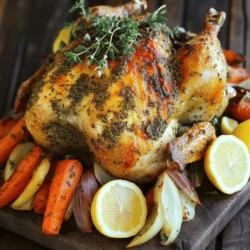 - 1 whole chicken (about 4-5 lbs) - 2 tablespoons Herbs de Provence - 1 lemon, zested and juiced - 4 cloves garlic, minced - 3 tablespoons olive oil - 1 tablespoon Dijon mustard - Salt and pepper to taste - 1 large onion, quartered - 4 carrots, cut into large chunks - 3 sprigs fresh rosemary (for stuffing) - Roasting pan - Mixing bowl - Basting brush - Meat thermometer Gather these ingredients before you start cooking. Each item plays a key role in creating the rich flavors of this roasted chicken. The chicken should be around 4-5 pounds. This size ensures it cooks evenly and remains juicy. Herbs de Provence adds a unique taste, while the lemon brightens the dish. Fresh garlic enhances the aroma, and olive oil provides moisture. You will also need a roasting pan. It helps the chicken cook evenly. A mixing bowl is great for combining the marinade. A basting brush ensures you can evenly spread the marinade on the chicken. Finally, a meat thermometer is essential for checking the chicken's doneness. This tool will help prevent undercooking or overcooking. Once you have everything ready, you're set to create a flavorful meal. For the full recipe, refer to the complete instructions that follow. - Preheat the oven to 425°F (220°C). - In a mixing bowl, combine olive oil, garlic, lemon zest, lemon juice, Dijon mustard, Herbs de Provence, salt, and pepper to make a marinade. - Pat the chicken dry with paper towels. Gently loosen the skin over the breast and thighs. - Spread half the marinade under the skin. Rub the rest all over the outside. - Stuff the chicken’s cavity with quartered onion, carrot chunks, and fresh rosemary. - Place the chicken in a roasting pan and add any leftover vegetables around it. - Roast for about 1 hour and 15 minutes. Baste halfway with the pan juices. - Use a meat thermometer to check that the thickest part of the thigh reaches 165°F (75°C). Follow these steps to create a mouthwatering roasted chicken. For the complete instructions, refer to the Full Recipe. - Allow the chicken to marinate for at least an hour for enhanced flavor. - Use fresh Herbs de Provence for the best aroma. Marinating is key to great taste. When you let the chicken soak in the marinade, it absorbs those rich flavors. I often prepare the marinade and let it sit while I prep the chicken. Fresh herbs are a game changer, bringing out that lovely scent. They also add depth to each bite. - Basting during roasting keeps the chicken moist. - Let the chicken rest after cooking to retain juices. Basting is crucial. It adds moisture and adds flavor from the pan juices. I baste every 30 minutes for the best result. After roasting, I let the chicken rest. This step is vital. It helps the juices stay in the meat, making it juicy and tender. - Serve on a rustic board with sprigs of herbs and lemon wedges. - Arrange vegetables aesthetically for added color. Presentation matters. I love serving the chicken on a wooden board. It looks inviting and rustic. Adding lemon wedges and fresh herbs creates a bright splash. Arranging vegetables in a colorful way makes the dish pop. A little effort goes a long way in impressing guests! For the full recipe, check out the details above. {{image_2}} You can easily change the herbs in this dish. Use Italian seasoning instead of Herbs de Provence for a different flavor profile. It brings a unique taste that many enjoy. Fresh herbs like thyme or tarragon work well, too. They add a fresh burst of flavor that can elevate your chicken dish. Think about adding more vegetables to your roast. Potatoes and parsnips make great additions. They soak up the flavor and cook beautifully. You can also toss in olives or dried fruits. This adds a Mediterranean twist that complements the chicken perfectly. Try different cooking methods to change the texture and flavor. Slow roasting makes the meat more tender and juicy. It allows the flavors to meld well together. Grilling the chicken adds a smoky flavor that is hard to resist. Each method brings its own charm to this classic dish. Check out the Full Recipe for more details on cooking times and techniques. - Store leftovers in an airtight container in the fridge for up to 4 days. - Ensure the chicken is cooled before sealing it. You want to keep your roasted chicken fresh and tasty. Storing it right helps maintain flavor and texture. After dinner, let the chicken cool down. Once it's cool, place it in an airtight container. This will keep it safe from bacteria and drying out. - Wrap portions of roasted chicken tightly in plastic wrap and then foil. - Freeze for up to 3 months for best quality. If you have more chicken than you can eat, freezing is a great choice. Wrap the chicken tightly using plastic wrap. After that, cover it with foil to avoid freezer burn. Label the package with the date. This way, you know how long it's been in there. Use it within three months for the best taste. - Reheat chicken in the oven at 350°F until warmed through. - Avoid microwaving if possible to prevent drying out. When you're ready to enjoy leftovers, reheating in the oven is best. Set it to 350°F and place the chicken inside. This method keeps the meat juicy and the skin crispy. If you must use a microwave, cover the chicken with a damp paper towel. This can help reduce drying, but the oven is always better. For the full recipe, check the earlier section. Enjoy your delicious roasted chicken! - Yes, but ensure it's fully thawed before cooking for even results. - Use a meat thermometer to check that it reaches 165°F (75°C). - Pair with roasted vegetables, a fresh salad, or crusty bread for a complete meal. This blog covered how to roast a whole chicken step by step. We talked about choosing fresh ingredients and keeping your chicken moist and flavorful. Remember to marinate for the best taste and let it rest after cooking. Feel free to experiment with herbs and sides for your meals. Whether you’re a novice or an expert in the kitchen, this easy guide will help you create a delicious dish every time. Enjoy your cooking journey and the tasty results!