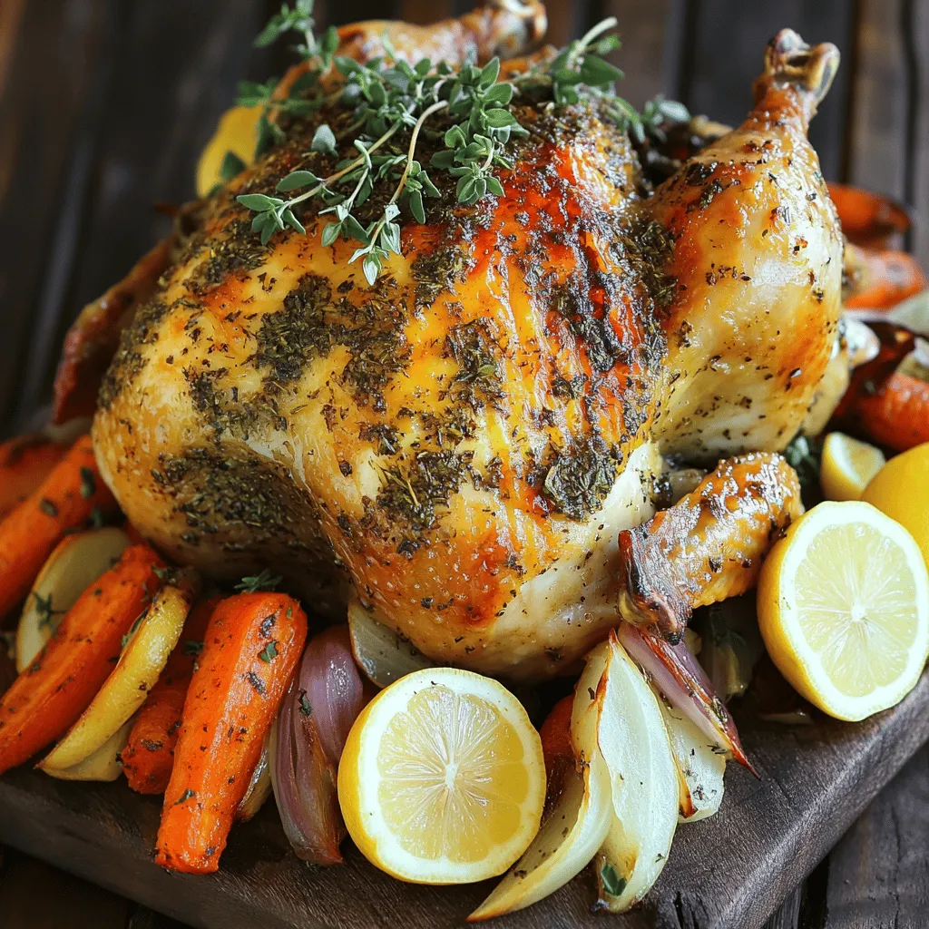- 1 whole chicken (about 4-5 lbs) - 2 tablespoons Herbs de Provence - 1 lemon, zested and juiced - 4 cloves garlic, minced - 3 tablespoons olive oil - 1 tablespoon Dijon mustard - Salt and pepper to taste - 1 large onion, quartered - 4 carrots, cut into large chunks - 3 sprigs fresh rosemary (for stuffing) - Roasting pan - Mixing bowl - Basting brush - Meat thermometer Gather these ingredients before you start cooking. Each item plays a key role in creating the rich flavors of this roasted chicken. The chicken should be around 4-5 pounds. This size ensures it cooks evenly and remains juicy. Herbs de Provence adds a unique taste, while the lemon brightens the dish. Fresh garlic enhances the aroma, and olive oil provides moisture. You will also need a roasting pan. It helps the chicken cook evenly. A mixing bowl is great for combining the marinade. A basting brush ensures you can evenly spread the marinade on the chicken. Finally, a meat thermometer is essential for checking the chicken's doneness. This tool will help prevent undercooking or overcooking. Once you have everything ready, you're set to create a flavorful meal. For the full recipe, refer to the complete instructions that follow. - Preheat the oven to 425°F (220°C). - In a mixing bowl, combine olive oil, garlic, lemon zest, lemon juice, Dijon mustard, Herbs de Provence, salt, and pepper to make a marinade. - Pat the chicken dry with paper towels. Gently loosen the skin over the breast and thighs. - Spread half the marinade under the skin. Rub the rest all over the outside. - Stuff the chicken’s cavity with quartered onion, carrot chunks, and fresh rosemary. - Place the chicken in a roasting pan and add any leftover vegetables around it. - Roast for about 1 hour and 15 minutes. Baste halfway with the pan juices. - Use a meat thermometer to check that the thickest part of the thigh reaches 165°F (75°C). Follow these steps to create a mouthwatering roasted chicken. For the complete instructions, refer to the Full Recipe. - Allow the chicken to marinate for at least an hour for enhanced flavor. - Use fresh Herbs de Provence for the best aroma. Marinating is key to great taste. When you let the chicken soak in the marinade, it absorbs those rich flavors. I often prepare the marinade and let it sit while I prep the chicken. Fresh herbs are a game changer, bringing out that lovely scent. They also add depth to each bite. - Basting during roasting keeps the chicken moist. - Let the chicken rest after cooking to retain juices. Basting is crucial. It adds moisture and adds flavor from the pan juices. I baste every 30 minutes for the best result. After roasting, I let the chicken rest. This step is vital. It helps the juices stay in the meat, making it juicy and tender. - Serve on a rustic board with sprigs of herbs and lemon wedges. - Arrange vegetables aesthetically for added color. Presentation matters. I love serving the chicken on a wooden board. It looks inviting and rustic. Adding lemon wedges and fresh herbs creates a bright splash. Arranging vegetables in a colorful way makes the dish pop. A little effort goes a long way in impressing guests! For the full recipe, check out the details above. {{image_2}} You can easily change the herbs in this dish. Use Italian seasoning instead of Herbs de Provence for a different flavor profile. It brings a unique taste that many enjoy. Fresh herbs like thyme or tarragon work well, too. They add a fresh burst of flavor that can elevate your chicken dish. Think about adding more vegetables to your roast. Potatoes and parsnips make great additions. They soak up the flavor and cook beautifully. You can also toss in olives or dried fruits. This adds a Mediterranean twist that complements the chicken perfectly. Try different cooking methods to change the texture and flavor. Slow roasting makes the meat more tender and juicy. It allows the flavors to meld well together. Grilling the chicken adds a smoky flavor that is hard to resist. Each method brings its own charm to this classic dish. Check out the Full Recipe for more details on cooking times and techniques. - Store leftovers in an airtight container in the fridge for up to 4 days. - Ensure the chicken is cooled before sealing it. You want to keep your roasted chicken fresh and tasty. Storing it right helps maintain flavor and texture. After dinner, let the chicken cool down. Once it's cool, place it in an airtight container. This will keep it safe from bacteria and drying out. - Wrap portions of roasted chicken tightly in plastic wrap and then foil. - Freeze for up to 3 months for best quality. If you have more chicken than you can eat, freezing is a great choice. Wrap the chicken tightly using plastic wrap. After that, cover it with foil to avoid freezer burn. Label the package with the date. This way, you know how long it's been in there. Use it within three months for the best taste. - Reheat chicken in the oven at 350°F until warmed through. - Avoid microwaving if possible to prevent drying out. When you're ready to enjoy leftovers, reheating in the oven is best. Set it to 350°F and place the chicken inside. This method keeps the meat juicy and the skin crispy. If you must use a microwave, cover the chicken with a damp paper towel. This can help reduce drying, but the oven is always better. For the full recipe, check the earlier section. Enjoy your delicious roasted chicken! - Yes, but ensure it's fully thawed before cooking for even results. - Use a meat thermometer to check that it reaches 165°F (75°C). - Pair with roasted vegetables, a fresh salad, or crusty bread for a complete meal. This blog covered how to roast a whole chicken step by step. We talked about choosing fresh ingredients and keeping your chicken moist and flavorful. Remember to marinate for the best taste and let it rest after cooking. Feel free to experiment with herbs and sides for your meals. Whether you’re a novice or an expert in the kitchen, this easy guide will help you create a delicious dish every time. Enjoy your cooking journey and the tasty results!