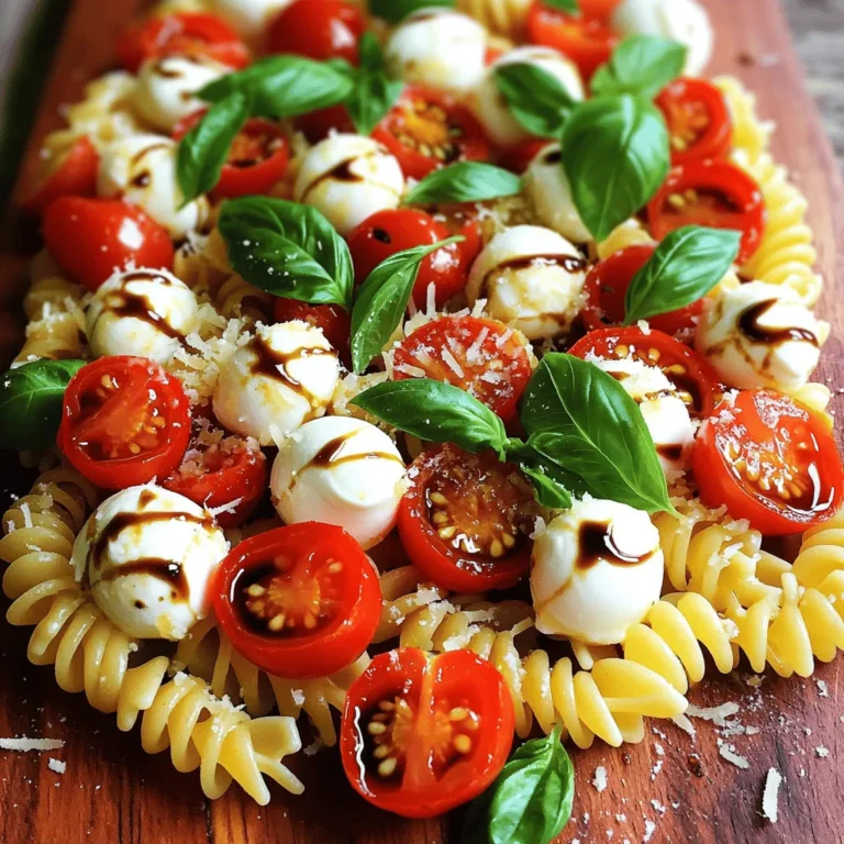 To make Fresh Caprese Pasta, you need the following fresh ingredients: - 8 oz (225g) pasta of your choice (spaghetti, penne, or fusilli) - 2 cups cherry tomatoes, halved - 1 cup fresh mozzarella balls, halved - 1/2 cup fresh basil leaves, roughly torn - 3 tablespoons extra-virgin olive oil - 1 tablespoon balsamic glaze - 2 cloves garlic, minced - Salt and pepper to taste - Grated Parmesan cheese for garnish (optional) Each ingredient plays a key role in this dish. For the pasta, 8 ounces provides a hearty base. The 2 cups of halved cherry tomatoes add freshness and sweetness. Use 1 cup of mozzarella for that creamy texture. The 1/2 cup of basil gives your pasta that classic Caprese flavor. Three tablespoons of olive oil help bind everything together. One tablespoon of balsamic glaze adds a touch of tang. Finally, season with salt and pepper to enhance all the flavors. If you want to switch things up, consider adding some optional ingredients: - Crushed red pepper flakes for a spicy kick - Pine nuts for a crunchy texture - Spinach or arugula for extra greens - Black olives for a briny flavor These options can add depth and variety to your dish. Feel free to experiment and find your favorite mix! For the full recipe, refer to the instructions provided. To start, fill a large pot with water. Add salt to the water; this helps the pasta taste better. Bring the water to a boil. Once boiling, add 8 oz of pasta. Cook it according to the package directions until it is al dente. This usually takes about 8 to 10 minutes. Remember to stir the pasta to prevent sticking. Before draining, save 1/2 cup of the pasta water. This water is starchy and will help the sauce later. Drain the pasta and set it aside. Now, take a large skillet and add 3 tablespoons of extra-virgin olive oil. Heat it over medium heat. When the oil is hot, add 2 cloves of minced garlic. Sauté the garlic for about 1 minute. You want it fragrant but not burnt. Next, add 2 cups of halved cherry tomatoes to the skillet. Cook them for about 3 to 4 minutes. You want the tomatoes to soften and start to release their juices. Once the tomatoes are soft, reduce the heat to low. Now, add the cooked pasta to the skillet. Pour in the reserved pasta water. Toss everything together gently. This helps mix the flavors. Next, remove the skillet from the heat. Fold in 1 cup of halved mozzarella balls and 1/2 cup of roughly torn basil leaves. Season with salt and pepper to your taste. Finally, drizzle 1 tablespoon of balsamic glaze over the pasta and toss lightly again. Your Fresh Caprese Pasta is now ready to serve! For the full recipe, check out the detailed instructions above. To enhance the taste of your Fresh Caprese Pasta, focus on fresh ingredients. Use ripe cherry tomatoes for a sweet kick. Fresh mozzarella adds creaminess, while basil gives a fragrant touch. The extra-virgin olive oil brings richness. A drizzle of balsamic glaze adds a tangy finish. Experiment with the amount of each ingredient. Adjust to your taste preferences for the best flavor. One common mistake is overcooking the pasta. Always aim for al dente texture, as it holds up better. Another mistake is using low-quality cheese. Fresh mozzarella truly makes a difference. Avoid skipping the salt in the pasta water. It enhances flavor from the start. Lastly, don't skip the reserved pasta water. It helps bind the sauce and pasta together. Cook pasta in a large pot of boiling salted water. This ensures even cooking. Stir the pasta occasionally to prevent sticking. When it's nearly done, save some pasta water before draining. It’s a secret weapon for a silky sauce. After draining, toss the pasta immediately with the garlic and tomatoes. This keeps it warm and absorbs flavors well. {{image_2}} You can enhance your Fresh Caprese Pasta with a few simple additions. Try adding some cooked chicken or shrimp for protein. This will make the dish more filling. You can also sprinkle in some red pepper flakes for a mild heat. If you enjoy nuts, consider adding pine nuts or walnuts for a crunchy texture. Fresh lemon juice can brighten the flavors, too. A squeeze of lemon just before serving adds a nice twist. Feel free to swap ingredients to suit your taste. Instead of cherry tomatoes, you can use diced heirloom tomatoes. They bring a different taste and color. If you can’t find fresh mozzarella, try using burrata. It has a creamy center that melts beautifully into the pasta. For those who are vegan, replace mozzarella with a plant-based cheese. You can also use olive oil infused with garlic for extra flavor. While this recipe calls for spaghetti, you can use any pasta you like. Penne works well, as its shape holds the sauce nicely. Fusilli is another great option; its spirals capture the tomatoes and cheese. You can even try whole wheat or gluten-free pasta for a healthier choice. Each pasta type will change the texture of the dish, making it fun to experiment. Find what you love best! To keep your Fresh Caprese Pasta tasty, store it in an airtight container. This helps keep out air and moisture. Let the pasta cool down to room temperature before sealing it up. Store it in the fridge for up to three days. If you want to keep it longer, you can freeze it. Just remember to use a freezer-safe container. When you're ready to enjoy your leftovers, reheat them gently. You can use the microwave or a skillet. If using a microwave, heat in short bursts. Stir after each burst to heat evenly. If using a skillet, add a splash of water or olive oil to help it warm up. This keeps the pasta from drying out. Heat it just until warm, not too long! To keep your Caprese Pasta fresh, try not to mix in the cheese and basil until you're ready to eat. These ingredients taste best fresh. If you have leftovers with these mixed in, they might not taste as good the next day. So, it's best to keep them separate until serving. With these tips, your Fresh Caprese Pasta will stay delicious for as long as possible! For the full recipe, check earlier sections. To make Fresh Caprese Pasta, start by cooking 8 oz of pasta in salted water. While the pasta cooks, heat 3 tablespoons of olive oil in a skillet. Add 2 minced garlic cloves and sauté for about 1 minute. Then, toss in 2 cups of halved cherry tomatoes. Cook these for 3 to 4 minutes until soft. After draining the pasta, add it to the skillet with the tomatoes. Mix in 1 cup of halved mozzarella balls and 1/2 cup of torn basil leaves. Season with salt and pepper. Finish with 1 tablespoon of balsamic glaze. For a full recipe, check out the Full Recipe section. Yes, you can! If you don't have cherry tomatoes, use diced regular tomatoes. For cheese, any soft cheese will work in place of mozzarella. You can swap basil with spinach or arugula for a different taste. Olive oil can be replaced with any light oil if needed. Just remember to adjust the flavors as you mix. Serve Caprese Pasta warm in bowls. For a nice touch, garnish with extra mozzarella balls and a basil leaf. Drizzle a bit more balsamic glaze on top for added flavor. You can also serve it on a wooden board with a side of olive oil. This makes for a great presentation and a fun dining experience! You learned how to make delicious Caprese pasta with fresh ingredients and simple steps. Remember to cook your pasta just right and sauté your garlic and tomatoes for the best flavor. Use the tips to avoid common mistakes and customize your dish to your liking. Store any leftovers properly to keep them fresh. With these insights, you're set to impress anyone at your next meal. Enjoy your tasty creation and the smiles it brings!