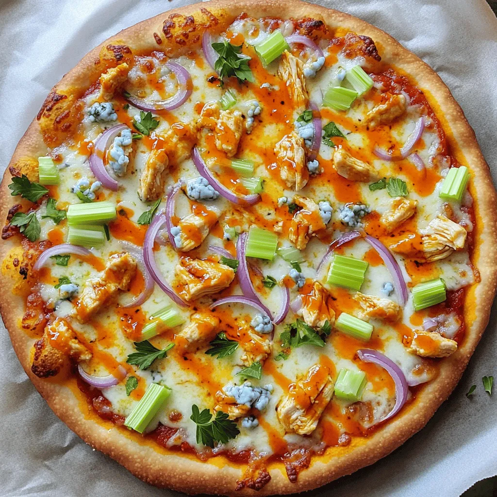 To make Buffalo chicken pizza, gather these key ingredients: - 1 pizza dough (store-bought or homemade) - 1 cup cooked chicken, shredded - 1/3 cup buffalo sauce (adjust to taste) - 1 cup mozzarella cheese, shredded - 1/2 cup blue cheese crumbles - 1/4 cup red onion, thinly sliced - 1/4 cup celery, finely chopped - 2 tablespoons olive oil - 1 tablespoon ranch seasoning - Fresh parsley, chopped (for garnish) These ingredients create a perfect blend of flavors. The buffalo sauce gives a nice kick, while the blue cheese adds creaminess. You can add more fun toppings to your pizza. Here are some ideas: - Extra mozzarella cheese for a cheesier bite - Jalapeños for added heat - Sliced avocado for creaminess - Diced tomatoes for freshness - Cilantro for a fresh twist Feel free to mix and match to suit your taste! Choosing the best ingredients makes a big difference. Here are some tips: - Chicken: Use fresh, cooked chicken. Grilled or rotisserie chicken works well. - Buffalo Sauce: Pick a sauce that matches your spice level. Some are milder than others. - Cheese: Go for high-quality mozzarella. It melts better and adds great flavor. - Vegetables: Use fresh red onion and celery for crunch. They add color and texture. Using quality ingredients ensures a delicious Buffalo chicken pizza that everyone will love. For the full recipe, check out the detailed steps! First, preheat your oven to 475°F (245°C). If you have a pizza stone, place it in the oven to heat. This helps create a crispy crust. Next, take your pizza dough. You can use store-bought or make it from scratch. On a floured surface, roll it out into a circle. Make sure it's the right size for your stone or baking sheet. Then, place the dough on a lightly greased surface. In a medium bowl, mix your cooked, shredded chicken with buffalo sauce. Adjust the sauce to fit your taste. For less heat, use less sauce. Next, brush the dough with olive oil. This will help it brown nicely. Spread the buffalo chicken evenly over the dough. Now, sprinkle mozzarella cheese over the chicken. Add blue cheese crumbles, thin slices of red onion, and chopped celery. Finally, sprinkle ranch seasoning on top for extra flavor. Slide your pizza into the preheated oven. If you use a pizza stone, be careful not to burn yourself. Bake for about 12-15 minutes. Look for a golden crust and bubbly cheese. When it’s done, take it out and let it cool for a minute. Garnish with fresh parsley before slicing. Enjoy every bite of your spicy buffalo chicken pizza! For a complete guide, check out the Full Recipe. To make a great crust, start with good dough. I often use store-bought dough for ease. If you want homemade dough, use simple ingredients like flour, water, and yeast. Roll the dough out on a floured surface. Aim for 1/4 inch thick. This thickness gives great crunch and chew. Brush the crust with olive oil before baking. This adds flavor and helps it brown nicely. The spice level is key for buffalo chicken pizza. You can adjust the heat by changing the buffalo sauce amount. Start with 1/3 cup and taste it. If you want more heat, add more sauce. You can also mix in some hot sauce for extra kick. If you prefer less heat, use a milder sauce. Adjust it until it’s just right for you. Having the right tools makes cooking easier. Here are some must-have items: - Pizza stone or baking sheet: Helps with even cooking. - Rolling pin: For rolling out your dough. - Pizza cutter: For easy slicing. - Spatula: To transfer the pizza to the oven. - Mixing bowls: For mixing the chicken and sauce. With these tools, your buffalo chicken pizza will turn out great! Plus, it makes the whole process more fun and smooth. Check out the Full Recipe for more details on making this dish. {{image_2}} You can switch up the flavor of Buffalo chicken pizza with different sauces. For a milder taste, try using barbecue sauce. It adds a sweet and smoky twist. If you love heat, use a spicy ranch or garlic sauce for extra kick. As for cheeses, mozzarella is classic, but you can mix in pepper jack for a spicy touch. A blend of gouda and cheddar gives a rich flavor. Experimenting can make your pizza unique and delicious. You don’t need chicken to enjoy this pizza. Use cauliflower or chickpeas as a base. Simply roast cauliflower in buffalo sauce until tender. For chickpeas, mash and mix them with buffalo sauce. This gives a similar texture and taste. Add your favorite veggies too. Bell peppers and mushrooms work well. They soak up the sauce and add great flavor. You can still use mozzarella and blue cheese for that creamy finish. If you need gluten-free options, try a cauliflower crust or a chickpea flour dough. Both are tasty and easy to make. Just blend cauliflower into rice, steam it, and mix with cheese and eggs. For chickpea dough, mix flour with water and bake. Store-bought gluten-free crusts are also a great choice. They save time and can taste just as good. Always check labels to ensure they fit your diet. For the full recipe, check the details above. Enjoy creating your Buffalo chicken pizza! After enjoying your Buffalo Chicken Pizza, store leftovers properly. Let the pizza cool to room temperature. Then, place slices in an airtight container. You can also wrap them tightly in plastic wrap. Store in the fridge for up to three days. This way, you keep the flavors fresh and tasty. To enjoy your pizza again, reheating is key. Preheat your oven to 350°F (175°C). Place the slices on a baking sheet. Cover them with aluminum foil to keep them moist. Heat for about 10-15 minutes. This method keeps the crust crispy and the cheese melty. You can also use a skillet. Heat it over medium heat, then add the pizza. Cover it for a few minutes until warm. If you want to save time, freeze unbaked pizza. Prepare your pizza as per the Full Recipe, but do not bake it. Instead, wrap it tightly in plastic wrap and then foil. Label it with the date for easy reference. Store it in the freezer for up to two months. When ready to bake, simply remove it from the freezer. Let it thaw in the fridge overnight before baking as usual. This way, you can enjoy fresh pizza anytime! To make your Buffalo Chicken Pizza spicier, add more buffalo sauce. You can also use a hot sauce blend. Try adding sliced jalapeños for extra heat. If you love spice, use pepper jack cheese instead of mozzarella. You can mix in some cayenne pepper with your chicken too. Adjust the heat to what you like best. Yes, you can use store-bought ingredients. Many people use store-bought pizza dough. You can find pre-cooked chicken or rotisserie chicken too. For cheese, shredded mozzarella and blue cheese are easy to buy. Store-bought buffalo sauce is also a great time-saver. Using these makes the recipe quick and simple. Buffalo Chicken Pizza goes well with many sides. A classic choice is a fresh garden salad. You can also serve it with celery sticks and ranch dressing. For a fun twist, try sweet potato fries. Chips and salsa make a nice snack too. Choose sides that balance the spice of the pizza. Buffalo Chicken Pizza is a tasty dish you can make at home. We covered key ingredients, step-by-step instructions, and helpful tips. You can explore various toppings and even customize the spice level. Don’t forget, storing leftovers properly keeps them fresh. Enjoying this pizza with sides adds to the fun. With the right approach, you can create a meal that satisfies everyone. Embrace your kitchen skills and have fun making it!