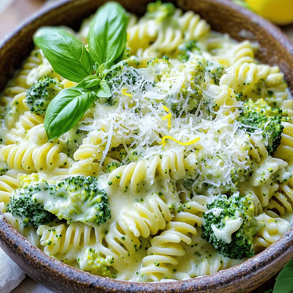 - 8 ounces pasta (fusilli or penne) - 2 cups broccoli florets - 1 cup heavy cream - 1 cup grated Parmesan cheese - 2 cloves garlic, minced - 2 tablespoons olive oil - 1 teaspoon lemon zest - Salt and pepper to taste - Red pepper flakes (optional, for heat) - Fresh basil or parsley for garnish Gathering the right ingredients makes cooking easier. Start with 8 ounces of your favorite pasta, like fusilli or penne. Next, grab 2 cups of fresh broccoli florets. They add color and nutrition. For the creamy sauce, you need 1 cup of heavy cream. This gives the dish its rich texture. You also need 1 cup of grated Parmesan cheese. It brings a salty, nutty flavor. Don’t forget the garlic! You will want 2 cloves, minced finely. They add a lovely aroma. You also need 2 tablespoons of olive oil for cooking. For a bit of brightness, get 1 teaspoon of lemon zest. It lifts the flavors. You will also need salt and pepper to taste. If you like heat, add red pepper flakes. Finally, fresh basil or parsley will make a nice garnish. For the full recipe, check out the Creamy Broccoli Pasta section. It will guide you step-by-step to make this tasty meal. Happy cooking! 1. Bring salted water to a boil. Use a big pot for more room. 2. Cook pasta as per package instructions. Stir it occasionally to prevent sticking. 3. Add broccoli in the last 3 minutes. This keeps it bright and crunchy. 1. Sauté garlic in olive oil. Heat the oil over medium heat until it shimmers. 2. Add heavy cream and lemon zest. Stir well to combine, and let it simmer gently. 3. Stir in Parmesan cheese. Mix until it melts and makes the sauce creamy. 1. Toss pasta and broccoli with the sauce. Make sure everything is well-coated. 2. Adjust consistency with reserved pasta water. Add a little water for a smoother sauce. 3. Season to taste. Use salt, pepper, and red pepper flakes if you like heat. This process creates a delicious meal in just 25 minutes. You can find the full recipe linked above. To get that creamy texture, start with good heavy cream. It thickens well and adds depth. When you mix in the cheese, it helps bind everything together. If your sauce feels too thick, use pasta water. This water has starch that makes everything smoother. Just add a bit at a time until you reach the right consistency. Seasoning is key. Always taste your dish before serving. Add salt and pepper gradually. You can also sprinkle in some red pepper flakes for a spicy kick. Adjusting the seasoning lets you find the flavor balance you love. Prep your ingredients before you start cooking. Chop the broccoli and mince the garlic earlier. This makes cooking faster and easier. Use a one-pot method. Cooking the pasta and broccoli together saves you time and dishes. Everything cooks in the same pot. This method also helps the pasta soak up flavors from the sauce. Pair your creamy broccoli pasta with a fresh salad. A simple green salad with lemon dressing works well. You can also serve it with warm garlic bread. For a drink, a light white wine complements the dish nicely. For garnishing, fresh herbs add color and flavor. Sprinkle chopped basil or parsley on top before serving. You can also add more grated Parmesan for a cheesy finish. These small touches make your meal look and taste amazing. If you want to see the full recipe, check it out [here](#). {{image_2}} For a gluten-free option, choose gluten-free pasta. Many brands offer pasta made from rice, quinoa, or lentils. These options cook well and taste great in this creamy dish. If you want a dairy-free sauce, you can use coconut cream instead of heavy cream. Nutritional yeast adds a cheesy flavor without dairy. Look for vegan cheese to mix in for added creaminess. To make your creamy broccoli pasta even better, think about adding protein. Cooked chicken or sautéed shrimp works well. These options make the meal more filling and tasty. You can also boost nutrition by adding more veggies. Spinach and peas blend nicely with broccoli. They add color and freshness to your dish. Try different cheeses to change the flavor. Gouda or cheddar can add a unique twist. Mixing in goat cheese gives a tangy taste. Herbs and spices can also elevate your dish. Fresh basil, thyme, or parsley brighten the flavor. A touch of nutmeg can add warmth and depth. Experiment with these to find your favorite combination. For the full recipe, check out the link above. To store leftover creamy broccoli pasta, let it cool first. Place it in an airtight container. This helps keep the pasta fresh. Glass or BPA-free plastic containers work well. They prevent spills and help maintain flavor. Yes, you can freeze creamy broccoli pasta! To freeze, portion it into smaller containers. This way, you can reheat just what you need. To reheat, use the stove or microwave. Add a splash of cream or water to keep it moist. Stir often to prevent clumping and ensure even heating. For safe consumption, eat refrigerated creamy broccoli pasta within three to five days. If frozen, it can last up to three months. Look for signs of spoilage, such as off smells or mold. If it looks or smells bad, it’s best to toss it. Always trust your senses when deciding if food is safe to eat. For the full recipe, check out the Creamy Broccoli Pasta section. I recommend using fusilli or penne pasta. These shapes hold sauce well. Fusilli's twists and penne's tubes grab the creamy sauce, making each bite delicious. You can also try rotini or farfalle. They add a fun twist to your dish. Yes, you can prep it ahead of time. Cook the pasta and broccoli, then mix them with the sauce. Store everything in the fridge for up to two days. When ready to eat, simply reheat it. Add a splash of pasta water to keep it creamy. To thicken your sauce, try adding more cheese. Parmesan melts well and adds creaminess. You can also stir in a little cornstarch mixed with water. Heat it gently until thick. This method keeps the texture smooth. Absolutely! This dish is easy to make vegetarian. Just use vegetable broth instead of chicken stock. All other ingredients are already vegetarian-friendly. You can also add more veggies like peas or spinach for extra color and taste. Yes, frozen broccoli works fine. It can save time and is just as nutritious. However, frozen broccoli can be softer. To avoid mushiness, cook it for a shorter time. Add it to the pasta during the last few minutes of cooking. To boost the flavor, try adding more garlic or fresh herbs. You can also sprinkle in some red pepper flakes for heat. A splash of lemon juice brightens the dish. Experiment with your favorite spices to find what you love. For the full recipe, check the main section. This pasta dish features simple ingredients to make a creamy delight. We covered how to cook the pasta and blend a tasty garlic cream sauce. Tips for perfecting texture and time-saving techniques ensure success every time. You can also explore variations to suit your diet and taste. In the end, this creamy broccoli pasta is not just easy to make. It’s also customizable and delicious, making it perfect for any meal. Enjoy creating your version and savor every bite!