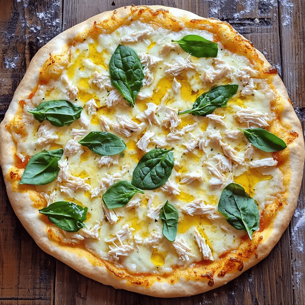 To make Easy Chicken Alfredo Pizza, you need the following ingredients: - 1 pre-made pizza crust (or homemade if preferred) - 1 cup cooked chicken breast, shredded - 1 cup Alfredo sauce - 1 ½ cups shredded mozzarella cheese - ½ cup grated Parmesan cheese - 1 cup fresh spinach leaves - 1 teaspoon garlic powder - 1 teaspoon Italian seasoning - Salt and pepper to taste - Olive oil for drizzling When choosing ingredients, focus on freshness. Fresh chicken tastes better. You can use leftover chicken or rotisserie chicken for ease. Check the expiration date on your store-bought Alfredo sauce. For cheese, select high-quality mozzarella. It melts better and gives a nice texture. Fresh spinach adds color and nutrition. Always wash and dry it well before using. You can easily swap ingredients if needed. Use a gluten-free pizza crust if you want a gluten-free option. For a lighter version, try using low-fat Alfredo sauce. If you prefer a different cheese, consider provolone or gouda. You can add veggies like bell peppers or mushrooms for more flavor. For a vegetarian option, leave out the chicken and add extra greens. This way, you can tailor the pizza to your taste. For the full recipe, check out the Easy Chicken Alfredo Pizza section. To start, preheat your oven to 450°F (232°C). If you use a pre-made crust, follow the package directions. If you prefer homemade dough, roll it out on a floured surface. Shape it to fit your baking sheet or pizza stone. Make sure it’s even and not too thick. This helps it cook well. In a medium bowl, combine the shredded chicken and Alfredo sauce. Add garlic powder, Italian seasoning, salt, and pepper to taste. Mix well until the chicken is fully coated. This step adds flavor and keeps the chicken moist. You can use leftover chicken or rotisserie chicken for ease. Now, spread the chicken Alfredo mixture evenly over the pizza crust. Next, sprinkle the mozzarella cheese on top. Follow this with the grated Parmesan cheese. Finally, add fresh spinach leaves for color and nutrition. Drizzle a little olive oil on top for extra flavor. Place the pizza in the oven and bake for 12-15 minutes. Look for melted cheese and a golden-brown crust. When done, take the pizza out and let it cool for a few minutes before slicing. Enjoy this delightful dish! For the full recipe, check the details above. To make great pizza, start with the dough. If you use pre-made crust, follow the package steps. For homemade dough, use a simple recipe. The key is to knead it well. This helps create a soft and chewy crust. Let the dough rise for at least 30 minutes. This makes it light and airy. When rolling out, use flour to prevent sticking. Aim for a round shape for even cooking. Cheese is a star in any pizza. Use shredded mozzarella for that classic stretch. Mix it with grated Parmesan for more flavor. To melt cheese evenly, ensure it covers the chicken mixture well. Bake at the right temperature for the best melt, around 450°F. Keep an eye on it. You want it bubbly and slightly golden. If it cooks too long, it may become hard. Your Alfredo sauce can shine with a few tweaks. Start with a good base sauce. You can use store-bought or homemade. To boost flavor, add garlic powder and Italian seasoning. These spices add depth. For a touch of brightness, mix in some fresh herbs like basil or parsley. A squeeze of lemon juice gives it a zing. These small changes make a big difference. They elevate your pizza to a gourmet level. For the full recipe, check out the Easy Chicken Alfredo Pizza section. {{image_2}} If you want to switch up the protein, you have options. Try using cooked shrimp or diced ham. They both add a unique flavor. For a vegetarian option, consider grilled mushrooms or roasted chickpeas. These choices keep the pizza tasty while adding variety. Adding veggies boosts the nutrition of your pizza. Spinach is great, but you can add more. Try bell peppers, onions, or broccoli. Just chop them small so they cook well. This way, you pack in more vitamins without losing flavor. It also makes the pizza colorful! While Alfredo sauce is classic, don't be afraid to experiment. You can use pesto for a fresh taste. BBQ sauce can give a smoky flavor. Tomato sauce is another option if you want something simple. Each sauce brings its own twist, so have fun mixing it up! To keep your Easy Chicken Alfredo Pizza fresh, start by letting it cool. Once it's cool, slice the pizza into pieces. Wrap each slice in plastic wrap or foil. Place the wrapped slices in an airtight container. This helps to keep them from drying out. Store the container in the fridge. Leftover pizza will stay fresh for about 3 to 4 days. When you want to enjoy your leftover pizza, reheating it right is key. I recommend using an oven for the best taste. Preheat your oven to 375°F (190°C). Place the pizza slices on a baking sheet. Heat them for about 10 minutes. This ensures the crust stays crispy. You can also use a skillet on the stove. Cook on medium heat for 5 to 7 minutes with a lid on. This helps melt the cheese while keeping the crust crunchy. If you want to save your pizza for later, freezing is a great option. First, cool the pizza completely and slice it. Wrap each slice in plastic wrap, then in foil. This double layer keeps the pizza safe from freezer burn. Place the wrapped slices in a freezer bag or container. Frozen pizza can last for up to two months. When you're ready to eat, thaw it in the fridge overnight before reheating. Enjoy your Easy Chicken Alfredo Pizza again! You can find the Full Recipe earlier in this article. To reheat your pizza, use an oven or skillet. Preheat the oven to 350°F (175°C). Place the pizza on a baking sheet. Heat it for about 10 minutes. This keeps the crust crispy. If using a skillet, heat over medium-low heat. Cover it with a lid to warm the cheese. Yes, store-bought Alfredo sauce works great. It saves time and still tastes good. Look for a sauce that has simple ingredients. This keeps the flavor fresh and real. You can also add spices if you want a kick. Pair your pizza with a fresh salad. A simple green salad works well. You can also serve garlic bread on the side. It adds a crunchy texture. For drinks, try sparkling water or a light soda. These options balance the pizza's richness. For a fun twist, offer dipping sauces like marinara or ranch. This blog post covered how to make Easy Chicken Alfredo Pizza. We looked at key ingredients, tips for selection, and even possible swaps. I shared step-by-step instructions from crust to baking. You learned how to perfect the dough and achieve the best cheese melt. Consider trying variations with different proteins and veggies. Storing and reheating your leftovers can keep the taste fresh. With this guide, you are ready to enjoy a fun and tasty meal. Happy cooking!
