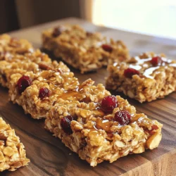 - 2 cups rolled oats - 1 cup walnuts, chopped - 1/2 cup honey or maple syrup - 1/4 cup nut butter (almond or peanut) - 1/2 cup dried fruit (cranberries or raisins) - 1/4 teaspoon salt - 1/2 teaspoon cinnamon - 1/2 teaspoon vanilla extract Gathering the right ingredients is key to making delicious maple walnut granola bars. I love using rolled oats as my base. They give the bars great texture and hold everything together. Chopped walnuts add a wonderful crunch and rich flavor. You can choose honey or maple syrup as a sweetener. Both options work well. When I make these bars, I always include nut butter, either almond or peanut. This adds creaminess and helps bind the mixture. Dried fruit like cranberries or raisins adds sweetness and chewiness. A pinch of salt enhances the flavors, while cinnamon brings warmth and a hint of spice. Lastly, a touch of vanilla extract rounds out the taste, making the bars extra special. - Calories per serving: About 150 - Macronutrient breakdown: - Carbohydrates: 20g - Protein: 4g - Fat: 7g These granola bars are not just tasty; they offer health benefits too. Rolled oats provide fiber, which can help keep you full. Walnuts are rich in omega-3 fatty acids, good for heart health. Honey and maple syrup give you quick energy, perfect for a snack. Nut butter adds protein, making these bars great for an active day. Overall, these maple walnut granola bars are simple to make and pack a nutritious punch. For the full recipe, check out the link. Enjoy making your own at home! 1. Preheat your oven to 350°F (175°C). 2. Line an 8x8-inch baking dish with parchment paper. Leave a bit hanging over the sides for easy removal. 3. Gather all your ingredients and measure them out. This makes mixing easier. 1. In a large bowl, combine the rolled oats, chopped walnuts, salt, and cinnamon. Stir well to mix everything together. 2. In a small saucepan, melt the honey (or maple syrup) and nut butter over low heat. Stir until smooth. 3. Remove from heat and add the vanilla extract. Pour this mixture over the dry ingredients. 4. Add the dried fruit and mix until all the ingredients are coated. 5. Transfer the mixture to your prepared baking dish. Press it down firmly with a spatula or your hands. The more tightly packed, the better they will hold together. 6. Bake in the preheated oven for 20-25 minutes. Look for a golden brown edge. 1. After baking, let the granola cool in the pan for about 10 minutes. 2. Use the parchment paper to lift the granola out of the pan. 3. Place it on a cutting board and let it cool completely. 4. Once cool, cut it into bars or squares. Store in an airtight container for up to a week. For the full recipe, refer to the earlier section. Enjoy your delicious maple walnut granola bars! To get chewy bars, use more nut butter and syrup. For crunchier bars, add more oats and nuts. The key is also packing the mixture tightly. When you press it down firmly, it holds together better after baking. You can add spices like nutmeg or ginger for extra flavor. I often use a dash of vanilla extract too. If you want more crunch, try adding seeds like pumpkin or sunflower. You can also swap walnuts for almonds or pecans for a different taste. One common mistake is overmixing. This can make your bars too dense. On the other hand, undermixing can lead to uneven flavor. Always check your baking time. If you want chewy bars, take them out when they are lightly golden. For crunchier bars, leave them in a bit longer. For the full recipe of Maple Walnut Granola Bars, check out the recipe section. {{image_2}} You can easily change the flavor of your maple walnut granola bars. One fun idea is to add chocolate chips. They blend well with the maple and nuts. Just mix in about half a cup before baking. You can also switch up the dried fruits. Try using apricots, dates, or figs instead of cranberries or raisins. Each fruit offers a unique taste. If you need gluten-free options, choose certified gluten-free oats. This keeps the bars safe for those with gluten sensitivities. For vegan substitutions, replace honey with maple syrup. Use almond or cashew butter to keep it plant-based. These swaps make the bars fit many diets without losing flavor. You can customize the portions based on your needs. If you want smaller snacks, make mini bars or bites. Simply spread the mixture thinner in the baking pan. This way, you can cut them into bite-sized pieces. For meal prep, think about cutting larger bars. This helps with easy grab-and-go meals. You can store them in snack bags for a quick treat during the week. To keep your homemade granola bars fresh, store them in an airtight container. I recommend using a glass jar or a plastic container with a tight lid. This helps keep moisture out and maintains their crunch. Place the container in a cool, dark place, like a pantry or cupboard. Avoid storing them in places with high heat or direct sunlight. If stored correctly, your granola bars can last for about a week. After that, they may lose their texture and flavor. Signs of spoilage include a change in smell or taste, or if they feel soft instead of crunchy. Always check for any signs of mold before you eat them. You can also freeze granola bars for longer storage. To freeze, wrap each bar tightly in plastic wrap. Place them in a freezer-safe bag or container. This way, they won’t stick together. When you're ready to enjoy one, take it out and let it thaw at room temperature for about 30 minutes. You can also microwave it for a few seconds for a warm treat. Yes, you can make these bars without nuts. Use seeds instead, like pumpkin or sunflower seeds. This keeps the texture crunchy. You can also add more dried fruit or use coconut flakes for extra flavor. To substitute honey, use maple syrup or agave nectar. Both options provide sweetness without using animal products. They blend well with the other ingredients. Use the same amount as you would for honey. For chewy bars, bake them for 20 to 25 minutes. Watch for a golden edge. If you prefer crunchier bars, bake for a few extra minutes. Just be careful not to overbake, as they can dry out. You can find pre-made bars at most grocery stores. Look in the snack aisle or the health-food section. Many brands offer maple walnut flavors. However, homemade bars taste fresher and can be customized. To enhance flavor, try adding spices like nutmeg or ginger. You can also mix in chocolate chips or different dried fruits. Another great option is to add a bit of orange zest for freshness. Experiment with flavors to find your favorite combination. For the full recipe of Maple Walnut Granola Bars, check out the recipe section above. You learned how to make delicious maple walnut granola bars. We covered each step, from gathering ingredients to baking and storing. Remember, you can customize flavors or adjust for dietary needs. Making these bars lets you enjoy healthy snacks that fit your taste. Keep these tips handy to avoid mistakes and create the perfect texture. Enjoy your homemade treats; they make snacking fun and easy!
