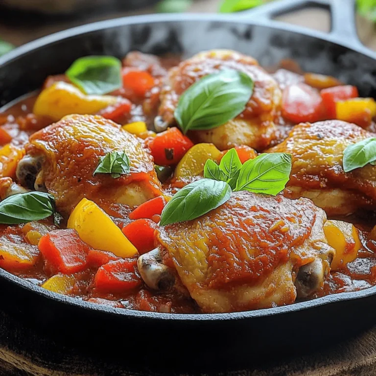 To make Classic Chicken Cacciatore, gather these fresh and tasty ingredients: - 4 chicken thighs, bone-in and skin-on - 1 tablespoon olive oil - 1 onion, chopped - 3 cloves garlic, minced - 1 red bell pepper, sliced - 1 yellow bell pepper, sliced - 400g canned diced tomatoes - 1 cup chicken broth - 1 teaspoon dried oregano - 1 teaspoon dried basil - ½ teaspoon red pepper flakes (optional) - Salt and pepper to taste - Fresh basil leaves for garnish Each ingredient plays a key role in this dish. The chicken thighs bring rich flavor and tenderness. Using bone-in and skin-on adds depth to the sauce. Olive oil gives a nice base for cooking. Onion and garlic add sweetness and warmth. The red and yellow bell peppers contribute texture and color. Canned diced tomatoes create a juicy sauce while chicken broth enhances the taste. Oregano and basil provide classic Italian flavor. Optional red pepper flakes can add a bit of heat. Finally, salt and pepper balance all the flavors, while fresh basil leaves add a beautiful finish. You can easily swap some ingredients if needed. If you can't find chicken thighs, use chicken legs or breasts instead. If you want a lighter dish, olive oil can be replaced with coconut oil or butter. If you don’t have bell peppers, try zucchini or mushrooms for a different taste. You can use vegetable broth instead of chicken broth for a vegetarian option. Fresh herbs can be replaced with dried herbs; just use less since they are more concentrated. Lastly, if you prefer a milder dish, skip the red pepper flakes or adjust them to your liking. For the full recipe, check out the complete instructions! Start by gathering your ingredients. You will need: - 4 chicken thighs, bone-in and skin-on - 1 tablespoon olive oil - 1 onion, chopped - 3 cloves garlic, minced - 1 red bell pepper, sliced - 1 yellow bell pepper, sliced - 400g canned diced tomatoes - 1 cup chicken broth - 1 teaspoon dried oregano - 1 teaspoon dried basil - ½ teaspoon red pepper flakes (optional) - Salt and pepper to taste - Fresh basil leaves for garnish Next, chop the onion and peppers. Mince the garlic. This prep helps the dish cook evenly. Set everything aside so it’s ready to use. Heat the olive oil in a large skillet over medium heat. Season the chicken thighs with salt and pepper. Place them skin-side down in the pan. Brown each side for about 5-7 minutes until golden. Remove the chicken and set it aside. In that same skillet, add the chopped onion and garlic. Sauté for about 3-4 minutes until they soften. Then, add the sliced bell peppers and cook for another 5 minutes. This step brings out the sweet flavors in the peppers. Pour in the canned diced tomatoes and chicken broth, stirring well. Add the oregano, basil, and red pepper flakes if you like a bit of heat. Return the chicken to the pan. Make sure it’s submerged in the sauce. Cover the skillet and reduce the heat to a simmer. Let the chicken cook for 30-40 minutes. It should be tender and fully cooked through. Keep an eye on the heat. If it’s too high, the sauce will burn. If it’s too low, the chicken might not cook properly. It should simmer gently. To check if the chicken is done, insert a meat thermometer. It should read 165°F. If you like a thicker sauce, you can cook it uncovered for the last 10 minutes. This helps reduce the liquid. For best results, serve the cacciatore hot, garnished with fresh basil leaves. Enjoy your homemade dish! For the full recipe, check out the [Full Recipe]. To make the best Chicken Cacciatore, start with good chicken. I prefer bone-in, skin-on thighs. They add flavor and stay moist. Brown the chicken well for a rich taste. Use medium heat and don’t rush this step. After browning, let the chicken rest. This helps keep it juicy. When you cook the onions and garlic, stir them often. This prevents burning and ensures even cooking. Adding the vegetables before the liquid gives them a chance to soften perfectly. To boost flavors, use fresh herbs. Fresh basil adds a bright taste at the end. You can also add more garlic if you love it. A splash of red wine can deepen the sauce. Just a bit will do; let it simmer to cook off the alcohol. Don’t forget to taste as you cook. Adjust the salt and pepper to your liking. A pinch of sugar can balance acidity from the tomatoes. If you want some heat, add red pepper flakes. Using the right tools makes cooking easier. A large skillet or Dutch oven works best. These hold heat well, which helps with browning. A wooden spoon is perfect for stirring. It won’t scratch your pan and allows for easy mixing. A lid is also important for simmering. It helps trap steam and keeps the dish moist. Lastly, a good meat thermometer helps check for doneness. Chicken should reach 165°F for safe eating. For the full recipe, please refer to the complete instructions above. {{image_2}} Chicken cacciatore has roots in Italy. Each region adds its own twist. In Tuscany, cooks use mushrooms. In Campania, they add olives and capers. Northern Italy might include polenta for a hearty side. You can explore these flavors by trying different ingredients. Each bite tells a story of its place. Want a meat-free meal? You can swap chicken for hearty veggies. Use eggplant, zucchini, or mushrooms. These veggies soak up the sauce well. You can also add beans for protein. Lentils work nicely, too. Cooking time may change, so keep an eye on it. This way, you can enjoy the same rich flavors. Do you love heat? Add more red pepper flakes. They give a nice kick. If you prefer mild, skip the flakes. You can also add sweet bell peppers for flavor. Another option is to use a spicy sausage instead of chicken. This mix gives a tasty twist. Adjust the spice to fit your taste. To store leftover chicken cacciatore, let it cool first. Place it in an airtight container. You can keep it in the fridge for up to three days. Always label the container with the date. This helps you track how long it has been stored. When you’re ready to enjoy your leftover chicken cacciatore, you have a few options. The best way is to reheat it on the stove. Pour the cacciatore into a skillet. Heat it over medium-low heat for about 10-15 minutes. Stir it often to prevent sticking. You can also use a microwave. Place a portion in a microwave-safe bowl. Cover it with a lid or wrap it with a paper towel. Heat for 2-3 minutes, stirring halfway through. If you want to keep chicken cacciatore for longer, freezing is a great choice. Use a freezer-safe container or heavy-duty freezer bags. Make sure to remove as much air as possible. This helps prevent freezer burn. Label it with the date. You can freeze it for up to three months. To thaw, place it in the fridge overnight. Reheat it as mentioned before for the best taste. For the full recipe, check out the Rustic Chicken Cacciatore section. "Cacciatore" means "hunter" in Italian. This dish is a rustic meal, often made with game meat. It reflects a hunter's style of cooking, where simple ingredients shine. You find a mix of meat, tomatoes, and herbs. This dish brings warmth and comfort to the table. Yes, you can use other meats! Chicken is common, but you can try rabbit, pork, or beef. Each meat adds its own taste and texture. Just adjust the cooking time based on the meat type. Remember, the goal is to have tender meat that soaks up all the flavors. Check the chicken's internal temperature. It should reach 165°F (75°C). Use a meat thermometer for the best results. The meat should also be tender and pull away from the bone easily. If in doubt, cut into the thickest part. The juices should run clear, not pink. Serve Chicken Cacciatore with a side of pasta, rice, or crusty bread. These options soak up the delicious sauce. You might also add a fresh salad for a crunchy contrast. Some enjoy it with roasted vegetables to balance the meal. Explore what you love best! For the full recipe, check out Rustic Chicken Cacciatore. This blog post shared how to make classic Chicken Cacciatore. We covered the best ingredients, how to prepare and cook it, and tips for great results. You learned about fun variations, storage tips, and answers to common questions. Now, you have the tools to create this dish with ease. Enjoy cooking and sharing your Chicken Cacciatore. It can delight family and friends at any meal. Dive in and make it your own!
