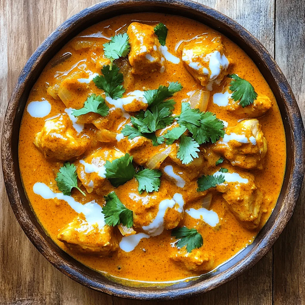 - 1 lb (450g) boneless chicken thighs, cut into bite-sized pieces - 1 cup plain yogurt - 2 tablespoons lemon juice - 2 teaspoons garam masala - 1 teaspoon ground cumin - 1 teaspoon ground coriander - 1 teaspoon paprika - ½ teaspoon turmeric powder - 1 tablespoon ginger-garlic paste - 3 tablespoons oil (vegetable or coconut) - 1 large onion, finely chopped - 1 can (14 oz) crushed tomatoes - 1 cup coconut milk - Salt to taste I love using chicken thighs for this dish. They stay juicy and tender. The yogurt adds creaminess and helps the spices stick to the chicken. Lemon juice brightens the flavors. Garam masala is key, giving a warm taste. Each spice plays a role, making the dish rich and flavorful. Onions and tomatoes are the base of the sauce. Onions add sweetness, while tomatoes give a nice acidity. Coconut milk makes the sauce creamy. It balances the spices well, creating a perfect blend. - Fresh cilantro - Lemon wedges - Additional spices Garnishes make your dish pop. Fresh cilantro adds color and freshness. Lemon wedges add a zesty kick. You can sprinkle more spices for extra flavor. These simple touches elevate the meal and make it look great. You can find the Full Recipe linked in this section for a detailed guide on making this delicious dish. Marinating the chicken First, you need to marinate the chicken. In a large bowl, mix plain yogurt, lemon juice, and spices. Add garam masala, ground cumin, ground coriander, paprika, turmeric powder, and ginger-garlic paste. This mix will add a lot of flavor. Cut the chicken thighs into bite-sized pieces and add them to the marinade. Ensure all pieces are coated well. Cover the bowl and refrigerate it for at least one hour. For even better taste, marinate overnight. Sautéing the onions While the chicken marinates, prepare the onions. Heat two tablespoons of oil in a large skillet over medium heat. Add the finely chopped onion and cook until it turns golden brown. This step takes about five to seven minutes. The onions will add sweetness to the dish. Cooking the chicken Next, remove the marinated chicken from the fridge. Add it to the skillet with the onions. Cook the chicken until it is brown on all sides. This should take about seven to ten minutes. Make sure to stir it often for even cooking. Adding tomatoes and coconut milk Once the chicken is browned, stir in a can of crushed tomatoes. This will give the dish its rich color and acidity. Bring the mixture to a simmer and cook for another five to ten minutes. After that, pour in a cup of coconut milk. This adds creaminess and balances the spices. Adjusting seasoning Now, taste the sauce and add salt as needed. If the sauce is too thick, you can add a splash of water or more coconut milk. This helps achieve your desired consistency. Simmering for optimal flavor Reduce the heat to low and let the mixture simmer for about 15 minutes. This allows all the flavors to meld together. The sauce will thicken and become deliciously aromatic. Before serving, drizzle with the remaining tablespoon of oil and garnish with fresh cilantro for a burst of color. For the full recipe, check out the Easy Chicken Tikka Masala. For the best flavor, marinate the chicken for at least one hour. If you can wait longer, try marinating overnight. This allows the spices to soak in fully. To enhance the flavors, add a bit of salt and a dash of chili powder to the marinade. This extra kick can make your dish really shine. Choose a large, heavy skillet for cooking. A cast-iron or non-stick skillet works best. This helps the chicken cook evenly and keeps it juicy. To avoid overcooking the chicken, watch for a nice golden color. Cook it just until browned, then add the sauce. The chicken will finish cooking in the sauce. Plating your dish can create a feast for the eyes. Use a shallow bowl for a nice look. Spoon the tikka masala into the center. Garnish with fresh cilantro for a pop of color. Serve with fluffy rice or warm naan bread. This makes the meal even more inviting. {{image_2}} You can make a tasty vegetarian version of chicken tikka masala. Simply replace chicken with paneer or tofu. Paneer gives a nice, creamy texture. Tofu absorbs spices well, making it flavorful. Cut either into small cubes. Use the same marinade for them. Let them soak up the spices. This way, you keep all the great tastes while making it meat-free. If you love heat, add more chili peppers or cayenne. Start with one extra pepper, or a teaspoon of cayenne. Mix it in with your spices. You can also adjust heat levels based on your taste. This spicy twist brings a new kick to the dish. It makes each bite exciting and bold. For a coconut-free option, use heavy cream instead of coconut milk. This change makes the sauce rich and creamy. It also shifts the flavor a bit. The dish will still taste amazing but without the coconut hint. Pour the cream in towards the end, stirring well. This way, you get a thick and luscious sauce. For the full recipe, check out Easy Chicken Tikka Masala. To keep your Easy Chicken Tikka Masala fresh, follow these steps: - Refrigerate: Place leftovers in airtight containers. They can last for up to 3 days in the fridge. - Freeze: If you want to store it longer, freeze it. Use freezer-safe containers. It can last for about 2 months. Make sure to cool the dish before putting it in the fridge or freezer. This helps avoid condensation, which can create ice crystals. When it's time to enjoy your leftovers, reheating properly is key: - Microwave: Use a microwave-safe dish. Heat for 1-2 minutes, stirring halfway. Check if it's heated all the way through. - Stovetop: For best flavor, reheat in a skillet over medium heat. Stir occasionally for about 5-7 minutes. Add a splash of water or coconut milk if it seems dry. These methods help keep the flavors rich and delicious. Enjoy your meal again! Chicken Tikka Masala is a rich and creamy dish. It comes from India and has British roots. The chicken gets marinated in yogurt and spices, then cooked in a tomato-based sauce. It’s famous for its warm, spicy flavors and bright color. Yes, you can use chicken breast. However, chicken thighs are juicier and more tender. Breasts can dry out if overcooked. Thighs add a deeper flavor, making the dish richer. You can use dairy-free yogurt or cashew cream instead of regular yogurt. For coconut milk, you can use almond milk or soy milk. These options keep the dish creamy without dairy. Garam masala is available in most grocery stores. Check the spice aisle. You can also find it at Indian markets. If you can’t find it, you can make your own blend using common spices like cumin and coriander. You can marinate the chicken the night before. Store it in the fridge until you're ready to cook. After cooking, let it cool and put it in containers. Reheat it on the stove or in the microwave. For the complete details, check out the Easy Chicken Tikka Masala recipe [here](#). In this blog post, we explored how to make easy Chicken Tikka Masala. We covered main ingredients like chicken, yogurt, and spices. You learned step-by-step instructions for marinating and cooking. I shared tips for the best flavor and how to present your dish. We also discussed tasty variations and storage tips. Chicken Tikka Masala is simple and fun to make. With practice, your meals will impress everyone. Enjoy cooking and sharing this flavorful dish!