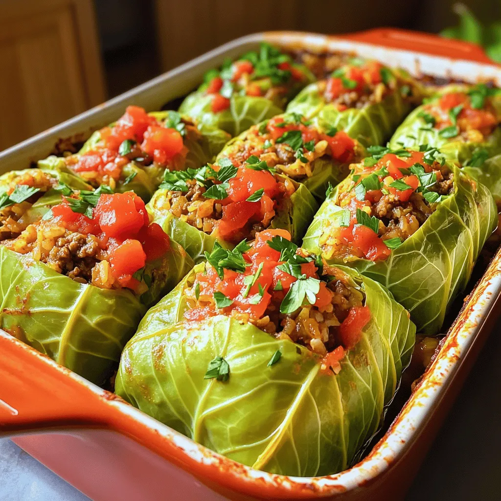To make classic stuffed cabbage rolls, you need some key ingredients. Here’s what you will need: - 12 large cabbage leaves - 1 cup cooked rice - 1 lb ground beef (or ground turkey) - 1 small onion, finely chopped - 2 cloves garlic, minced - 1 can (14 oz) diced tomatoes (with juice) - 2 tablespoons tomato paste - 1 teaspoon paprika - 1 teaspoon dried oregano - Salt and pepper to taste - Fresh parsley, chopped for garnish These ingredients combine to create a hearty and tasty dish. You can add some optional ingredients to change the flavor or texture. Here are some ideas: - Shredded carrots for sweetness - Bell peppers for extra crunch - Chopped mushrooms for umami flavor - A splash of Worcestershire sauce for depth Feel free to get creative with your ingredients! If you need substitutions, there are many options. For gluten-free diets, use rice instead of breadcrumbs. You can swap ground beef with ground turkey or plant-based meat for a lighter meal. For those who avoid meat, try using lentils or chickpeas as a filling. This keeps the dish tasty while being meat-free. Always check for allergens, especially with canned goods. With these ingredients and tips, you can create a dish that fits your needs and tastes. For the full recipe, check out the details above. To prepare the cabbage leaves, start by boiling water in a large pot. Add a bit of salt to the water for flavor. Carefully peel off 12 large leaves from the head of cabbage. Place each leaf in the boiling water for about 2-3 minutes. This softens them, making them easier to roll. Once they are soft, remove them and set them on a clean towel to drain and cool. Next, let's make the filling. In a skillet, add a splash of oil and heat over medium. Sauté one small chopped onion and two minced garlic cloves until they turn clear, about 5 minutes. In a large bowl, combine 1 cup of cooked rice, 1 pound of ground beef or turkey, and the sautéed onion and garlic. Add one can of diced tomatoes (with juice), two tablespoons of tomato paste, one teaspoon of paprika, and one teaspoon of dried oregano. Don't forget to season with salt and pepper. Mix everything together until it is well blended. Now, it’s time to assemble the rolls. Take one cabbage leaf and lay it flat. Place about 2 tablespoons of the meat mixture at the base of the leaf. Fold the sides in and roll it up tightly from the base toward the tip. Repeat this for all the leaves and filling. It’s fun to see them all come together! Preheat your oven to 375°F (190°C). In a large, oven-safe dish, spread a thin layer of tomato sauce or some of the canned diced tomatoes at the bottom. Arrange the stuffed cabbage rolls seam side down in the dish, packing them closely. Pour any remaining tomato sauce or diced tomatoes over them. You can sprinkle more salt, pepper, and oregano if you want. Cover the dish with aluminum foil and bake for 45-55 minutes. Check that the meat is cooked and the cabbage is tender. After cooking, let the rolls cool for a few minutes. Garnish with fresh parsley before serving. Enjoy your meal! For the full recipe, check the previous section! To make perfect stuffed cabbage rolls, follow these tips: - Choose the Right Cabbage: Use large heads of green cabbage. They have sturdy leaves. - Blanch the Leaves: Boil the leaves briefly. This softens them and makes rolling easier. - Don’t Overfill: Use about 2 tablespoons of filling per leaf. This helps them roll tightly. - Seal the Rolls: Tuck in the sides of the leaf as you roll. This keeps the filling inside. - Layer the Sauce: Spread sauce on the bottom of the dish. This adds flavor and keeps them moist. Here are some common mistakes to watch out for: - Skipping the Blanching Step: This can lead to tough leaves that crack easily. - Using Cold Filling: Always use warm filling. It helps the rolls cook evenly. - Not Packing the Rolls Tightly: Loose rolls may fall apart while baking. - Overcooking the Cabbage: This can make the leaves mushy and unappealing. If you have leftover cabbage rolls, here are some fun ideas: - Cabbage Roll Soup: Chop the rolls and simmer them in broth for a hearty soup. - Cabbage Roll Casserole: Layer the rolls with extra sauce and cheese for a baked dish. - Stuffed Peppers: Use the filling to stuff bell peppers. Bake as you would the cabbage rolls. - Tacos: Shred the rolls and use in soft tortillas for a unique taco twist. For more guidance on making these rolls, check the Full Recipe. {{image_2}} You can easily make stuffed cabbage rolls vegetarian or vegan. Instead of meat, use a mix of beans, lentils, or quinoa. These ingredients provide protein and texture. For flavor, add chopped vegetables like bell peppers, carrots, or mushrooms. Use vegetable broth instead of meat-based broth. You can also replace the rice with farro or bulgur for a nutty taste. This way, you keep the spirit of the dish while making it plant-based. If you want to switch up the meat, try ground turkey, chicken, or pork. Each option gives a unique taste. You can also blend meats for extra flavor. For a richer roll, add sausage or chorizo. Remember to adjust the seasonings, as some meats are more flavorful than others. You can even use seafood, like shrimp, for a fun twist. Just ensure the filling is cooked properly before rolling it in the cabbage. Different cultures have their own take on stuffed cabbage rolls. In Eastern Europe, you may find rice mixed with smoked meats, giving a strong flavor. In the Middle East, spices like cinnamon and allspice often appear in the filling. You might also find variations that include raisins or nuts for added texture. In some regions, the rolls are served with a yogurt sauce, giving a fresh taste. Each variation reflects the local ingredients and traditions, making every recipe unique and special. Explore these global flavors to find your favorite twist on this classic dish. For the original recipe, check the Full Recipe. To keep your cabbage rolls fresh, let them cool first. Once cool, place them in an airtight container. You can store them in the fridge for up to four days. If you plan to eat them later, this method works well. Make sure to label the container with the date you made them. This way, you won't forget they are there. If you want to keep your cabbage rolls longer, freezing is a great option. Wrap each roll tightly in plastic wrap. Then, place them in a freezer bag. Remove as much air as possible from the bag. You can freeze them for up to three months. When you're ready to eat them, simply thaw in the fridge overnight. To reheat your cabbage rolls, you have a few choices. You can use the oven, microwave, or stovetop. For the oven, preheat it to 350°F (175°C). Place the rolls in a baking dish with some sauce on top to keep them moist. Cover with foil and heat for about 20 minutes. If using a microwave, place a roll on a plate and cover with a damp paper towel. Heat for one to two minutes, checking often. This keeps the flavor intact and ensures they are warm throughout. Yes, you can make the filling ahead of time. Just store it in the fridge for up to two days. This makes it easy to assemble your cabbage rolls later. Having the filling ready helps save time on busy days. Stuffed cabbage rolls pair well with many sides. Here are some great options: - Mashed potatoes - Crusty bread - A fresh garden salad - Steamed vegetables These sides enhance the meal and make it more filling. To check if the rolls are done, look for tender cabbage and cooked meat. You can cut one roll in half to see if the meat is no longer pink. The dish should be bubbly and hot throughout. Yes, you can cook cabbage rolls in a slow cooker. Just layer the rolls in the pot and add sauce. Cook on low for 6-8 hours or on high for 3-4 hours. This method makes the cabbage very tender and the flavors meld nicely. Savoy cabbage is best for stuffed cabbage rolls. Its leaves are soft and easy to roll. Regular green cabbage works too but may be a bit tougher. Look for large, firm heads for the best results. For the complete recipe, check out the Full Recipe. Stuffed cabbage rolls are a tasty dish full of flavor. We covered key ingredients, careful steps, and helpful tips. Feel free to make changes based on your taste. Remember to store leftovers well for later meals. With practice, you’ll avoid common mistakes and make perfect rolls every time. Enjoy creating and sharing this dish; your kitchen will smell amazing!