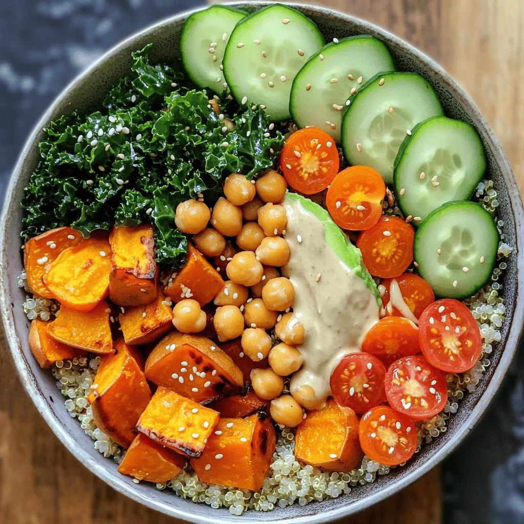 - 1 cup quinoa, rinsed - 2 cups vegetable broth (or water) - 1 cup chickpeas, cooked (or canned, drained and rinsed) - 1 medium sweet potato, diced - 1 cup kale, chopped - 1 small cucumber, thinly sliced - 1 medium carrot, grated - ¼ cup cherry tomatoes, halved - ¼ avocado, sliced - 2 tablespoons sesame seeds The main ingredients create a balanced meal. Quinoa serves as a great base. It is rich in protein and fiber. Sweet potatoes add natural sweetness and nutrients. Kale brings in vitamins and minerals. Chickpeas give extra texture and protein. You can mix these ingredients in any order. - 3 tablespoons tahini - 2 tablespoons lemon juice - 1 tablespoon maple syrup - 1 garlic clove, minced - Water to thin (as needed) - Salt to taste The tahini dressing is creamy and tangy. Tahini is made from sesame seeds and adds depth. Lemon juice brightens the flavors, while maple syrup adds sweetness. Garlic gives it a nice kick. Adjust the water until you reach your desired thickness. This dressing ties all the flavors together. To see the full recipe, check out the details above. To start, rinse your quinoa well under cold water. This step removes any bitter taste. After rinsing, add 1 cup of quinoa and 2 cups of vegetable broth to a medium saucepan. Bring the mixture to a boil, then reduce the heat to low. Cover the pan and let it simmer for about 15 minutes. Once the liquid absorbs, fluff the quinoa with a fork. This gives it a light texture. Next, preheat your oven to 400°F (200°C). While it heats, take 1 medium sweet potato and dice it into small cubes. Toss the cubes in a bowl with olive oil, salt, and pepper. Spread them out on a baking sheet. Roast for 20-25 minutes, checking them often. You want them tender and slightly caramelized for the best flavor. Now, let’s sauté the kale. In a medium skillet, heat a splash of water or olive oil over medium heat. Add 1 cup of chopped kale to the skillet. Sauté for about 3-5 minutes until it wilts down. For flavor, season it with a pinch of salt. This will make your kale tasty and vibrant. This step-by-step process ensures that your Vegan Buddha Bowl with Tahini Dressing is packed with flavor and texture. Follow these simple instructions, and you’ll create a satisfying meal. For more details, check the Full Recipe! To make your Buddha bowl look great, layer your ingredients with care. Start with the quinoa at the bottom. Add the roasted sweet potato next, then the sautéed kale. Place the chickpeas, cucumber, and grated carrot in separate sections. Finally, top with cherry tomatoes and avocado slices. This method shows off the colors and textures. Don’t forget to sprinkle sesame seeds on top for a nice touch. They add crunch and flavor. If you're short on time, you can make some easy changes. Use pre-cooked quinoa or microwaveable packs to save time. For the sweet potato, you can steam it instead of roasting. This method cooks it faster but still keeps it tasty. You can also buy pre-chopped veggies to make prep quicker. These swaps help you enjoy your meal without the wait. To add more flavor, consider using spices like cumin or paprika. You can sprinkle these on the sweet potato before roasting. Fresh herbs like cilantro or parsley can also boost the taste. For more depth in your tahini dressing, try adding a splash of soy sauce or a pinch of red pepper flakes. These small changes can make a big difference in your bowl. For the full recipe, check the earlier section. {{image_2}} You can swap grains to change up your Buddha bowl. Instead of quinoa, try brown rice or farro. They each add a unique taste and texture. You can also use barley for a chewier bite. For vegetables, feel free to mix things up. Add roasted broccoli or bell peppers for more color. You might also like to include spinach or beets. Each of these choices adds new flavors and nutrients. If you want a creamy twist, try using almond butter or sunflower seed butter instead of tahini. Both add a rich flavor and creamy texture. You can also use a yogurt-based dressing for a tangy kick. For something zesty, make a lemon vinaigrette with olive oil and Dijon mustard. Each dressing brings its own unique taste to the bowl. To make your meal heartier, add some protein. Grilled tofu, tempeh, or edamame work well. You can also serve the bowl with a side of warm pita or flatbread. This adds more texture and fills you up. If you meal prep, consider making a big batch of quinoa and roasted veggies. Store them in the fridge to use throughout the week. This way, you’ll have a quick and easy meal ready to go. For the full recipe, check out the detailed steps earlier. To keep your Vegan Buddha Bowl fresh, store leftovers in an airtight container. Place it in the fridge within two hours of making it. This helps keep the flavors intact. You can enjoy your Buddha bowl for up to three days. Just remember to separate the tahini dressing if you want it to stay fresh longer. You can freeze cooked quinoa and roasted vegetables. Just let them cool first. Use airtight containers or freezer bags to prevent freezer burn. When you’re ready to eat, thaw in the fridge overnight. Reheat quinoa in the microwave or on the stove, adding a splash of water for moisture. Roasted veggies can be warmed in the oven for best texture and flavor. For meal prep, glass containers work great. They are safe, durable, and help you see your food. Use smaller containers for on-the-go servings. Look for containers with compartments to keep your ingredients separate until you're ready to eat. This way, your Buddha bowl stays fresh and tasty! To make a vegan Buddha bowl, follow these quick steps: 1. Cook quinoa in vegetable broth. 2. Roast diced sweet potatoes in the oven. 3. Sauté chopped kale in a skillet. 4. Prepare the tahini dressing. 5. Layer quinoa, sweet potato, kale, chickpeas, cucumber, carrot, tomatoes, and avocado in a bowl. 6. Drizzle with tahini dressing and sprinkle sesame seeds on top. These steps create a balanced and colorful meal that is both tasty and nourishing. Yes, you can make the tahini dressing ahead of time. - Prepare it and store it in an airtight container. - Keep it in the fridge for up to one week. - If it thickens, add a little water to thin it out before use. Making the dressing in advance saves time and adds flavor to your bowls. This vegan Buddha bowl is packed with nutrients. - It contains about 450 calories per serving. - You get around 15 grams of protein. - The healthy fats from tahini and avocado add about 20 grams of fat. This bowl provides a good balance of macronutrients, making it a healthy choice. Yes, this recipe is gluten-free. - Quinoa and all the vegetables are naturally gluten-free. - Ensure any packaged ingredients, like chickpeas, are labeled gluten-free. You can enjoy this bowl without worrying about gluten. Making a Buddha bowl is simple and fun. You learned about key ingredients like quinoa and vegetables. We covered cooking tips for perfect quinoa and roasted sweet potatoes. Presentation is key for a great look. Don't forget the variations for flavor and nutrition. Finally, proper storage keeps your meal fresh. By using these tips and recipes, you can enjoy tasty, healthy bowls every time.