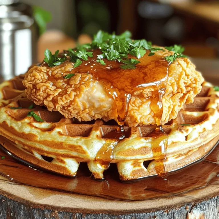- 2 boneless, skinless chicken breasts - 1 cup buttermilk - 1 teaspoon garlic powder - 1 teaspoon onion powder - 1 teaspoon paprika - 1 cup all-purpose flour - 1 teaspoon baking powder - Salt and pepper to taste - 1 tablespoon vegetable oil (for frying) - 4 frozen waffles (or homemade if preferred) - Maple syrup for serving - Fresh parsley, chopped (for garnish) This list has everything you need to make easy chicken and waffles. The chicken will soak in the buttermilk, making it juicy and tender. The spices add flavor, while the flour will create a crispy crust when fried. Don't forget the waffles! You can use frozen ones or make them from scratch. Maple syrup is a must for drizzling on top. Fresh parsley adds a nice touch for color. For the full recipe, check out the details above! First, grab a bowl. Combine 1 cup of buttermilk with 1 teaspoon of garlic powder, 1 teaspoon of onion powder, and 1 teaspoon of paprika. Add salt and pepper to taste. Mix it well. Now, add the two boneless, skinless chicken breasts into the bowl. Make sure they are coated fully. Cover the bowl and refrigerate it for at least 1 hour. If you have time, let it marinate overnight. This helps the chicken soak up all those great flavors. Next, let’s prepare the dredge. In a shallow dish, mix 1 cup of all-purpose flour with 1 teaspoon of baking powder. Add a pinch of salt and pepper to this mix. Stir it until everything blends nicely. This is what will help our chicken get that crispy coating. Now, it’s time to cook the chicken. Heat 1 tablespoon of vegetable oil in a large skillet over medium-high heat. Take the marinated chicken out of the buttermilk. Let the excess drip off. Dredge the chicken in the flour mix, pressing gently to make it stick. Place the chicken in the hot oil. Fry for about 6-7 minutes on each side. You want it golden brown and cooked all the way through. Once done, remove it and place it on a paper towel to drain excess oil. While your chicken cooks, prepare your waffles. Follow the package instructions if you are using frozen waffles. If you prefer homemade, now is the time to make them! Keep the waffles warm until you are ready to serve. Let’s put everything together. Start with a waffle on a plate. Place a piece of fried chicken right on top. Drizzle with maple syrup to add sweetness. You can even sprinkle fresh parsley on top for a pop of color and flavor. Enjoy this delightful dish! You can find the full recipe above. Marinating chicken helps it soak up flavor. I suggest a marination time of at least 1 hour. For the best taste, let it sit overnight. You can enhance flavor by adding spices like cayenne, thyme, or black pepper. These spices give the chicken a nice kick. Oil temperature is key for frying. Keep the oil at 350°F for crispy chicken. If the oil is too cool, the chicken can turn soggy. To avoid sogginess, do not overcrowd the pan. Fry one or two pieces at a time for the best results. You can use store-bought or homemade waffles. Store-bought waffles save time. If you choose homemade, you can control the flavor and texture. Try adding vanilla or cinnamon to the batter for a twist. You can also top your waffles with fresh fruit or nuts for added texture. {{image_2}} If you want a lighter option, try grilled chicken. Grilling keeps the chicken juicy and cuts down on fat. You can also swap regular waffles for whole wheat or gluten-free waffles. This adds fiber and makes it a better choice for everyone. You can easily change up the flavors in your chicken. Adding spices like cayenne or black pepper to the dredge gives the chicken a kick. For a sweet twist, try using different syrups like berry or honey syrup. You can also add toppings like sliced bananas or pecans for extra fun. Chicken and waffles shine at any meal. For breakfast, serve with fresh fruit or a side of eggs. At dinner, pair it with collard greens or a crisp salad. This dish is versatile and can fit any time of day. Check out the Full Recipe for more ideas! After enjoying your chicken and waffles, store leftovers properly. First, let the chicken cool to room temperature. Place chicken and waffles in airtight containers. This keeps them fresh longer. You can store them in the fridge for up to 3 days. For longer storage, freeze them. They stay good in the freezer for about 2 months. To keep the food safe, avoid letting it sit out for too long. To reheat chicken and waffles, you have two main options: the oven or the microwave. The oven is the best choice if you want crispiness. Preheat your oven to 375°F (190°C). Place the chicken and waffles on a baking sheet. Heat for 10-15 minutes, checking to avoid burning. If you're short on time, the microwave works too. Place your food on a microwave-safe plate. Heat in short bursts of 30 seconds. Flip the chicken halfway to heat evenly. However, this method may make the chicken less crispy. To keep your chicken crispy, avoid covering it when reheating. Enjoy your meal again with great flavor and texture! Yes, you can prepare chicken and waffles ahead of time. For the chicken, marinate it in buttermilk and spices. Store it in the fridge for up to 24 hours. Cook the chicken just before serving for the best taste. For waffles, you can make them in advance too. Keep them in an airtight container in the fridge. When ready, just reheat them in the toaster or oven. This way, you can enjoy a quick meal! Chicken and waffles pair well with many sides. Try fresh fruit like berries or sliced bananas. A simple green salad adds a nice crunch. You can also serve coleslaw for a creamy contrast. For drinks, sweet tea or coffee works great. These options enhance the meal and make it more filling! To make perfect waffles, use a good batter. Make sure your batter is not too thick or too runny. Let the batter rest for a few minutes before cooking. Preheat your waffle iron for even cooking. Don’t open the iron too early; wait until the steam stops. This keeps your waffles fluffy and golden every time! Yes, this recipe is great for meal prep! You can cook the chicken and waffles and store them separately. Keep the chicken in an airtight container in the fridge for up to four days. For freezing, wrap cooked chicken tightly in plastic wrap. Waffles can also be frozen for later use. Just reheat them in the toaster or oven when you’re ready to eat. This makes for easy and tasty meals all week! In this post, we explored making delicious chicken and waffles. We covered ingredients, marinating, frying, and toasting the waffles. I shared helpful tips and tasty variations for your meals. Remember, you can customize the flavors and choose healthier options too. Don't forget to store leftovers properly and reheat them for the best taste. Enjoy this comforting dish any time, and feel free to experiment for your perfect recipe!