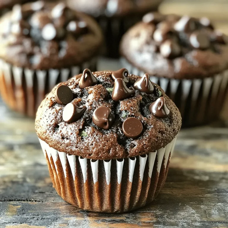 To make these Double Chocolate Zucchini Muffins, you will need the following ingredients: - 1 medium zucchini, grated - 1 cup all-purpose flour - 1/2 cup unsweetened cocoa powder - 1 teaspoon baking powder - 1/2 teaspoon baking soda - 1/4 teaspoon salt - 1/2 cup granulated sugar - 1/4 cup brown sugar, packed - 1/2 cup vegetable oil or melted coconut oil - 2 large eggs - 1 teaspoon vanilla extract - 1/2 cup semi-sweet chocolate chips - 1/4 cup dark chocolate chips These ingredients blend together to create a rich and moist muffin. The grated zucchini adds moisture without altering the flavor. You won’t even notice it’s there! The cocoa powder gives these muffins a deep chocolate taste. The mix of semi-sweet and dark chocolate chips makes each bite a chocolate lover's dream. In this recipe, you can choose between vegetable oil and coconut oil. Both work well, but coconut oil adds a hint of flavor. You can find the full recipe with detailed steps to make these delicious muffins. Gathering these ingredients will set you up for a delightful baking experience. Enjoy the process of mixing and baking, knowing you will soon savor these decadent treats! 1. Preheat the oven and prepare the muffin tin: Set your oven to 350°F (175°C). Grease a muffin tin or line it with muffin liners. This helps prevent sticking and makes cleanup easy. 2. Grate zucchini and remove excess moisture: Take one medium zucchini and grate it finely. Mix the grated zucchini with a pinch of salt. Let it sit for about 10 minutes. This step helps draw out moisture. After resting, use a clean towel to squeeze out any extra liquid. This makes the muffins less soggy. 1. Combine dry ingredients in one bowl: In a large mixing bowl, whisk together the following dry ingredients: - 1 cup all-purpose flour - 1/2 cup unsweetened cocoa powder - 1 teaspoon baking powder - 1/2 teaspoon baking soda - 1/4 teaspoon salt Make sure everything is evenly mixed so each muffin has the same taste. 2. Mix wet ingredients in another bowl: In a separate bowl, combine: - 1/2 cup granulated sugar - 1/4 cup brown sugar, packed - 1/2 cup vegetable oil (or melted coconut oil) - 2 large eggs - 1 teaspoon vanilla extract Whisk this mixture until it is smooth and creamy. This adds richness to your muffins. 1. Fold in zucchini and chocolate chips: Gently add the drained zucchini to the wet mixture. Then, fold in: - 1/2 cup semi-sweet chocolate chips - 1/4 cup dark chocolate chips Be careful not to overmix. It’s okay if the batter looks slightly lumpy. 2. Spoon batter into muffin tin: Use a spoon to fill each muffin cup about 2/3 full with batter. You can sprinkle extra dark chocolate chips on top if you want more chocolate flavor. 1. Bake muffins and check for doneness: Place the muffin tin in the preheated oven. Bake for 18-20 minutes. To check if they are done, insert a toothpick into the center. It should come out clean. 2. Cooling guidelines: After baking, let the muffins cool in the tin for about 5 minutes. Then, transfer them to a wire rack to cool completely. This helps keep them from getting soggy. For the full recipe, check out the detailed instructions. Enjoy your baking! - Ideal baking time and temperature: Bake these muffins at 350°F (175°C) for 18-20 minutes. Use a toothpick to check for doneness. If it comes out clean, the muffins are ready. - How to avoid overmixing the batter: Mix the wet and dry ingredients until just combined. It’s okay if the batter looks a bit lumpy. Overmixing can make your muffins tough, so be gentle. - Presentation tips for serving: Serve the muffins warm. To make them extra special, dust with powdered sugar or add a dollop of whipped cream on top. This adds a lovely touch for guests. - Pairing ideas: Enjoy these muffins with a glass of cold milk or a warm cup of coffee. The rich chocolate flavor pairs well with both beverages. - Common issues and how to fix them: If your muffins are too dry, check your oven temperature. An oven that runs hot can dry them out. If they sink in the middle, you might have overmixed the batter or need more baking powder. - Alternatives for missing ingredients: If you don’t have zucchini, you can use grated carrot or applesauce. Both will keep the muffins moist and tasty. Also, feel free to swap out sugar for honey or maple syrup. Just reduce the liquid in the recipe slightly. For the complete recipe, check the Full Recipe section. {{image_2}} You can easily swap some ingredients in your double chocolate zucchini muffins for a healthier twist. Here are a few ideas: - Whole Wheat Flour: Use whole wheat flour instead of all-purpose flour. This gives the muffins more fiber and nutrients. - Egg Replacements: If you want a vegan option, try using flaxseed meal or applesauce instead of eggs. Mix one tablespoon of flaxseed meal with three tablespoons of water to replace one egg. To make your muffins even tastier, consider adding some spices or extras: - Cinnamon or Nutmeg: A dash of cinnamon or nutmeg can bring warmth and depth to the flavor. Just a teaspoon can make a big difference! - Nuts or Seeds: Adding walnuts, pecans, or pumpkin seeds can add crunch and extra nutrition. Fold in about half a cup for a delightful texture. Get creative with how you serve your muffins: - Dried Fruits: Mix in some dried fruits like cranberries or raisins for added sweetness and chewiness. About a half-cup works well. - Sweet Toppings: You can top your warm muffins with a sprinkle of powdered sugar or a dollop of whipped cream for extra indulgence. For the full recipe, check out the detailed instructions to create these delightful treats! To store your double chocolate zucchini muffins at room temperature, keep them in an airtight container. This helps to keep them moist and fresh. You can also use a zip-top bag. Place a paper towel inside to absorb any extra moisture. Store them away from direct sunlight. They will stay fresh for about three days. For long-term storage, freezing is a great option. First, let the muffins cool completely. Then, wrap each muffin tightly in plastic wrap. Place the wrapped muffins in a freezer-safe bag or container. This keeps them safe from freezer burn. You can freeze them for up to three months. When you're ready to enjoy a muffin, take it out of the freezer. Let it sit at room temperature for about 30 minutes to thaw. For a warm treat, reheat it in the microwave for about 15-20 seconds. You can also use the oven at 350°F for about 10 minutes. Double chocolate zucchini muffins can last up to three days at room temperature. In the fridge, they can last about a week. Look for signs of spoilage, such as mold or an off smell. If they look dry or hard, that’s another sign they are past their prime. Enjoy them while they are fresh for the best taste! How to make double chocolate zucchini muffins moist? To keep the muffins moist, use fresh zucchini. Grate it and remove some moisture, but not all. The zucchini adds water and flavor. Also, using oil instead of butter can help keep them tender. The right baking time is key too; don’t overbake! Can I make this recipe gluten-free? Yes, you can! Substitute the all-purpose flour with a gluten-free blend. Make sure the blend has a good rise. You could also use almond flour or oat flour, but adjust the liquid as needed. Test the batter for the best texture. How do I know when the muffins are fully baked? Insert a toothpick into the center of a muffin. If it comes out clean or with a few moist crumbs, they are done. The tops should bounce back when lightly pressed. Keep an eye on them during the last few minutes of baking. What can I substitute for zucchini if I don’t have it? If you're out of zucchini, you can use grated carrots or applesauce. Both add moisture and flavor. Grated carrots will give a slight sweetness, while applesauce will keep them very moist. Remember to adjust sugar if needed. For the full recipe, check out the complete instructions! These double chocolate zucchini muffins are easy to make and taste great. We went through the ingredients, step-by-step instructions, and some helpful tips. I shared ways to store and enjoy these muffins. You can even adapt the recipe to fit your needs. Baking can be fun and rewarding! So grab your ingredients and start mixing. Enjoy your delicious muffins and impress your friends and family.