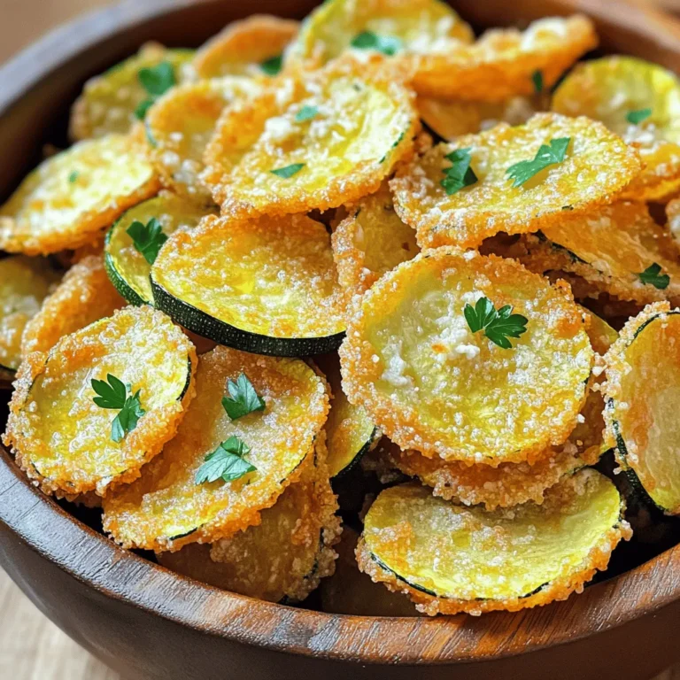 - 2 medium zucchinis, sliced into thin rounds - 1 cup breadcrumbs (panko or regular) - 1/2 cup grated Parmesan cheese - 1 teaspoon garlic powder - 1 teaspoon onion powder - 1/2 teaspoon paprika - Salt and pepper to taste - 2 large eggs, beaten - Olive oil spray or cooking oil To make crispy zucchini chips, you start with fresh zucchinis. Choose medium-sized ones for the best texture. They should feel firm and not have soft spots. Next, you need breadcrumbs. I like using panko for extra crunch. Grated Parmesan cheese adds a nice flavor and helps with browning. For seasoning, I use garlic powder, onion powder, and paprika. These spices give the chips a warm taste. Don’t forget to add salt and pepper. They help bring out the flavors. You’ll also need two large eggs. Beaten eggs help the breadcrumbs stick to the zucchini slices. Finally, have some olive oil spray or cooking oil on hand. This oil helps the chips crisp up nicely in the oven. Together, these ingredients create a simple and tasty snack. Check out the Full Recipe for step-by-step instructions. - Preheat your oven to 225°F (110°C). - Line a baking sheet with parchment paper. First, set the oven temperature. This low heat helps the zucchini dry out. Next, grab your baking sheet and cover it with parchment paper. This keeps the chips from sticking and makes cleanup easy. - Mix together breadcrumbs, Parmesan, and spices. In a shallow bowl, combine breadcrumbs, grated Parmesan, garlic powder, onion powder, paprika, salt, and pepper. This blend adds flavor and crunch. Use your hands or a fork to mix well. You want an even coating for the zucchini. - Dip zucchini in beaten eggs and then dredge in breadcrumb mixture. - Place coated slices on the baking sheet. Take each zucchini slice and dip it into the beaten eggs. Let any extra egg drip off. Next, dredge the slice in the breadcrumb mix. Press gently to make sure it sticks well. Place each coated slice on the baking sheet in a single layer. This step is key for even cooking. - Spray or drizzle with oil and bake until crispy. Now, lightly spray or drizzle the tops of the zucchini with olive oil. This helps them turn golden brown and crisp. Bake the zucchini in the preheated oven for 1 to 1.5 hours. Flip them halfway through for even cooking. When they are crispy and golden, take them out. Let them cool for a few minutes to get even crunchier. For the full recipe, check back to see how easy it can be to make crispy zucchini chips! To make your zucchini chips truly crispy, I recommend using panko breadcrumbs. They add a great crunch that regular breadcrumbs don’t quite match. Also, slicing the zucchini thinly is key. Aim for about 1/8 inch thick. Thinner slices bake more evenly and become crispier. If you want to prep in advance, you can store your zucchini slices in the fridge. Keep them in a sealed container with a paper towel. This absorbs extra moisture. For baked chips, let them cool completely before storing. Use an airtight container to keep them fresh. When serving your crispy zucchini chips, consider a rustic bowl or a wooden platter. This adds a nice touch. You can garnish with fresh parsley for color. Pair them with a homemade dip like tzatziki or marinara for extra flavor. These ideas make for an inviting presentation that will impress your guests. {{image_2}} You can change up the flavor of your crispy zucchini chips easily. Try adding different spices to the breadcrumb mix. For a spicy kick, use cayenne pepper or chili powder. If you love herbs, add dried oregano or basil. You can even mix in some Italian seasoning for a classic taste. Experimenting with flavors makes the recipe exciting every time! If you want to switch things up, consider using almond flour or gluten-free breadcrumbs. Almond flour gives your chips a nutty flavor and works well for those avoiding gluten. Gluten-free breadcrumbs give a great crunch without any wheat. Both options taste fantastic and keep your chips crispy. For those who follow a vegan diet, you can make simple swaps. Instead of eggs, use a flaxseed meal mixed with water as a binder. For the cheese, try using nutritional yeast or a vegan cheese substitute. These changes keep the chips tasty while fitting your dietary needs. Enjoy your crispy zucchini chips guilt-free! To keep your leftover zucchini chips fresh, follow these steps: - Cool Completely: Let the chips cool down at room temperature. This helps them stay crisp. - Use Airtight Containers: Place the chips in a clean, dry, airtight container. This keeps moisture out. - Layer with Paper Towels: Place paper towels between layers of chips. This absorbs any excess moisture. For best results, eat your zucchini chips within a few days. However, if stored properly, they can last up to a week. To bring back that crunch when reheating, do this: - Oven Method: Preheat your oven to 350°F (175°C). Spread the chips on a baking sheet. Bake for about 5-10 minutes. Keep an eye on them to avoid burning. - Air Fryer Method: If you have an air fryer, set it to 350°F (175°C). Heat the chips for about 3-5 minutes. This method works great for restoring crispiness. Using these methods will help your chips taste fresh again, just like when they first came out of the oven. For more details, check the Full Recipe. To make crispy zucchini chips, follow these steps: 1. Slice Zucchini: Cut 2 medium zucchinis into thin rounds. 2. Mix Coating: In a bowl, combine 1 cup breadcrumbs, 1/2 cup grated Parmesan, garlic powder, onion powder, paprika, salt, and pepper. 3. Prepare Eggs: Beat 2 large eggs in a separate bowl. 4. Coat Zucchini: Dip zucchini slices in eggs, then coat with the breadcrumb mix. 5. Bake: Place on a baking sheet and lightly spray with olive oil. Bake at 225°F for 1 to 1.5 hours until crispy. This easy method gives you a crunchy snack. For the full recipe, check out the complete guide. Yes, you can fry zucchini chips for a different texture. Frying gives a crispier finish. Here’s how: - Heat Oil: Use a deep fryer or a pan with enough oil. - Fry in Batches: Carefully place coated zucchini slices in hot oil. Do not overcrowd the pan. - Cook Until Golden: Fry until golden brown, usually 2-3 minutes per side. Frying can yield a richer flavor, but baking is healthier and easier. Zucchini chips pair well with many dips. Here are some tasty options: - Tzatziki Sauce: A cooling cucumber yogurt dip. - Marinara Sauce: A classic tomato-based sauce. - Ranch Dressing: Creamy and tangy for a nice contrast. - Hummus: Adds a nutty flavor and is great for dipping. Choose your favorite or mix and match! To keep zucchini chips crisp, follow these tips: - Slice Thinly: Thin rounds help them cook evenly. - Use Salt: Sprinkle salt on slices before coating. Let them sit for 15 minutes to draw out moisture. - Pat Dry: After salting, dry the slices with paper towels. - Bake Low and Slow: Baking at a low temperature helps moisture escape. These steps keep your chips crunchy and delicious! This blog post covered how to make tasty zucchini chips from fresh zucchinis. You learned about the needed ingredients and step-by-step instructions to bake them until crispy. I shared tips for achieving the best texture and ways to store your chips. Zucchini chips can be a healthy snack or side dish. With simple swaps, you can make them fit any diet. Enjoy experimenting with flavors and sharing your crispy creations. Happy cooking!