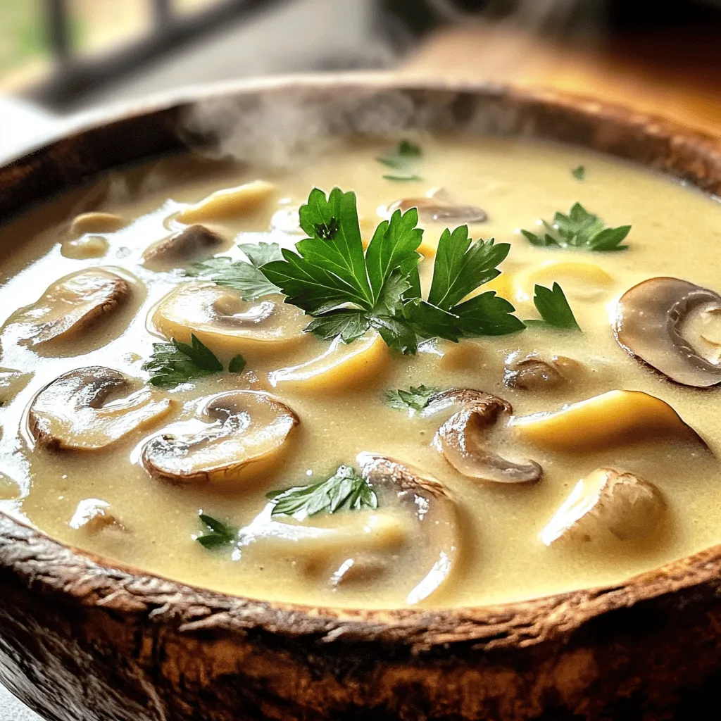 To make creamy mushroom soup, gather these ingredients: - 500g fresh mushrooms, sliced (button and cremini are great) - 1 medium onion, diced - 2 cloves garlic, minced - 3 tablespoons olive oil - 4 cups vegetable broth - 1 cup heavy cream (coconut cream works for a dairy-free option) - 1 teaspoon dried thyme - 1 teaspoon salt - ½ teaspoon black pepper - Fresh parsley for garnish Using fresh mushrooms gives your soup a rich flavor. They hold moisture and add texture. I recommend a mix of button and cremini mushrooms. This blend creates depth in taste. Dried mushrooms can work too, but they need soaking. If you choose dried mushrooms, use about 1 ounce. Soak them in warm water for at least 20 minutes. Then, chop them and add them to your soup. You can easily adjust this recipe. For a vegan soup, swap heavy cream with coconut cream or cashew cream. If you want a lower-sodium option, use low-sodium vegetable broth. You can also add spices like smoked paprika to enhance the flavor without salt. If you have a mushroom allergy, try using cooked cauliflower or white beans as a base for creaminess. This way, everyone can enjoy a warm bowl of soup. For more details, check the Full Recipe. To make creamy mushroom soup, start by gathering your ingredients. You will need fresh mushrooms, onions, garlic, olive oil, vegetable broth, heavy cream, thyme, salt, and pepper. 1. Heat 3 tablespoons of olive oil in a large pot over medium heat. 2. Add 1 medium diced onion. Cook it for about 5 minutes until it is soft and clear. 3. Next, stir in 2 cloves of minced garlic. Cook for 1 more minute until it smells good. 4. Now, add 500g of sliced mushrooms to the pot. Cook them for 8 to 10 minutes. They should turn brown and let out their juices. 5. Sprinkle in 1 teaspoon of dried thyme, 1 teaspoon of salt, and ½ teaspoon of black pepper. Mix everything well. 6. Pour in 4 cups of vegetable broth. Bring the soup to a simmer. Let it cook for 15 minutes to let all the flavors mix. 7. After simmering, use an immersion blender to puree the soup until it is smooth. If you don’t have one, carefully blend it in small batches in a regular blender. 8. Return the soup to the pot and stir in 1 cup of heavy cream or coconut cream. Heat it gently on low but do not boil. 9. Taste the soup and add more seasoning if needed. 10. Serve it hot, topped with fresh parsley. Using the right techniques makes a big difference in your soup. Sautéing the onions and garlic first builds a strong flavor base. It helps to bring out their natural sweetness. Cooking the mushrooms until they are browned adds a rich, deep taste. Simmering the soup allows all the ingredients to mingle. This step is important for a well-rounded flavor. Pureeing the soup creates a velvety texture. The immersion blender is easy to use and keeps the soup in one pot, avoiding extra cleanup. To achieve the best creaminess, blend the soup well. If using a regular blender, fill it halfway and leave space for steam. Blend in small batches to avoid spills. If you want a thicker soup, blend more of it. If you like some chunkiness, leave some mushrooms unblended. Stir in the cream slowly. This keeps it rich without curdling. For the full recipe, check out the instructions above. Enjoy your cooking! To take your creamy mushroom soup to the next level, consider these tips: - Use fresh herbs: Fresh thyme or rosemary can add a bright touch. - Add umami: A splash of soy sauce or a sprinkle of nutritional yeast deepens the taste. - Finish with acidity: A squeeze of lemon juice can brighten the flavors. These small changes can transform your soup from good to great! Avoid these errors to ensure a perfect soup: - Don’t rush the sauté: Allow mushrooms to brown properly for richer flavor. - Skip the blending: Blending creates that creamy texture. Don’t skip this step! - Over-seasoning: Start with less salt and pepper; you can adjust later. Being mindful of these points will make your cooking process smoother. Serve your creamy mushroom soup in a few delightful ways: - With crusty bread: This pairs perfectly and adds a nice crunch. - Add a drizzle: A little truffle oil or cream on top looks fancy. - Include toppings: Try crispy fried mushrooms or toasted nuts for texture. These ideas can elevate your dining experience. For more details, check the Full Recipe! {{image_2}} You can make creamy mushroom soup vegan easily. Instead of heavy cream, use coconut cream. This option keeps the soup rich. For a lighter touch, use cashew cream or blended silken tofu. Both options add creaminess without dairy. Always check the labels on broth to ensure it’s vegan-friendly. To make your soup festive, consider adding roasted garlic for depth. Truffle oil can also elevate the flavor. For a hearty twist, stir in cooked wild rice or barley. You can also add sautéed leeks for a sweet touch. These add-ins give your soup a unique flair and make it special. You can customize flavors in creamy mushroom soup to suit your taste. Fresh herbs like thyme or rosemary bring freshness. For a kick, add a pinch of cayenne or crushed red pepper. If you prefer a smoky flavor, try adding smoked paprika. These simple changes can transform the soup into something new and exciting. For more detailed instructions on making this soup, check the Full Recipe. After making creamy mushroom soup, let it cool first. Then, place it in an airtight container. You can keep it in the fridge for up to three days. To enjoy it longer, refrigerate in smaller portions. This way, it’s easy to heat up later. You can freeze creamy mushroom soup for up to three months. First, let the soup cool completely. Pour it into freezer-safe containers. Leave some space at the top as the soup will expand when frozen. Label the containers with the date. When ready to eat, thaw it in the fridge overnight. Reheat the soup gently on the stove over low heat. Stir it often to avoid sticking. If the soup seems too thick after thawing or reheating, add a splash of broth or water. This helps restore the creamy texture. Enjoy your soup warm and flavorful! You can find the full recipe for more details. You can serve creamy mushroom soup with many sides. A fresh salad pairs well. Crunchy bread or warm rolls add a nice touch. Grilled cheese sandwiches make it even better. You can also try a light pasta dish. Each option complements the rich flavors of the soup. Creamy mushroom soup lasts about 3 to 5 days in the fridge. Make sure to store it in an airtight container. This keeps it fresh and tasty. Before serving, check for any signs of spoilage. If it smells off or looks strange, throw it out. Yes, you can use frozen mushrooms. They work well in soup, but the texture may change. Fresh mushrooms have a firmer bite. If you use frozen ones, add them directly to the pot. There’s no need to thaw them first. This saves time and keeps the soup easy. Absolutely! This soup tastes better the next day. You can make it ahead of time and store it in the fridge. The flavors blend nicely overnight. Just reheat it gently before serving. Yes, creamy mushroom soup can be gluten-free. Just ensure your vegetable broth is gluten-free. The ingredients listed are naturally gluten-free. This makes it a great choice for those with gluten sensitivity. Definitely! You can add carrots, celery, or spinach for more nutrition. These veggies add flavor and color. Just sauté them with the onions for a few minutes. This will enhance the taste of your soup. If you like heat, add some red pepper flakes. You can also stir in a dash of hot sauce. Start with a small amount and taste as you go. This way, you can control the heat level. Yes, you can use chicken broth instead of vegetable broth. This adds a different flavor profile. Just be aware that it will not be vegetarian. You can also use homemade broth for a richer taste. If you don’t have heavy cream, you can use coconut cream. It gives a nice creamy texture and adds a hint of sweetness. You can also use milk or half-and-half, but it may not be as rich. Yes, you can use a potato masher instead of a blender. It will give a chunkier texture. If you prefer a smooth soup, it may take longer. Just mash until you reach your desired consistency. For the complete recipe, check out the Full Recipe section. This blog post covered essential ingredients, preparation steps, and cooking techniques for creamy mushroom soup. You learned about fresh versus dried ingredients, plus substitutions for dietary needs. I also shared tips to enhance flavors and avoid common mistakes. Variations offered ideas for vegan and festive options. Lastly, I provided storage guidelines and answers to frequently asked questions. Remember, cooking is about enjoying the process. Experiment with flavors and make this dish your own!