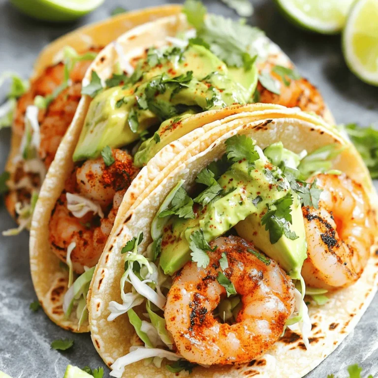 - 1 pound shrimp, peeled and deveined - 2 tablespoons olive oil - 1 teaspoon chili powder - 1 teaspoon garlic powder - 1 teaspoon cumin - ½ teaspoon smoked paprika - Salt and pepper to taste - 8 small corn or flour tortillas - 1 cup shredded cabbage - 1 avocado, sliced - ½ cup fresh cilantro, chopped - 1 lime, cut into wedges - ¼ cup creamy cilantro-lime sauce (store-bought or homemade) These ingredients create tasty shrimp tacos. You can find the full recipe for Zesty Quick Shrimp Tacos in the main article. Each ingredient plays a role in the flavor and texture of your meal. - Prep time: 10 minutes - Cook time: 10 minutes - Total time: 20 minutes - Servings: 4 This recipe is quick and perfect for busy weeknights. You can make a meal for four people in just 20 minutes. Enjoy the fun of cooking with simple steps and fresh flavors! First, take your shrimp and put them in a bowl. Add the olive oil, chili powder, garlic powder, cumin, smoked paprika, salt, and pepper. Toss the shrimp until they are coated well with the spices. This step adds flavor right from the start. Next, heat a non-stick skillet over medium-high heat. Make sure the skillet is hot before you add the shrimp. This helps to sear them nicely. Once the skillet is hot, add the seasoned shrimp. Cook the shrimp for about 2 to 3 minutes on one side. When they turn pink and opaque, flip them over. Cook for another 2 to 3 minutes on the other side. When they are done, take them off the heat. The shrimp should be tender and juicy, packed with flavor. While the shrimp cooks, it’s time to warm the tortillas. Take another skillet and heat it on medium. Place the tortillas in the skillet for about 30 seconds on each side. You want them soft and pliable. Warming the tortillas makes them easier to fold and eat. Now, it’s time to put it all together! Start by adding a handful of shredded cabbage to each tortilla. This adds crunch and freshness. Next, layer a few shrimp on top of the cabbage. Then, add slices of avocado and a sprinkle of fresh cilantro. Finally, drizzle with the creamy cilantro-lime sauce. Add lime wedges on the side for squeezing over the tacos. This dish is not only quick to make but also colorful and delicious. For the full recipe, check out the details above! To cook shrimp well, timing is key. Shrimp cooks fast. Aim for about 2-3 minutes per side in a hot skillet. Overcooked shrimp can become rubbery. Keep a close eye on them. Look for a bright pink color. The shrimp should also look opaque. If they still look gray, give them more time. Perfectly cooked shrimp is juicy and tender. To boost flavor, try adjusting the seasonings. Add a pinch of cayenne for heat. A splash of lime juice brightens the taste. Fresh herbs can also add depth. Consider changing up the toppings. Instead of cabbage, try slaw or diced tomatoes. You can also use radishes or pickled onions for a tangy crunch. Each option brings a new twist to your tacos. For more ideas, check out the Full Recipe. {{image_2}} You can switch up the protein in your tacos. Chicken works great and is easy to cook. Just cut it into small pieces and season like you do with shrimp. You can also try fish, like tilapia or cod. They cook fast and add a nice flavor. For a vegetarian option, use black beans or grilled veggies. Both choices are tasty and filling. If you need gluten-free options, corn tortillas are perfect. They add a nice crunch and flavor. You can also use lettuce leaves as a wrap for a fresh twist. This keeps your tacos light and fun. Try using thinly sliced sweet potatoes or jicama for a unique wrap. This gives you a new texture and taste. Sauces can change your taco game. You can make a creamy sauce with yogurt, lime, and cilantro if you want a fresh kick. For something spicier, add hot sauce or jalapeños. Store-bought sauces work too. Look for a good salsa or chipotle sauce to simplify your meal. You can even mix and match sauces for more flavor! For the full recipe, check out the [Full Recipe]. To keep your leftover tacos fresh, store them in an airtight container. This helps prevent them from drying out. Place the shrimp and toppings in separate containers. This way, the tortillas stay soft. You can keep them in the fridge for up to two days. Make sure to eat them quickly for the best taste. If you want to save some shrimp, you can freeze it. First, cook the shrimp as you would for the tacos. Once cooled, place it in a freezer-safe bag. Squeeze out any air before sealing. The shrimp will stay good for about three months in the freezer. When you’re ready to eat, thaw the shrimp in the fridge overnight. To reheat, you can use a skillet over medium heat. Heat until warm, about 3-4 minutes. This keeps the shrimp juicy and flavorful. Enjoy your tasty shrimp tacos again! For a complete recipe, check out the Full Recipe. Yes, you can use frozen shrimp. Just make sure to thaw them properly. First, place the shrimp in a bowl of cold water for about 10-15 minutes. Change the water once or twice. This helps them thaw quickly and safely. Avoid using hot water, as it can cook the shrimp unevenly. After thawing, pat them dry with paper towels. This step prevents the shrimp from steaming when cooked. If you don't have lime, you have options. Use lemon juice for a similar tart flavor. Orange juice can add a sweeter taste. Even grapefruit juice works well. Each citrus option brings its unique twist. Just keep the amount the same, so the flavor balance stays right. These tacos have a mild heat level, thanks to the chili powder. If you want more spice, add cayenne pepper or diced jalapeños. Start with a small amount and taste as you go. You can also try hot sauce for an extra kick. Adjusting the heat level is easy, and it can make your meal just right for your taste. This blog post covered a quick and tasty shrimp taco recipe. With just 20 minutes, you can have a meal that serves four. We looked at ingredients, cooking steps, storage tips, and even variations. In the end, these shrimp tacos offer a fun way to enjoy seafood. Try different proteins and toppings to keep it fresh. Enjoy your cooking experience, and make it your own!