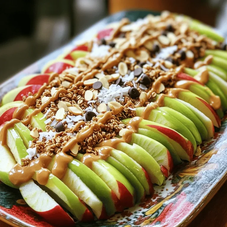 To make Peanut Butter Apple Nachos, gather these simple ingredients: - 2 large apples (varieties like Granny Smith or Honeycrisp) - 1/2 cup creamy peanut butter - 1/4 cup granola (your favorite blend) - 1/4 cup mini chocolate chips - 1/4 cup shredded coconut (unsweetened) - 2 tablespoons honey or maple syrup - A pinch of cinnamon (optional) - Sliced almonds or walnuts for topping (optional) These ingredients create a fun and tasty snack. The apples provide crunch, while peanut butter adds creaminess. You can choose any apples you like. I often use Granny Smith for their tartness or Honeycrisp for sweetness. The granola adds texture, and the mini chocolate chips bring a nice touch of sweetness. Feel free to swap ingredients based on what you have. You can use almond butter instead of peanut butter, or even skip the chocolate chips if you want. Experiment and make it your own! For the full recipe, check out the details shared above. - First, wash and slice apples into wedges or rounds. - Next, arrange apple slices on a large plate to create the base. - In a microwave-safe bowl, combine peanut butter and honey or maple syrup. - Microwave the mixture for 20-30 seconds until softened. - Stir the mixture to ensure a smooth texture before drizzling. - Drizzle the peanut butter mixture evenly over the apples. - Add granola, chocolate chips, and shredded coconut on top. - Garnish with nuts and a pinch of cinnamon if you like. These steps make a fun and tasty treat. You can find the full recipe above for more details. Enjoy your Peanut Butter Apple Nachos! - Serve on a colorful platter for visual appeal. - Use small bowls for extra toppings. When you present your peanut butter apple nachos, think colorful. A vibrant platter makes it fun to eat. It draws attention and entices everyone to dig in. Small bowls filled with toppings let people pick their favorites. This adds a personal touch to each plate. - Alternative nut butters like almond or cashew. - Options for gluten-free granola. If you want to switch things up, try other nut butters. Almond or cashew butter adds a nice twist. For those who need gluten-free options, look for gluten-free granola. This way, everyone can enjoy the dish without worry. - Experimenting with spices like nutmeg or cardamom. - Adding fruit like bananas or berries for variety. For a fun flavor boost, add spices like nutmeg or cardamom. Just a sprinkle can change the taste. Also, you can mix in other fruits. Slices of banana or berries add color and taste. They make the nachos even more exciting! For the full recipe, check out the complete instructions on how to make this dish. {{image_2}} You can switch up the nut butter for fun. Almond butter works great in this recipe. It has a milder taste that pairs well with apples. Sunflower seed butter is another option. It’s nut-free and tasty. For a creamier texture, try adding a layer of Greek yogurt. This gives your nachos a rich and smooth feel. If you want a healthier treat, go for dark chocolate chips. They have less sugar and add a nice flavor. You can also cut back on honey or syrup. This keeps your nachos sweet but lowers the sugar. You can even skip them if you want a lighter snack. Get creative with themed nachos! For fall, sprinkle cinnamon and pumpkin spice on the apples. This adds a warm flavor perfect for the season. If you want a tropical twist, add pineapple and shredded coconut. This gives a bright, fun taste that takes you to the beach. Experimenting with flavors makes every batch unique and exciting. To keep your Peanut Butter Apple Nachos fresh, refrigerate them in an airtight container. They stay good for up to 1 day. To prevent apples from browning, sprinkle them with lemon juice before storing. This helps keep their bright look and crisp taste. These nachos are best enjoyed fresh. If you do have leftovers, eat them cold for the best flavor. You can also drizzle a bit more peanut butter on top before eating. This makes them feel new again and adds more taste. Freezing nachos is not a great idea. The apples will lose their crunch and flavor. If you want to freeze, try freezing the peanut butter or other toppings instead. This way, you can prepare fresh nachos later with better taste and texture. Peanut Butter Apple Nachos are best enjoyed fresh. They last about one day in the fridge. To keep them fresh, store them in an airtight container. Apples can brown quickly, so add lemon juice to slices to slow this down. You can prepare some parts ahead of time. Slice the apples and store them in water with lemon juice. This keeps them from browning. Mix the peanut butter and honey in advance too. Just warm it up before drizzling on the apples when you're ready to serve. If you need a nut-free option, try sunflower seed butter. It tastes great and is safe for kids with nut allergies. You can also use almond butter or cashew butter if you prefer. Different spreads can change the flavor while keeping it yummy. Yes, this recipe is perfect for kids! It’s fun and easy to make. Kids love to help create their own nachos. You can also add other toppings like sliced bananas or berries for extra fun. These Peanut Butter Apple Nachos are easy, fun, and tasty. We covered the ingredients, steps, and great tips. You can customize them with different toppings and flavors. Remember, you can store leftovers in the fridge for one day. If you want a quick snack or dessert, this recipe works well. Enjoy your nachos, and have fun making them your way!