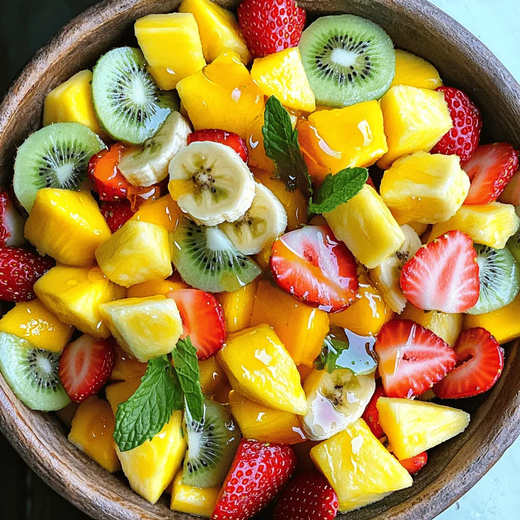 - 1 ripe pineapple, diced - 2 ripe mangos, diced - 1 papaya, peeled and diced - 1 cup strawberries, hulled and halved - 1 kiwi, peeled and sliced - 1 banana, sliced - Juice of 2 limes - 2 tablespoons honey (or maple syrup) - 1 teaspoon grated fresh ginger - Fresh mint leaves for garnish Each fruit in this salad brings its own unique taste. The pineapple adds a sweet tang. Mangos provide a creamy texture. Papaya is soft and sweet. Strawberries give a burst of juiciness. Kiwi adds a zesty note, while banana is sweet and smooth. For the flavor enhancers, fresh lime juice brightens the whole dish. Honey or maple syrup adds sweetness. Grated ginger gives a warm spice that makes it special. I love to garnish with fresh mint leaves. They add a nice green touch and a refreshing aroma. When you prepare this tropical fruit salad, use ripe fruits for the best flavor. You can find the full recipe above to guide you through each step. This salad is perfect for any occasion. Enjoy making it! To start, you need to prepare the fruits. First, take your ripe pineapple. Cut off the top and bottom. Stand it upright and slice off the skin. Remove any brown eyes. Now, dice the fruit into small, bite-sized pieces. Next, grab your mangos. Cut off the sides of the pit. Score the flesh in a grid pattern but do not cut the skin. Then, scoop out the cubes with a spoon. For the papaya, slice it in half and remove the seeds. Use a spoon to scoop out the flesh, then dice it into small pieces. Now, let’s move on to the strawberries. Remove the green tops and cut them in half. Finally, peel the kiwi and slice it into rounds. Do the same for the banana, slicing it into thin pieces. Now that the fruits are ready, grab a large mixing bowl. Carefully add all the diced fruits you prepared. Gently mix them together. Next, let’s make the lime dressing. In a small bowl, whisk together the juice of two limes, two tablespoons of honey, and one teaspoon of grated fresh ginger. Make sure it is well combined. It’s time to bring it all together! Drizzle the lime dressing over the mixed fruits. Use a spatula to gently toss the salad. Be sure not to mash the fruits. Let the salad sit for about ten minutes. This allows the flavors to meld together. When ready to serve, give the salad a light toss again. You can transfer it to a nice serving bowl or individual bowls. For a pop of color and freshness, garnish it with fresh mint leaves. Enjoy your Tropical Fruit Salad with Lime! For the complete recipe, check out the [Full Recipe]. To make a great tropical fruit salad, you need ripe fruits. Here’s how to pick the best ones: - Pineapple: Look for a sweet smell at the base. The skin should be firm, not too soft. - Mango: Choose mangoes that give slightly when you press them. They should smell sweet. - Papaya: A ripe papaya feels soft to the touch. Its skin should be mostly yellow. - Strawberries: Pick bright red berries with no white tips. They should be firm and fresh. - Kiwi: A ripe kiwi gives a little when you press it. The skin should be smooth. - Banana: Select bananas with a few brown spots. They should feel slightly soft. Balancing sweetness with lime juice is key. Here are some tips to get it just right: - Taste the fruit: Some fruits are sweeter than others. Adjust the honey based on their sweetness. - Lime juice: Start with a little lime juice. You can always add more if needed. - Honey or maple syrup: If the salad needs more sweetness, add a bit more honey or syrup. Serving your tropical fruit salad at the right temperature is important. Follow these best practices: - Chill the salad: Let it sit in the fridge for about 30 minutes before serving. This helps the flavors blend. - Serve cold: Cold fruit is more refreshing. Use chilled bowls for serving. - Enjoy soon after making: This salad tastes best fresh. If it sits too long, the fruits can get mushy. For the complete recipe, check out the [Full Recipe]. {{image_2}} You can make your tropical fruit salad even more exciting! Try adding papaya or coconut for a twist. Papaya brings a sweet flavor and creamy texture. Coconut adds a chewy bite and a touch of island vibes. You can use fresh shredded coconut or even toasted coconut flakes for crunch. If you want, pineapple and mango are great to mix in too, giving it extra sweetness. Want a vegan or gluten-free option? This salad is perfect for you! All the fruits are naturally vegan and gluten-free. You can replace honey with maple syrup for a vegan sweetener. Ensure any added toppings, like granola, are gluten-free. This way, everyone can enjoy a refreshing bowl of tropical goodness. Bored with plain lime dressing? Let’s spice it up! You can add a pinch of cinnamon or nutmeg to the lime dressing. This twist gives your salad a warm, cozy flavor. It’s a fun way to explore new tastes. You can also try adding fresh herbs, like basil or cilantro, for a unique touch. These herbs will add a fresh note and surprise your taste buds. For the full recipe, don’t forget to check out the Tropical Paradise Fruit Salad! To keep your tropical fruit salad fresh, store it in a sealed container. This helps prevent air from getting in. Use a bowl with a lid or plastic wrap. Place it in the fridge right after serving. This way, you retain the bright colors and flavors. You can keep the tropical fruit salad in the fridge for about 2 to 3 days. After that, the fruit may get mushy or lose its taste. Check for any signs of spoilage before eating. If it smells bad or looks off, throw it away. Freezing tropical fruit salad is not the best choice. The texture of the fruit changes when frozen. If you want to freeze it, freeze the fruits separately. Pineapple, mango, and papaya freeze well. Just remember, once you thaw them, they will not be the same. For the best taste, enjoy your salad fresh! To make this tropical fruit salad, follow these simple steps: 1. Start by preparing all the tropical fruits. Dice the pineapple, mangos, and papaya into bite-sized pieces. Halve the strawberries and slice the kiwi and banana. 2. In a large mixing bowl, combine all the diced fruits. Gently mix them together, so they stay whole. 3. In a small bowl, whisk together the lime juice, honey, and grated fresh ginger until well combined. 4. Drizzle the lime dressing over the mixed fruits. Toss gently to coat all the fruit evenly without mashing them. 5. Let the salad sit for about 10 minutes at room temperature. This helps the flavors meld together. 6. When ready to serve, give the salad a light toss again. Transfer it to a serving bowl or individual bowls. 7. Garnish with fresh mint leaves for a pop of color and extra freshness. Yes, you can use other fruits! Feel free to swap out or add any of your favorites. Here are some great options: - Blueberries - Raspberries - Dragon fruit - Coconut - Oranges Mixing in different fruits keeps things fun and fresh. Just remember, keep the flavors balanced! The tropical fruit salad is best when fresh. Store it in the fridge for up to 2 days. To keep it fresh: - Use an airtight container. - Avoid adding the dressing until you serve it. This way, the fruits stay crisp and flavorful! This blog post explored how to create a tropical fruit salad. We discussed fresh fruits like pineapple, mango, and strawberries. I shared tips for mixing in flavor enhancers like lime juice and honey. You learned about adjusting sweetness and best serving practices. In the end, this salad is fresh, fun, and healthy. You can customize it to fit your taste. Try different fruits or add spices. Enjoy tropical flavors any time!