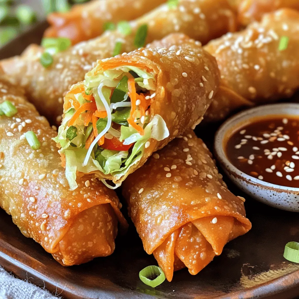 Here’s what you need for easy veggie egg rolls. These ingredients make a tasty filling that everyone will love. - 1 cup green cabbage, finely shredded - 1 cup carrots, grated - 1 red bell pepper, diced - 1/2 cup bean sprouts - 2 green onions, chopped - 3 cloves garlic, minced - 1 tablespoon fresh ginger, grated - 2 tablespoons soy sauce - 1 teaspoon sesame oil - 1 package egg roll wrappers - Oil for frying - Salt and pepper to taste These fresh veggies give your egg rolls a great crunch and flavor. Feel free to change some veggies if you like. You can check out the full recipe for more details on how to make them. First, heat 1 tablespoon of oil in a skillet over medium heat. Add 3 cloves of minced garlic and 1 tablespoon of grated ginger. Sauté for about 1 minute. The smell will be amazing! Next, toss in 1 cup of shredded green cabbage, 1 cup of grated carrots, 1 diced red bell pepper, and 1/2 cup of bean sprouts. Stir-fry these veggies for about 5 minutes. You want them to soften just a bit. Now, season your mixture with 2 tablespoons of soy sauce, 1 teaspoon of sesame oil, and salt and pepper to taste. Mix well and cook for another 2-3 minutes. Once done, remove it from heat and let it cool slightly. Now comes the fun part! Lay out an egg roll wrapper on a clean surface. Make sure one corner is facing you. Place about 2 tablespoons of your veggie filling in the center. Fold the bottom corner over the filling. Then, fold in the sides and roll it tightly to the top corner. To seal the egg roll, use a little water. This helps keep it closed. Repeat this process with the remaining wrappers and filling. For cooking, heat about an inch of oil in a deep pan or fryer to 350°F (175°C). Carefully fry the egg rolls in batches. Be sure not to overcrowd the pan. Fry for about 3-4 minutes on each side. You want them golden brown and crispy. Once done, use a slotted spoon to remove them and drain on paper towels. This will soak up any extra oil. Enjoy your crispy veggie delight! Check out the Full Recipe for more details. - Ideal oil temperature for frying: Heat your oil to 350°F (175°C). This is the sweet spot for crispy egg rolls. Use a thermometer for accuracy. If the oil is too cool, the egg rolls will soak up oil and become greasy. - Avoiding soggy egg rolls: To keep them crispy, do not overcrowd the pan when frying. Fry in small batches. Also, drain the cooked egg rolls on paper towels to remove excess oil. This helps maintain crispiness. - Recommended sauces and garnishes: Serve your egg rolls with sweet chili sauce or soy sauce for dipping. These add a nice kick. Garnish with sesame seeds and sliced green onions for a fresh touch. This not only enhances flavor but also makes your dish look appealing. - How to tweak the filling for taste: You can customize the filling based on your taste. Try adding mushrooms for an earthy flavor or some spice with chopped jalapeños. Fresh herbs like cilantro or basil can also boost freshness. Adjust the soy sauce for saltiness, and feel free to experiment with different veggies. For the full recipe, check out the Crispy Veggie Delight Egg Rolls section. {{image_2}} You can change up the filling to your taste. Here are some ideas: - Alternative vegetables: Try using mushrooms, zucchini, or spinach. These add flavor and color. You can also mix in broccoli or corn for extra crunch. - Vegetarian protein options: Consider adding tofu or tempeh. These options give a nice texture and boost protein. You could also use chickpeas or lentils for a hearty filling. You can make your egg rolls healthier with simple swaps: - Baking vs. frying: Baking is a great way to enjoy egg rolls with less oil. Brush them with a little oil and bake at 400°F (200°C) for about 20 minutes. Flip them halfway for even cooking. - Gluten-free wrapper options: If you want a gluten-free version, look for rice paper or corn tortillas. These can hold your filling well and are easy to work with. Just soak the rice paper before wrapping. For the full recipe, check out the Crispy Veggie Delight Egg Rolls section. Enjoy experimenting! To store uncooked egg rolls, you can freeze them for later use. First, lay them out in a single layer on a baking sheet. Make sure they don’t touch each other. This will prevent them from sticking. Place the sheet in the freezer for about one to two hours. Once they are frozen, transfer them to a zip-top bag. This keeps them fresh and ready for cooking. When you want to cook them, you can fry them straight from the freezer. There is no need to thaw. Just add a few extra minutes to the frying time. This way, you get crispy, delicious egg rolls every time. To store cooked egg rolls, let them cool to room temperature first. Then, place them in an airtight container. It is best to put parchment paper between layers to prevent sticking. You can keep them in the fridge for about three to four days. When reheating, use an oven or air fryer. This will help keep them crispy. Preheat your oven to 350°F (175°C). Place the egg rolls on a baking sheet and heat for about 10 minutes. If using an air fryer, set it to 350°F and heat for about 5 to 7 minutes. Enjoy your egg rolls again without losing that tasty crunch! To get a crunchy texture, follow these tips: - Use Cold Oil: Start with cold oil when frying. This helps the egg rolls crisp up nicely. - Do Not Overcrowd: Fry in small batches. Too many at once will lower the oil temperature. - Drain Well: After frying, place them on a rack or paper towel. This helps keep them crispy. Yes, you can prepare them in advance! Here’s how: - Prepare the Filling: You can make the filling a day early. Store it in the fridge. - Wrap Them Later: Wrap the egg rolls just before frying. This keeps them fresh and crisp. - Freeze Uncooked Rolls: If you want to prepare ahead, freeze uncooked egg rolls. This works well for later. Here are some great dipping sauces: - Sweet Chili Sauce: It adds a sweet and spicy kick. - Soy Sauce: A classic choice that complements the flavors. - Peanut Sauce: For a nutty twist, this is a tasty option. Leftover egg rolls can last in the fridge for about three days. - Store in an Airtight Container: This keeps them fresh longer. - Reheat in Oven: For best results, reheat them in the oven. This helps restore their crunch. For the full recipe, check the Crispy Veggie Delight Egg Rolls section above! In this blog post, I shared a simple recipe for delicious veggie egg rolls. You learned about the ingredients, preparation steps, and cooking methods. With tips, variations, and storage info, making these egg rolls is easy. Try the simple techniques, and enjoy your tasty treats. Customize your filling for more fun flavors. You'll impress your friends with this tasty snack that's fresh and healthy!