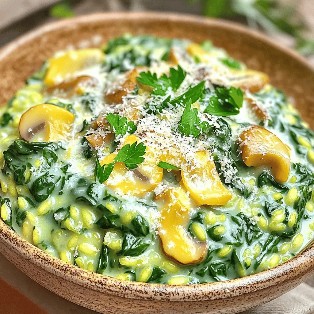 When making creamy spinach and mushroom risotto, you need a few key ingredients. Each one helps create the rich, savory flavor we love. Here’s what you will need: - Arborio rice - Vegetable broth - Fresh spinach - Mushrooms - Onion and garlic - Parmesan cheese and cream - Olive oil, salt, and pepper - Fresh parsley for garnish Arborio rice is the star here. It has a high starch content, giving the risotto its creamy texture. I recommend using vegetable broth to keep the dish light and vegetarian-friendly. Fresh spinach adds color and nutrition, while mushrooms bring an earthy taste. For the base flavor, onion and garlic are a must. They sauté beautifully and give depth. Parmesan cheese and cream make the risotto rich and smooth. Olive oil helps everything cook well, and salt and pepper add necessary seasoning. Finally, fresh parsley gives a pop of color and freshness. It’s the finishing touch that makes your risotto look appealing. By using these ingredients, you create a dish that’s not only delicious but also visually stunning. For the full recipe, check out the [Full Recipe]. 1. Heating the vegetable broth Start by placing four cups of vegetable broth in a saucepan. Heat it over low heat. Keeping it warm helps the rice cook evenly. 2. Sautéing onion and garlic In a large skillet, pour in two tablespoons of olive oil. Heat it on medium. Add one finely chopped onion. Stir and cook until it looks translucent, about three to four minutes. Next, add three minced garlic cloves. Cook for one to two minutes until it smells great. 3. Cooking mushrooms Now, add one cup of sliced mushrooms. You can pick any type you like. Season with one teaspoon of salt and half a teaspoon of black pepper. Cook for five to six minutes, stirring often, until they turn golden and release their moisture. 1. Toasting the Arborio rice Stir in one cup of Arborio rice next. Toast it for one to two minutes. You want the grains to look slightly translucent. 2. Adding broth gradually Begin to add the warm vegetable broth. Use one ladle at a time. Stir often and let the rice absorb most of the liquid before adding more. Repeat this for about 18 to 20 minutes. The rice should be creamy and slightly chewy. 3. Incorporating spinach, cheese, and cream When the rice is cooked, stir in one cup of chopped fresh spinach. Let it wilt. Then, take the skillet off heat. Fold in half a cup of grated parmesan cheese and a quarter cup of cream. Mix until everything is creamy and well combined. Don’t forget to taste and adjust the seasoning if you need to. For the complete instructions, check the [Full Recipe]. To make the best risotto, you need to stir often. This movement helps release the starch from the rice. The starch is what makes your risotto creamy. Use a wooden spoon for stirring. It gives you control and helps avoid sticking. If the risotto gets too thick, add a splash of broth. This will help bring it back to a creamy state. For added flavor, consider a splash of white wine. It truly enhances the taste of the dish. If you want to switch things up, try using different grains. Quinoa or farro can work well in this dish. For those avoiding dairy, use coconut cream instead of regular cream. Nutritional yeast can replace parmesan cheese for a cheesy flavor without dairy. If you want to add protein, consider cooked chicken or shrimp. You can also toss in some beans for a vegetarian protein boost. These substitutions keep the dish exciting and suited to your preferences. For the complete recipe, refer to the Full Recipe section. {{image_2}} You can make your creamy spinach and mushroom risotto special by adding seasonal vegetables. For spring, try peas or asparagus. In summer, fresh zucchini and corn add sweetness. Fall brings delicious squash, while winter can feature root vegetables like carrots or turnips. Each season offers a new flavor twist. Different types of mushrooms can change the taste, too. Common button mushrooms work well, but you can also use shiitake, cremini, or portobello. Each type brings its unique flavor and texture. Mixing a few types can add depth to your dish. Flavoring with herbs and spices can elevate your risotto. Fresh herbs like basil or thyme add brightness. A hint of nutmeg or red pepper flakes can bring warmth and spice. Experiment with what you have on hand to keep it exciting. Pair your risotto with proteins to make a complete meal. Grilled chicken, shrimp, or salmon are great options. They complement the creamy flavors of the risotto perfectly. For a vegetarian choice, add roasted chickpeas for protein and crunch. Accompaniments like a fresh salad or crusty bread work well. A bright green salad adds a refreshing crunch. Bread can soak up the creamy sauce, making each bite satisfying. For presentation ideas, serve the risotto warm in bowls. Garnish with fresh parsley and a sprinkle of parmesan on top for a visual pop. This simple touch makes your dish look gourmet and inviting. Check out the Full Recipe for detailed steps to craft this delightful dish. To store risotto leftovers, cool it to room temperature first. Then, place it in an airtight container. It will stay fresh for about three days in the fridge. When reheating, add a splash of broth or cream. This helps bring back its creamy texture. Heat it gently on the stove or in the microwave. Stir often for even warming. You can freeze risotto, but it may change texture. To freeze, let the risotto cool completely. Then, spoon it into freezer bags or containers. Remove as much air as possible before sealing. It can last up to three months in the freezer. When you’re ready to eat, thaw it overnight in the fridge. Reheat on low heat, adding broth or cream to restore creaminess. Enjoy your creamy spinach and mushroom risotto again! For the full recipe, check the section above. How to best reheat risotto? To reheat risotto, add a little broth or water. Heat it gently on low. Stir often until warm. This keeps it creamy. Can I make risotto ahead of time? Yes, you can make risotto ahead. Cook it until just al dente. Let it cool, then store in the fridge. Reheat later with broth. What can I do if my risotto is too thick? If your risotto is too thick, add warm broth. Stir it in slowly until you reach the right creaminess. Is risotto gluten-free? Yes, risotto is gluten-free. Just use Arborio rice, which is naturally gluten-free. Can I use different types of rice? You can use other short-grain rice. Arborio is best for creamy texture, but Carnaroli or Vialone Nano work too. What are the nutritional values for this risotto? This risotto has good carbs from rice, healthy fats from olive oil, and protein from cheese. Each serving has about 300 calories. For full nutritional values, refer to the Full Recipe. This blog post covered how to make delicious risotto with simple steps. We looked at key ingredients, preparation, cooking tips, variations, and storage info. Remember to stir well and adjust the texture as needed. You can also get creative with ingredients to fit your taste. Whether you're a beginner or a pro, risotto is a dish you can master. Enjoy making it your own and share it with others!