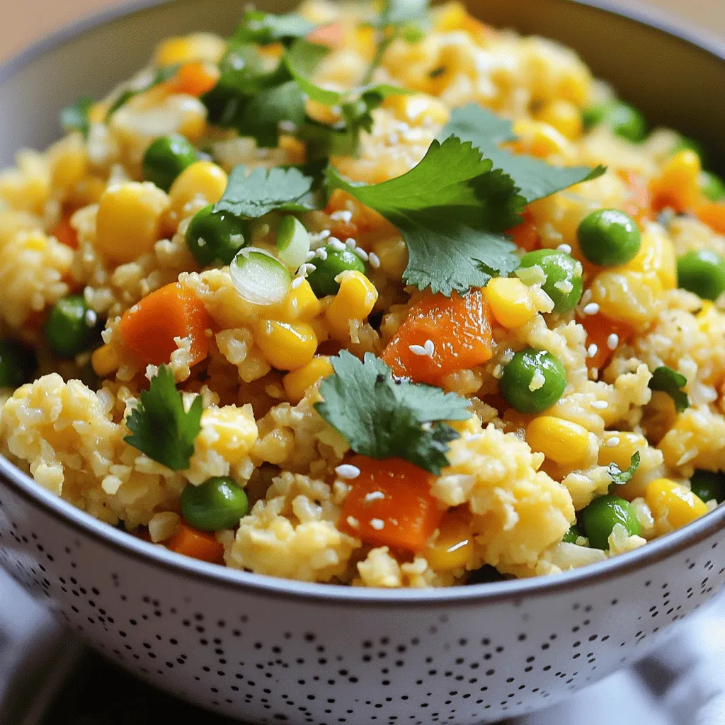 - 1 medium head of cauliflower - 1 cup mixed vegetables - 2 eggs - 2 cloves garlic - 3 tablespoons soy sauce - 1 tablespoon sesame oil - Salt and pepper - Optional: chili flakes and fresh cilantro Cauliflower fried rice is a quick and tasty meal. The main ingredient is cauliflower. I love using a medium head of cauliflower because it gives the dish a great texture. You can rice the cauliflower using a box grater or a food processor. This step makes it easy to mix with other ingredients. Next, you need mixed vegetables. I suggest using peas, carrots, and corn. They add color and flavor. This dish is also a great way to use any leftover veggies you have. Two eggs bring extra protein and richness. Scrambling them in the pan adds a nice touch. For flavor, garlic is a must! It gives the dish a wonderful aroma. I use two cloves to keep it balanced. Soy sauce ties everything together with savory notes. Three tablespoons is the perfect amount. Lastly, a tablespoon of sesame oil adds a warm, nutty flavor. You can season your dish with salt and pepper. If you like heat, add chili flakes. Fresh cilantro gives a fresh finish. You can find the full recipe in the earlier section. Enjoy making this easy and healthy meal! - Grate or rice the cauliflower. - Choose your method: food processor or box grater. To start, you need to prepare the cauliflower. Take one medium head of cauliflower. You can either use a food processor or a box grater. If using a food processor, pulse it until it looks like rice. If you prefer the box grater, just grate it down to size. This step is key as it forms the base of your dish. - Sauté onions and garlic. - Scramble the eggs in the pan. Next, heat a large pan or wok over medium heat. Add one tablespoon of sesame oil, then toss in the chopped onion and minced garlic. Sauté them for about 2 to 3 minutes until they smell great and look soft. Then, move the onion and garlic to one side of the pan. Pour in the beaten eggs on the other side. Scramble them until fully cooked, then mix everything together. - Add mixed vegetables. - Incorporate the riced cauliflower. Now it’s time to add flavor. Toss in one cup of mixed vegetables like peas, carrots, and corn. Stir them around for another 2 to 3 minutes until they are warm. Then, add the riced cauliflower to the pan. Mix everything well and stir-fry for 5 to 7 minutes. The goal is to make the cauliflower tender but not mushy. - Season with soy sauce and spices. - Stir in green onions. Finally, drizzle in 3 tablespoons of soy sauce. Mix it in well to coat all the ingredients. Season with salt, pepper, and optional chili flakes for some heat. Lastly, add sliced green onions and cook for one more minute. This gives the dish a fresh crunch. For the full experience, check out the Full Recipe. Enjoy your tasty cauliflower fried rice! To get cauliflower fried rice just right, avoid overcooking the cauliflower. Cook it until tender but still firm. Using high heat for stir-frying is key. High heat helps achieve that nice, slightly crispy texture. You can change up the veggies in this dish. Use any mixed vegetables you like, such as bell peppers, broccoli, or snap peas. For added flavor, consider adding protein. Chicken, shrimp, or even tofu work well. Just cook the protein first, then mix it with the veggies and cauliflower. Pair your cauliflower fried rice with a simple salad or steamed veggies. This adds color and nutrition to your meal. For portion sizes, I suggest about one cup per person. This way, you get a filling meal without overdoing it. {{image_2}} If you want a vegetarian version, just omit the eggs. This keeps the dish light and plant-based. You can use tofu instead. Tofu adds protein and a nice texture. Try pressing the tofu first to remove excess water. Then cube it and sauté it with the onions. This gives you a hearty meal. For more low-carb options, you can add vegetables like zucchini or bell peppers. These veggies blend well in the dish and keep it fresh. Using cauliflower rice instead of traditional rice cuts down on carbs. It also keeps the dish light while still being filling. Spice things up by adding flavors from different cuisines. For an Asian twist, try adding ginger or sesame seeds. If you prefer a Mexican vibe, add cumin and diced tomatoes. This makes your cauliflower fried rice unique and fun. Explore different spices to match your mood and taste. To keep your cauliflower fried rice fresh, store it in the fridge. Place it in an airtight container. This helps to lock in flavor. Make sure it cools down before sealing. You can use glass or plastic containers. They both work well for storage. If you want to freeze cauliflower fried rice, let it cool first. Once cool, portion it into freezer bags. Flatten the bags to save space. Squeeze out as much air as possible. This helps prevent freezer burn. It can last up to three months in the freezer. When you’re ready to eat, simply thaw it in the fridge overnight. When reheating, I recommend using the stovetop. This method keeps the texture nice. Heat a bit of oil in a pan and add the rice. Stir it often to heat evenly. If you prefer the microwave, use a microwave-safe dish. Cover it with a damp paper towel to retain moisture. Heat in short bursts, stirring in between, until hot. This keeps the cauliflower from getting too mushy. Yes, you can make this dish ahead. Meal prepping works well for cauliflower fried rice. Make your batch and store it in the fridge. Use airtight containers to keep it fresh. I suggest using it within three days for the best taste. Cauliflower fried rice is great for meal prep. In the fridge, it lasts about three days. You can freeze it too, which keeps it good for up to three months. Freezing helps preserve flavor and texture. Just make sure to cool it before freezing. To add spice, consider using chili flakes or hot sauce. Start with a small amount and taste as you go. You can also add fresh jalapeños or sriracha for extra heat. Adjust it to your spice level for a perfect kick. Yes, frozen cauliflower rice works well too. It saves time and is easy to use. Cook it straight from the freezer. Just add it to the pan with your other ingredients. Stir-fry it until heated through, about five to seven minutes. Cauliflower fried rice is a tasty dish. You learned how to make it with simple ingredients. We covered the key steps to create a delicious meal. Remember to adjust flavors to fit your taste. You can modify the recipe for different diets too. Keep leftovers stored well, and freeze what you won't eat. This dish is easy to enjoy anytime. Try all the variations to find your favorite. With these tips, you can create a quick, healthy meal that impresses.