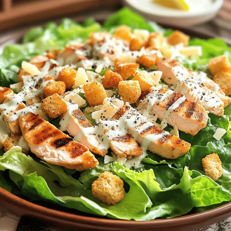 - 2 boneless, skinless chicken breasts - 1 head romaine lettuce, chopped - 1 cup croutons - 1/2 cup grated Parmesan cheese - 1/4 cup Caesar dressing The main ingredients are simple and fresh. I love using boneless, skinless chicken breasts because they cook quickly and stay juicy. Romaine lettuce adds a nice crunch, while croutons give texture. The Parmesan cheese melts slightly with the warm chicken, creating a creamy bite. Caesar dressing ties everything together with its tangy flavor. - Anchovy fillets - Additional seasonings (salt, pepper, lemon juice) You can add anchovy fillets for a bold taste. Some people love this flavor, while others may prefer to skip it. Salt and pepper are classic seasonings that help bring out the best in the chicken. A splash of lemon juice adds brightness to the salad. - Store-bought vs. homemade Caesar dressing You can choose between store-bought and homemade Caesar dressing. Store-bought is quick and easy, saving you time. However, making your own allows you to control the flavors. I like to use a homemade dressing when I have extra time. It adds a personal touch to my salad. For the full recipe, check out the complete guide. Start by preheating your grill or skillet over medium-high heat. This step is key for getting good sear marks on your chicken. Next, brush both sides of the chicken breasts with olive oil. Then sprinkle salt and pepper on each side. This simple seasoning will enhance the chicken's flavor. Once your grill or skillet is hot, place the chicken on it. Cook each side for about 6 to 7 minutes. You want the chicken to reach an internal temperature of 165°F (75°C). After cooking, let the chicken rest for a few minutes. Resting helps keep the juices inside, making the chicken more tender. After that, slice it thinly for the salad. In a large salad bowl, add the chopped romaine lettuce. This will be the base of your salad. Next, toss in the croutons, sliced chicken, and grated Parmesan cheese. These ingredients mix well and create a hearty meal. Now for the dressing! Drizzle Caesar dressing and lemon juice over the salad. Toss everything gently to coat the ingredients in the dressing. Be careful not to bruise the lettuce; you want it to stay crisp. This salad is a great mix of flavors and textures. For the full recipe, you can check out the details. To make juicy chicken, start with fresh chicken breasts. Use a meat thermometer to check the internal temp. It should reach 165°F (75°C). This ensures the chicken stays moist and safe to eat. For marinating, you can use simple flavors. A mix of olive oil, lemon juice, garlic, and herbs works great. Let the chicken sit in the marinade for at least 30 minutes. This adds flavor and tenderness. You can also marinate it overnight for even better taste. Homemade croutons are easy to make. Just cut bread into cubes, toss with olive oil, salt, and herbs, and bake until golden. This adds a nice crunch to your salad. For the best croutons, choose bread with a crust. Sourdough or French bread gives a great texture. Avoid soft bread as it won’t hold up in the salad. Making your own Caesar dressing is simple. Start with mayonnaise, garlic, lemon juice, Worcestershire sauce, and Parmesan cheese. Blend until smooth. This way, you control the flavor and ingredients. Adjust the dressing to fit your taste. If you like it tangy, add more lemon juice. For a creamier texture, mix in extra mayo. Tweak it until it’s just right for you. Try these tips with the full recipe for a tasty Chicken Caesar Salad. Enjoy! {{image_2}} You can make a grilled chicken Caesar salad by changing the cooking method. Grilling gives chicken a smoky flavor that enhances the dish. You simply follow the same steps from the classic recipe, but grill the chicken instead of cooking it in a skillet. To add more flavor, brush the chicken with a mix of olive oil, garlic, and herbs. You can also sprinkle some paprika for a bit of heat. Grilled veggies, like zucchini or bell peppers, make a great addition too. If you want to switch things up, use shrimp instead of chicken. Shrimp cooks quickly and adds a nice twist. Start with peeled and deveined shrimp for ease. Cook the shrimp in a pan with olive oil over medium-high heat. Sauté for about 2-3 minutes on each side until they turn pink. Then, toss the cooked shrimp into your salad just like you would with chicken. This keeps the dish light and fresh. For a vegetarian version, you can replace chicken with chickpeas or grilled tofu. Both options add protein and texture. To make it even tastier, roast some vegetables like carrots, broccoli, or bell peppers. Roasting brings out their natural sweetness. Mix these with the romaine lettuce, croutons, and Caesar dressing for a hearty meal. For the full recipe, check out the complete details to enjoy this delicious salad! To keep your Chicken Caesar Salad fresh, store the components separately. Here’s how: - Chicken: Place sliced chicken in an airtight container. - Lettuce: Keep chopped romaine in a dry container. - Croutons: Store in a sealed bag to keep them crunchy. - Dressing: Keep Caesar dressing in its original bottle or a jar. You can store these items in the fridge for up to three days. After that, the quality may drop. When you're ready to enjoy the chicken again, follow these steps: - Reheat Chicken: Warm it in a skillet over medium heat. Cook for about 3-4 minutes until heated through. - Fresh Salad: Avoid reheating the lettuce or croutons. Just add the warm chicken on top of fresh greens. This way, your salad stays crisp and the chicken remains juicy. Enjoy the taste of a freshly made meal with every bite! For the full recipe, check out Crispy Delight Chicken Caesar Salad. Caesar salad began in the 1920s. It was made by Caesar Cardini, an Italian immigrant in Mexico. He wanted to create a dish that was fresh and tasty. The salad quickly gained fame and spread worldwide. Many places now offer their own versions. Some add grilled chicken, bacon, or even shrimp. You can find many spins on this classic dish. Yes, you can make this salad ahead of time! To do this, prepare the chicken and lettuce separately. Cook the chicken and let it cool. Slice it thinly and store it in a container. Keep the lettuce washed and chopped in another container. You can mix the croutons and dressing separately too. Combine everything right before serving. This way, your salad stays fresh and crunchy. Caesar salad offers a mix of nutrients. The romaine lettuce provides vitamins A and K. Chicken adds protein, which is great for muscles. However, the dressing and cheese can add extra calories and fat. To make it healthier, you can use less dressing or a lighter version. You can also skip the cheese or add more veggies. This way, you keep the taste while making it better for you. This blog post covers making a classic Caesar salad, from choosing ingredients to cooking methods. You learned how to prep and grill chicken, assemble your salad, and make croutons. I shared tips for juicy chicken and homemade dressing options. Remember to store leftovers properly to last longer. You can even make this salad your own with variations. Enjoy your tasty creation and impress your family with a fresh salad next meal!
